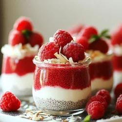 Um diesen leckeren Pudding zu machen, brauchen wir ein paar einfache Zutaten. Hier sind die Hauptzutaten: - 1 Tasse Kokosmilch - 1/2 Tasse frische Himbeeren (plus extra zum Garnieren) - 1/4 Tasse Chia-Samen - 2 Esslöffel Ahornsirup (oder Honig) - 1 Teelöffel Vanilleextrakt - Eine Prise Salz - Geröstete Kokosnussflocken zum Garnieren Diese Zutaten geben dem Pudding einen tollen Geschmack und eine schöne Textur. Falls du einige Zutaten nicht hast, gibt es Alternativen. Du kannst die Kokosmilch durch Mandel- oder Hafermilch ersetzen. Die Himbeeren können durch Erdbeeren oder Blaubeeren ersetzt werden. Ahornsirup kann auch durch Honig oder Agavendicksaft ersetzt werden. Diese Optionen bieten eine ähnliche Süße und machen dein Dessert trotzdem lecker. Frische Himbeeren sind wichtig für den Geschmack. Achte darauf, dass die Beeren fest und glänzend sind. Sie sollten keine matschigen Stellen oder Schimmel haben. Wenn die Himbeeren süß und duftend sind, sind sie wahrscheinlich frisch. Lagere sie im Kühlschrank und verwende sie schnell, damit sie nicht verderben. So erhältst du den besten Geschmack für deinen Pudding. {{ingredient_image_2}} Um den Kokos-Raspberry Chia-Pudding zu machen, benötigen wir frische Zutaten. Hier sind die Zutaten, die du brauchst: - 1 Tasse Kokosmilch - 1/2 Tasse frische Himbeeren (plus extra zum Garnieren) - 1/4 Tasse Chia-Samen - 2 Esslöffel Ahornsirup (oder Honig) - 1 Teelöffel Vanilleextrakt - Eine Prise Salz - Geröstete Kokosnussflocken zum Garnieren Zuerst stelle sicher, dass du alles bereit hast. Frische Himbeeren sind wichtig für den Geschmack. Achte darauf, dass sie reif und fest sind. Beginne mit einer großen Rührschüssel. Mische die Kokosmilch, den Ahornsirup, den Vanilleextrakt und das Salz. Rühre alles gut mit einem Schneebesen zusammen. Du willst, dass sich die Zutaten gut vermischen. Jetzt ist es Zeit für die Chia-Samen. Streue sie in die Mischung und rühre sie gut ein. Achte darauf, dass die Samen gleichmäßig verteilt sind. Füge dann vorsichtig die Himbeeren hinzu. Rühre sie sanft unter, damit sie ganz bleiben. Wenn alles gut vermischt ist, decke die Schüssel ab oder fülle die Mischung in Gläser. Das ist praktisch für das Kühlen. Stelle sie dann in den Kühlschrank für mindestens 4 Stunden oder über Nacht. Rühre gelegentlich um, um Klumpen zu vermeiden. Wenn der Pudding die richtige Konsistenz erreicht hat, rühre ihn nochmals gut durch. Jetzt ist der Pudding bereit zum Servieren. Garniere jeden Pudding mit frischen Himbeeren und einer Prise gerösteten Kokosnussflocken. Das gibt einen schönen Crunch und sieht toll aus. Präsentiere den Pudding in klaren Gläsern, um die Farben zu zeigen. Ein Spritzer frische Minze obenauf macht das Gericht noch schöner und frischer. So wird dein Kokos-Raspberry Chia-Pudding zum echten Hingucker! Ein häufiger Fehler ist, die Chia-Samen nicht gut zu vermischen. Wenn sie klumpen, wird der Pudding nicht gleichmäßig. Achte darauf, die Samen gleichmäßig in die Flüssigkeit zu streuen und gut umzurühren. Ein weiterer Fehler ist, den Pudding nicht lange genug zu kühlen. Wenn du ihn zu früh servierst, wird er nicht fest. Lasse ihn mindestens vier Stunden oder über Nacht im Kühlschrank. Die richtige Konsistenz ist wichtig für einen tollen Chia-Pudding. Du solltest ein Verhältnis von 1:4 Chia-Samen zu Flüssigkeit haben. Das bedeutet, für jede 1/4 Tasse Chia-Samen brauchst du 1 Tasse Flüssigkeit. Wenn du es cremiger magst, kannst du mehr Kokosmilch hinzufügen. Rühre den Pudding nach dem Kühlen einmal gut um. So wird er schön gleichmäßig und geschmeidig. Die Garnierung macht deinen Pudding noch schöner. Du kannst frische Himbeeren oben drauflegen. Das gibt einen schönen Farbkontrast. Geröstete Kokosnussflocken fügen einen tollen Crunch hinzu. Wenn du etwas Frisches magst, füge Minzblätter hinzu. Diese Garnierungen machen deinen Pudding nicht nur lecker, sondern auch ansprechend. Pro Tipps Die perfekte Konsistenz: Stellen Sie sicher, dass der Pudding mindestens 4 Stunden oder über Nacht im Kühlschrank bleibt, damit die Chia-Samen vollständig aufquellen und eine cremige Textur entsteht. Frische Himbeeren: Verwenden Sie frische Himbeeren, um den Pudding zu verfeinern. Sie können auch gefrorene Himbeeren verwenden, aber achten Sie darauf, sie vorher aufzutauen und abtropfen zu lassen. Variationen hinzufügen: Experimentieren Sie mit anderen Beeren oder Früchten, wie Heidelbeeren oder Mango, um verschiedene Geschmacksrichtungen zu kreieren. Optimaler Genuss: Servieren Sie den Pudding in klaren Gläsern, um die schönen Schichten zu zeigen, und fügen Sie frische Minze als Garnitur hinzu, um einen zusätzlichen Frischekick zu geben. {{image_4}} Du kannst viele Früchte für deinen Chia-Pudding verwenden. Erdbeeren, Mangos oder Bananen passen gut. Diese Früchte bringen eine neue Note. Sie sorgen für verschiedene Geschmäcker und Farben. Probiere auch gefrorene Früchte aus. Diese sind oft günstiger und du kannst sie das ganze Jahr nutzen. Wenn du eine vegane Version möchtest, ersetze den Honig durch Agavendicksaft. Das macht den Pudding komplett pflanzlich. Du kannst auch andere Süßstoffe wie Stevia verwenden. Diese sind kalorienarm und zuckerfrei. Achte darauf, die Menge anzupassen, da sie süßer sind. Gewürze können deinem Pudding mehr Tiefe geben. Eine Prise Zimt oder Muskatnuss macht viel aus. Auch ein Schuss Kokosnuss- oder Mandelextrakt ist lecker. Diese Aromen geben deinem Pudding einen besonderen Twist. Experimentiere mit verschiedenen Kombinationen. So findest du deinen perfekten Geschmack. Um den Kokos-Raspberry Chia Pudding frisch zu halten, benutze luftdichte Behälter. Diese Behälter verhindern, dass Luft und Feuchtigkeit eindringen. Das hilft, den Geschmack und die Textur zu bewahren. Wenn du den Pudding in Gläsern aufbewahrst, decke sie gut ab. So bleibt alles sauber und lecker. Der Pudding hält sich im Kühlschrank bis zu fünf Tage. Achte darauf, ihn gut abzudecken. Überprüfe die Konsistenz vor dem Servieren. Wenn er zu fest ist, füge etwas Kokosmilch hinzu und rühre gut um. Das macht ihn wieder cremiger. Wenn du Reste hast, kannst du kreativ werden. Verwende den Pudding in Smoothies oder als Topping für Joghurt. Du kannst ihn auch in Pancakes oder Waffeln einarbeiten. So gibst du deinen Gerichten einen leckeren Kokos- und Himbeergeschmack. Chia-Samen sind sehr nahrhaft. Sie haben viele Ballaststoffe, die gut für die Verdauung sind. Diese Samen sind auch reich an Omega-3-Fettsäuren, die gut für das Herz sind. Sie enthalten Antioxidantien, die den Körper schützen. Außerdem helfen sie, den Blutzuckerspiegel stabil zu halten. Wenn du Chia-Samen in deinen Pudding gibst, bekommst du also viele Vorteile. Wenn du den Pudding schneller kühlen willst, gibt es ein paar Tricks. Du kannst die Mischung in kleinere Gläser oder Schalen umfüllen. So kühlt sie schneller. Eine weitere Möglichkeit ist, das Glas in ein Eisbad zu stellen. Fülle ein größeres Gefäß mit Eis und Wasser und stelle das Glas hinein. Rühre die Mischung gelegentlich um, um eine gleichmäßige Kühlung zu erreichen. Ja, du kannst den Pudding einfrieren. Stelle sicher, dass du ihn in einem luftdichten Behälter aufbewahrst. Der Pudding hält sich gut für etwa einen Monat im Gefrierfach. Wenn du ihn essen möchtest, lasse ihn im Kühlschrank auftauen. Rühre ihn danach gut durch, um die Textur zu verbessern. So hast du einen leckeren Snack zur Hand, wenn du ihn brauchst. In diesem Artikel haben wir den Kokos-Raspberry Chia-Pudding ausführlich besprochen. Wir haben die wichtigsten Zutaten erklärt, Alternativen angeboten und Tipps zur Auswahl frischer Himbeeren gegeben. Die Schritt-für-Schritt-Anleitung machte das Zubereiten einfach. Tipps und Tricks halfen, häufige Fehler zu vermeiden und die perfekte Konsistenz zu erreichen. Variationen boten neue Ideen, und die Lagerungshinweise sorgten für lange Haltbarkeit. Jetzt bist du bereit, deinen eigenen köstlichen Chia-Pudding zu machen und zu genießen. Viel Spaß beim Ausprobieren!