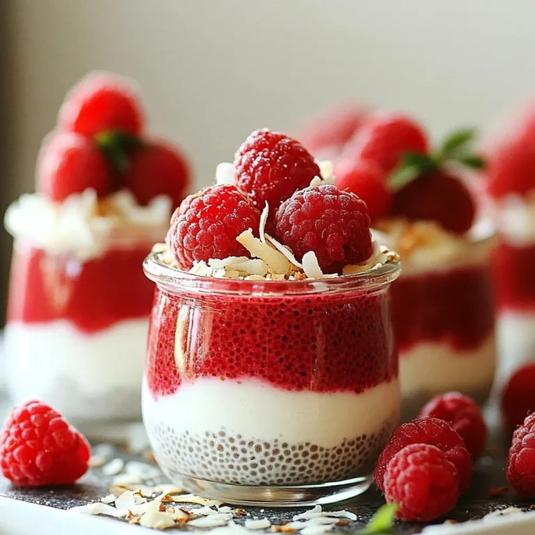 Um diesen leckeren Pudding zu machen, brauchen wir ein paar einfache Zutaten. Hier sind die Hauptzutaten: - 1 Tasse Kokosmilch - 1/2 Tasse frische Himbeeren (plus extra zum Garnieren) - 1/4 Tasse Chia-Samen - 2 Esslöffel Ahornsirup (oder Honig) - 1 Teelöffel Vanilleextrakt - Eine Prise Salz - Geröstete Kokosnussflocken zum Garnieren Diese Zutaten geben dem Pudding einen tollen Geschmack und eine schöne Textur. Falls du einige Zutaten nicht hast, gibt es Alternativen. Du kannst die Kokosmilch durch Mandel- oder Hafermilch ersetzen. Die Himbeeren können durch Erdbeeren oder Blaubeeren ersetzt werden. Ahornsirup kann auch durch Honig oder Agavendicksaft ersetzt werden. Diese Optionen bieten eine ähnliche Süße und machen dein Dessert trotzdem lecker. Frische Himbeeren sind wichtig für den Geschmack. Achte darauf, dass die Beeren fest und glänzend sind. Sie sollten keine matschigen Stellen oder Schimmel haben. Wenn die Himbeeren süß und duftend sind, sind sie wahrscheinlich frisch. Lagere sie im Kühlschrank und verwende sie schnell, damit sie nicht verderben. So erhältst du den besten Geschmack für deinen Pudding. {{ingredient_image_2}} Um den Kokos-Raspberry Chia-Pudding zu machen, benötigen wir frische Zutaten. Hier sind die Zutaten, die du brauchst: - 1 Tasse Kokosmilch - 1/2 Tasse frische Himbeeren (plus extra zum Garnieren) - 1/4 Tasse Chia-Samen - 2 Esslöffel Ahornsirup (oder Honig) - 1 Teelöffel Vanilleextrakt - Eine Prise Salz - Geröstete Kokosnussflocken zum Garnieren Zuerst stelle sicher, dass du alles bereit hast. Frische Himbeeren sind wichtig für den Geschmack. Achte darauf, dass sie reif und fest sind. Beginne mit einer großen Rührschüssel. Mische die Kokosmilch, den Ahornsirup, den Vanilleextrakt und das Salz. Rühre alles gut mit einem Schneebesen zusammen. Du willst, dass sich die Zutaten gut vermischen. Jetzt ist es Zeit für die Chia-Samen. Streue sie in die Mischung und rühre sie gut ein. Achte darauf, dass die Samen gleichmäßig verteilt sind. Füge dann vorsichtig die Himbeeren hinzu. Rühre sie sanft unter, damit sie ganz bleiben. Wenn alles gut vermischt ist, decke die Schüssel ab oder fülle die Mischung in Gläser. Das ist praktisch für das Kühlen. Stelle sie dann in den Kühlschrank für mindestens 4 Stunden oder über Nacht. Rühre gelegentlich um, um Klumpen zu vermeiden. Wenn der Pudding die richtige Konsistenz erreicht hat, rühre ihn nochmals gut durch. Jetzt ist der Pudding bereit zum Servieren. Garniere jeden Pudding mit frischen Himbeeren und einer Prise gerösteten Kokosnussflocken. Das gibt einen schönen Crunch und sieht toll aus. Präsentiere den Pudding in klaren Gläsern, um die Farben zu zeigen. Ein Spritzer frische Minze obenauf macht das Gericht noch schöner und frischer. So wird dein Kokos-Raspberry Chia-Pudding zum echten Hingucker! Ein häufiger Fehler ist, die Chia-Samen nicht gut zu vermischen. Wenn sie klumpen, wird der Pudding nicht gleichmäßig. Achte darauf, die Samen gleichmäßig in die Flüssigkeit zu streuen und gut umzurühren. Ein weiterer Fehler ist, den Pudding nicht lange genug zu kühlen. Wenn du ihn zu früh servierst, wird er nicht fest. Lasse ihn mindestens vier Stunden oder über Nacht im Kühlschrank. Die richtige Konsistenz ist wichtig für einen tollen Chia-Pudding. Du solltest ein Verhältnis von 1:4 Chia-Samen zu Flüssigkeit haben. Das bedeutet, für jede 1/4 Tasse Chia-Samen brauchst du 1 Tasse Flüssigkeit. Wenn du es cremiger magst, kannst du mehr Kokosmilch hinzufügen. Rühre den Pudding nach dem Kühlen einmal gut um. So wird er schön gleichmäßig und geschmeidig. Die Garnierung macht deinen Pudding noch schöner. Du kannst frische Himbeeren oben drauflegen. Das gibt einen schönen Farbkontrast. Geröstete Kokosnussflocken fügen einen tollen Crunch hinzu. Wenn du etwas Frisches magst, füge Minzblätter hinzu. Diese Garnierungen machen deinen Pudding nicht nur lecker, sondern auch ansprechend. Pro Tipps Die perfekte Konsistenz: Stellen Sie sicher, dass der Pudding mindestens 4 Stunden oder über Nacht im Kühlschrank bleibt, damit die Chia-Samen vollständig aufquellen und eine cremige Textur entsteht. Frische Himbeeren: Verwenden Sie frische Himbeeren, um den Pudding zu verfeinern. Sie können auch gefrorene Himbeeren verwenden, aber achten Sie darauf, sie vorher aufzutauen und abtropfen zu lassen. Variationen hinzufügen: Experimentieren Sie mit anderen Beeren oder Früchten, wie Heidelbeeren oder Mango, um verschiedene Geschmacksrichtungen zu kreieren. Optimaler Genuss: Servieren Sie den Pudding in klaren Gläsern, um die schönen Schichten zu zeigen, und fügen Sie frische Minze als Garnitur hinzu, um einen zusätzlichen Frischekick zu geben. {{image_4}} Du kannst viele Früchte für deinen Chia-Pudding verwenden. Erdbeeren, Mangos oder Bananen passen gut. Diese Früchte bringen eine neue Note. Sie sorgen für verschiedene Geschmäcker und Farben. Probiere auch gefrorene Früchte aus. Diese sind oft günstiger und du kannst sie das ganze Jahr nutzen. Wenn du eine vegane Version möchtest, ersetze den Honig durch Agavendicksaft. Das macht den Pudding komplett pflanzlich. Du kannst auch andere Süßstoffe wie Stevia verwenden. Diese sind kalorienarm und zuckerfrei. Achte darauf, die Menge anzupassen, da sie süßer sind. Gewürze können deinem Pudding mehr Tiefe geben. Eine Prise Zimt oder Muskatnuss macht viel aus. Auch ein Schuss Kokosnuss- oder Mandelextrakt ist lecker. Diese Aromen geben deinem Pudding einen besonderen Twist. Experimentiere mit verschiedenen Kombinationen. So findest du deinen perfekten Geschmack. Um den Kokos-Raspberry Chia Pudding frisch zu halten, benutze luftdichte Behälter. Diese Behälter verhindern, dass Luft und Feuchtigkeit eindringen. Das hilft, den Geschmack und die Textur zu bewahren. Wenn du den Pudding in Gläsern aufbewahrst, decke sie gut ab. So bleibt alles sauber und lecker. Der Pudding hält sich im Kühlschrank bis zu fünf Tage. Achte darauf, ihn gut abzudecken. Überprüfe die Konsistenz vor dem Servieren. Wenn er zu fest ist, füge etwas Kokosmilch hinzu und rühre gut um. Das macht ihn wieder cremiger. Wenn du Reste hast, kannst du kreativ werden. Verwende den Pudding in Smoothies oder als Topping für Joghurt. Du kannst ihn auch in Pancakes oder Waffeln einarbeiten. So gibst du deinen Gerichten einen leckeren Kokos- und Himbeergeschmack. Chia-Samen sind sehr nahrhaft. Sie haben viele Ballaststoffe, die gut für die Verdauung sind. Diese Samen sind auch reich an Omega-3-Fettsäuren, die gut für das Herz sind. Sie enthalten Antioxidantien, die den Körper schützen. Außerdem helfen sie, den Blutzuckerspiegel stabil zu halten. Wenn du Chia-Samen in deinen Pudding gibst, bekommst du also viele Vorteile. Wenn du den Pudding schneller kühlen willst, gibt es ein paar Tricks. Du kannst die Mischung in kleinere Gläser oder Schalen umfüllen. So kühlt sie schneller. Eine weitere Möglichkeit ist, das Glas in ein Eisbad zu stellen. Fülle ein größeres Gefäß mit Eis und Wasser und stelle das Glas hinein. Rühre die Mischung gelegentlich um, um eine gleichmäßige Kühlung zu erreichen. Ja, du kannst den Pudding einfrieren. Stelle sicher, dass du ihn in einem luftdichten Behälter aufbewahrst. Der Pudding hält sich gut für etwa einen Monat im Gefrierfach. Wenn du ihn essen möchtest, lasse ihn im Kühlschrank auftauen. Rühre ihn danach gut durch, um die Textur zu verbessern. So hast du einen leckeren Snack zur Hand, wenn du ihn brauchst. In diesem Artikel haben wir den Kokos-Raspberry Chia-Pudding ausführlich besprochen. Wir haben die wichtigsten Zutaten erklärt, Alternativen angeboten und Tipps zur Auswahl frischer Himbeeren gegeben. Die Schritt-für-Schritt-Anleitung machte das Zubereiten einfach. Tipps und Tricks halfen, häufige Fehler zu vermeiden und die perfekte Konsistenz zu erreichen. Variationen boten neue Ideen, und die Lagerungshinweise sorgten für lange Haltbarkeit. Jetzt bist du bereit, deinen eigenen köstlichen Chia-Pudding zu machen und zu genießen. Viel Spaß beim Ausprobieren!