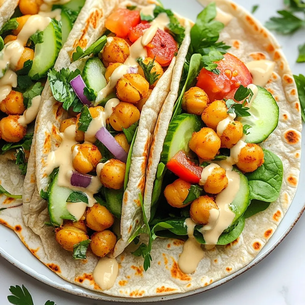 Für die Kichererbsen-Shawarma-Wraps brauchst du einige wichtige Zutaten. Diese Zutaten bilden die Basis für den Wrap und machen ihn lecker: - 1 Dose (425 g) Kichererbsen, abgetropft und abgespült - 4 Vollkorn-Wraps oder Pitabrot Die Kichererbsen sind die Hauptzutat. Sie geben dem Wrap Protein und eine tolle Textur. Die Wraps oder das Pitabrot sind der perfekte Träger für die Füllung. Um den Wrap geschmackvoll zu machen, benötigst du einige Gewürze und Öle. Diese Zutaten bringen den vollen Geschmack in die Kichererbsen: - 2 Esslöffel Olivenöl - 1 Esslöffel gemahlener Kreuzkümmel - 1 Esslöffel geräuchertes Paprikapulver - 1 Teelöffel gemahlener Koriander - 1 Teelöffel Knoblauchpulver - 1 Teelöffel Zwiebelpulver - ½ Teelöffel Cayennepfeffer (nach Geschmack anpassen) - Salz und Pfeffer nach Geschmack Das Olivenöl hilft, die Gewürze an den Kichererbsen zu haften. Die Kombination der Gewürze bringt ein tolles Aroma. Du kannst den Cayennepfeffer nach deinem Geschmack anpassen, wenn du es schärfer magst. Zusätzlich zu den Kichererbsen und Wraps füge frisches Gemüse hinzu. Diese Zutaten machen den Wrap bunt und gesund: - 1 Tasse frischer Spinat oder gemischte Blattsalate - 1 Gurke, dünn geschnitten - 1 Tomate, gewürfelt - ½ rote Zwiebel, dünn geschnitten - ½ Tasse Tahini-Sauce oder Hummus - Frische Petersilie oder Koriander zum Garnieren Das Gemüse bringt Frische in den Wrap. Die Tahini-Sauce oder Hummus fügt Cremigkeit und Geschmack hinzu. Frische Kräuter wie Petersilie oder Koriander sorgen für einen schönen Abschluss. {{ingredient_image_2}} Um die Kichererbsen perfekt zu machen, heize zuerst deinen Ofen auf 200 °C vor. Nimm eine große Schüssel und lege die abgetropften Kichererbsen hinein. Füge dann 2 Esslöffel Olivenöl hinzu. Mische die Kichererbsen gut mit einem Löffel. Jetzt kommen die Gewürze. Verwende 1 Esslöffel gemahlenen Kreuzkümmel, 1 Esslöffel geräuchertes Paprikapulver, 1 Teelöffel gemahlenen Koriander, 1 Teelöffel Knoblauchpulver, 1 Teelöffel Zwiebelpulver und ½ Teelöffel Cayennepfeffer. Salz und Pfeffer kannst du nach Geschmack hinzufügen. Mische alles gut, bis jede Kichererbse gleichmäßig bedeckt ist. Breite dann die Kichererbsen auf einem Backblech aus. Backe sie für 20 bis 25 Minuten. Rühre die Kichererbsen nach der Hälfte der Zeit um, damit sie gleichmäßig knusprig werden. Während die Kichererbsen backen, kannst du das Gemüse vorbereiten. Nimm eine große Schüssel und füge 1 Tasse frischen Spinat oder gemischte Blattsalate hinzu. Schneide eine Gurke dünn und würfle eine Tomate. Füge die Gurke und die Tomate zur Schüssel hinzu. Schneide auch ½ rote Zwiebel dünn und gib sie in die Schüssel. Mische alles gut und stelle die Schüssel beiseite, bis die Kichererbsen fertig sind. Wenn die Kichererbsen fertig sind, nimm sie aus dem Ofen und lasse sie etwas abkühlen. Um die Wraps zu machen, nimm einen Vollkorn-Wrap. Verteile einen großzügigen Esslöffel Tahini-Sauce oder Hummus gleichmäßig auf den Wrap. Lege dann eine Handvoll der vorbereiteten Gemüse-Mischung auf den Wrap. Füge eine Portion der knusprigen Kichererbsen hinzu. Garniere alles mit frischer Petersilie oder Koriander. Rolle den Wrap eng auf und klappe die Seiten ein, während du rollst. So bleibt die Füllung drin. Schneide den Wrap in der Mitte durch und genieße deine köstlichen Kichererbsen-Shawarma-Wraps! Um die Kichererbsen perfekt zu machen, sollten sie gut abgetropft sein. Das hilft, die richtige Konsistenz zu erreichen. Ein gutes Olivenöl ist wichtig. Es gibt den Kichererbsen einen tollen Geschmack. Die Gewürze sind ebenfalls entscheidend. Verwende frische Gewürze für mehr Aroma. Backe die Kichererbsen bei 200 °C. So werden sie schön knusprig. Rühre sie nach der Hälfte der Backzeit um, damit sie gleichmäßig bräunen. Wenn sie goldbraun sind, sind sie perfekt. Lass sie kurz abkühlen, bevor du sie in den Wraps verwendest. Das Zusammenrollen der Wraps ist einfach, wenn du ein paar Schritte beachtest. Nimm einen Wrap und lege ihn auf einen Teller. Verteile einen Esslöffel Tahini-Sauce oder Hummus gleichmäßig darauf. Achte darauf, dass du genug Platz an den Rändern lässt. Füge dann eine Handvoll Gemüse und die knusprigen Kichererbsen hinzu. Um den Wrap zu schließen, rolle ihn von unten nach oben. Klappe die Seiten ein, während du rollst. So bleibt die Füllung gut drin. Ein gut gerollter Wrap sieht nicht nur toll aus, sondern schmeckt auch besser. Zu deinen Kichererbsen-Shawarma-Wraps passen viele Beilagen. Frische Salate aus Gurken und Tomaten sind ideal. Sie sorgen für ein knuspriges Element. Du kannst auch eine Joghurtsauce oder eine scharfe Sauce anbieten. Diese Dips bringen mehr Geschmack. Frische Kräuter wie Petersilie oder Koriander sind auch eine tolle Garnitur. Sie geben dem Gericht Frische und Farbe. Es ist wichtig, die Wraps mit verschiedenen Beilagen zu kombinieren, um das Essen aufregender zu machen. Pro Tipps Kichererbsen richtig würzen: Um den besten Geschmack zu erzielen, lassen Sie die Kichererbsen mindestens 15 Minuten im Gewürzmix ziehen, bevor Sie sie backen. Variieren Sie das Gemüse: Fühlen Sie sich frei, das Gemüse nach Ihrem Geschmack anzupassen. Paprika, Avocado oder Karotten passen ebenfalls gut zu diesem Wrap. Wraps richtig lagern: Um die Wraps frisch zu halten, wickeln Sie sie in Frischhaltefolie, wenn Sie sie nicht sofort verzehren. Für extra Crunch: Fügen Sie einige geröstete Nüsse oder Samen wie Kürbiskerne oder Mandeln hinzu, um den Wraps eine zusätzliche Textur zu verleihen. {{image_4}} Für eine glutenfreie Variante können Sie Reiswaffeln oder glutenfreie Wraps verwenden. Diese sind leicht und knusprig. Achten Sie beim Kauf auf das glutenfreie Label. So bleibt Ihr Gericht gesund und lecker. Die Kichererbsen-Shawarma-Wraps sind bereits vegan. Für mehr Geschmack können Sie Avocado oder vegane Sour Cream hinzufügen. Diese Optionen machen den Wrap noch cremiger und reichhaltiger. Sie können Ihre Wraps leicht anpassen. Fügen Sie geröstete Paprika oder Zucchini hinzu. Auch frische Kräuter wie Minze oder Basilikum passen gut. Experimentieren Sie mit verschiedenen Gemüsesorten für mehr Abwechslung. Probieren Sie auch Feta oder Oliven, um den Wrap zu verfeinern. Bewahre die Kichererbsen-Shawarma-Wraps in einem luftdichten Behälter auf. Sie bleiben so frisch. Stelle sicher, dass die Wraps nicht zusammenkleben. Eine Schicht Backpapier zwischen den Wraps hilft dabei. So bleibt die Füllung knackig und lecker. Ideal sind Temperaturen unter 5 Grad Celsius im Kühlschrank. Wenn du die Wraps einfrieren möchtest, folge diesen Schritten: Wickel jeden Wrap einzeln in Frischhaltefolie. Lege sie dann in einen Gefrierbeutel. So bleiben sie bis zu drei Monate frisch. Zum Auftauen lege die Wraps über Nacht in den Kühlschrank. Alternativ kannst du sie kurz in der Mikrowelle aufwärmen. Achte darauf, sie nicht zu lange zu erhitzen. Um die Zutaten frisch zu halten, lagere das Gemüse separat. So bleibt es knackig. Das Gemüse sollte in einem eigenen Behälter im Kühlschrank sein. Verwende frische Kräuter, um den Geschmack zu verbessern. Wenn du Tahini oder Hummus übrig hast, bewahre sie in einem festen Behälter auf. Achte darauf, dass sie gut verschlossen sind. Um die Kichererbsen-Shawarma-Wraps würziger zu machen, füge mehr Cayennepfeffer hinzu. Du kannst auch frische Chili oder Chilipulver verwenden. Experimentiere mit zusätzlichen Gewürzen wie Kreuzkümmel oder Paprika. Ein Spritzer Zitronensaft bringt frische und Schärfe. Probiere auch Knoblauch oder Zwiebel frisch zu verwenden für mehr Geschmack. Ja, du kannst die Wraps im Voraus zubereiten. Bereite die Kichererbsen und das Gemüse vor und lagere sie getrennt. Wickel die Wraps ein, aber rolle sie erst kurz vor dem Essen. So bleiben die Wraps frisch und die Füllung knusprig. Du kannst die Kichererbsen auch in größeren Mengen backen und für spätere Mahlzeiten aufbewahren. Wenn du keine Tahini-Sauce oder Hummus magst, gibt es viele Alternativen. Du kannst Joghurt oder Guacamole verwenden. Frischer Pesto ist auch eine tolle Wahl. Für eine einfache Sauce mische einfach Jogurt mit Knoblauch und Zitronensaft. Das gibt den Wraps einen frischen und leckeren Geschmack. In diesem Blogbeitrag haben wir die besten Zutaten, die Zubereitung und nützliche Tipps für Kichererbsen-Shawarma-Wraps behandelt. Du weißt nun, wie du die Wraps knusprig und aromatisch machst. Außerdem hast du verschiedene Varianten und Lagerungshinweise gelernt. Nutze diese Ideen, um köstliche Wraps zu kreieren. Experimentiere mit Zutaten und finde deinen Lieblingsgeschmack. Gesund essen kann einfach und lecker sein. Genieß deine Wraps und teile sie mit Freunden!