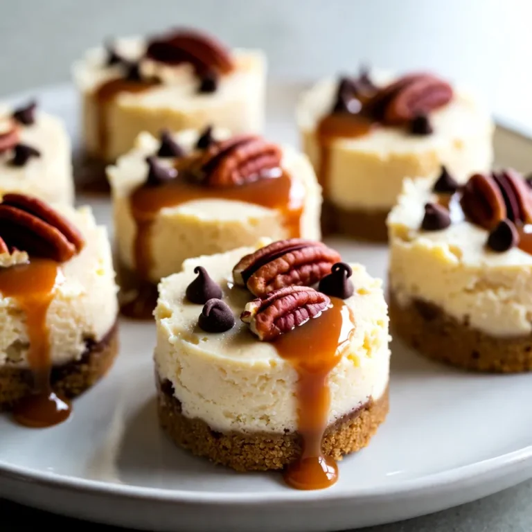 Um Turtle Cheesecake Bites zu machen, brauchen Sie diese Hauptzutaten: - 225 g Frischkäse, weich gemacht - 50 g Zucker - 1/2 Teelöffel Vanilleextrakt - 120 g Sauerrahm - 60 ml Schlagsahne - 60 g zerbröselte Graham-Cracker - 60 g ungesalzene Butter, geschmolzen - 90 g halbbitterschokoladenstückchen - 90 g Karamellsoße - 30 g gehackte Pekannüsse Diese Zutaten geben den Bites ihren köstlichen Geschmack und die schöne Textur. Für die Dekoration, die den letzten Schliff gibt, benötigen Sie: - Karamellsoße - Gehackte Pekannüsse - Schokoladenstückchen Die Dekoration macht die Bites nicht nur schöner, sondern hebt auch den Geschmack. Wenn Sie Allergien oder spezielle Bedürfnisse haben, gibt es gute Alternativen: - Verwenden Sie laktosefreien Frischkäse für eine laktosefreie Option. - Ersetzen Sie die Graham-Cracker durch glutenfreie Kekse für eine glutenfreie Variante. - Nutzen Sie pflanzliche Sahne und Frischkäse für vegane Turtle Cheesecake Bites. Diese Alternativen helfen, das Rezept an Ihre Bedürfnisse anzupassen, ohne den Geschmack zu verlieren. {{ingredient_image_2}} Heize deinen Ofen auf 175°C vor. Das sorgt dafür, dass die Cheesecake-Bites gleichmäßig backen. Nimm eine quadratische Backform, etwa 20 x 20 cm. Lege sie mit Backpapier aus. Lass einen Überhang, damit das Herausnehmen später leicht ist. Nimm eine mittlere Schüssel. Gib die zerbröselten Graham-Cracker hinein. Füge die geschmolzene Butter hinzu. Rühre, bis die Mischung wie nasser Sand aussieht. Drücke die Mischung fest auf den Boden der Backform. So entsteht ein gleichmäßiger graham-Krümelboden. In einer separaten Rührschüssel gib den weichen Frischkäse, Zucker und Vanilleextrakt. Schlage die Mischung, bis sie glatt und cremig ist. Füge dann den Sauerrahm und Schlagsahne hinzu. Schlage alles weiter, bis die Füllung gut vermischt und samtig ist. Gieße die Frischkäsefüllung über den vorbereiteten Boden. Glätte die Oberfläche mit einem Spatel. Backe das Ganze 25-30 Minuten im Ofen. Die Ränder sollen fest sein, die Mitte leicht wackeln. Lass die Form dann eine Stunde bei Raumtemperatur abkühlen. Stelle die Cheesecake-Basis für mindestens 4 Stunden in den Kühlschrank. Das hilft, die Bites fest zu machen. Hebe den Cheesecake mit dem Backpapierüberhang aus der Form. Schneide ihn in kleine Stücke. Beträufle jedes Stück mit Karamellsoße. Streue die gehackten Pekannüsse und Schokoladenstückchen darüber. Kühle die Stücke noch einmal vor dem Servieren. Jetzt kannst du deine leckeren Turtle Cheesecake Bites genießen! Um die perfekte Konsistenz zu erreichen, schlagen Sie den Frischkäse gut. Mischen Sie ihn mit Zucker und Vanille. Die Mischung sollte glatt und cremig sein. Fügen Sie Sauerrahm und Schlagsahne hinzu. Schlagen Sie weiter, bis alles gut vermischt ist. Achten Sie darauf, dass keine Klumpen bleiben. Dies sorgt für eine schöne, samtige Textur. Risse im Cheesecake sind oft frustrierend. Um dies zu vermeiden, backen Sie bei niedrigerer Temperatur. Vermeiden Sie das Überbacken. Lassen Sie den Cheesecake nach dem Backen langsam abkühlen. Öffnen Sie die Ofentür nicht sofort. Ein langsames Abkühlen hilft, Spannungen zu reduzieren. Wenn Sie diese Tipps befolgen, bleibt Ihre Cheesecake-Oberfläche glatt. Sie können die Turtle Cheesecake Bites nach Ihrem Geschmack anpassen. Fügen Sie mehr Karamellsoße hinzu, wenn Sie es süßer mögen. Probieren Sie verschiedene Nüsse, wie Mandeln oder Walnüsse. Für eine schokoladige Note nutzen Sie Schokoladenkekse für den Boden. Experimentieren Sie mit Geschmäckern, um Ihre eigene Version zu kreieren. Seien Sie kreativ und genießen Sie das Kochen! Pro Tipps Frischkäse richtig vorbereiten: Stellen Sie sicher, dass der Frischkäse vollständig weich ist, bevor Sie ihn verwenden, um eine glatte Füllung zu gewährleisten. Backzeit im Auge behalten: Überprüfen Sie die Cheesecake-Bites während des Backens, um sicherzustellen, dass sie nicht überbacken werden und die Mitte leicht wackelt. Für beste Ergebnisse kühlen: Lassen Sie die Cheesecake-Bites nach dem Backen vollständig im Kühlschrank abkühlen, damit sie die perfekte Konsistenz erreichen. Karamellsoße selbst machen: Für einen intensiveren Geschmack können Sie Ihre eigene Karamellsoße zubereiten, anstatt eine gekaufte zu verwenden. {{image_4}} Du kannst die Schokoladenschicht auf verschiedene Arten anpassen. Probiere weiße Schokolade für einen süßeren Geschmack. Dunkle Schokolade sorgt für einen intensiveren, reichhaltigen Genuss. Du kannst auch Karamellstückchen unter die Füllung mischen. Das gibt den Turtle Cheesecake Bites einen zusätzlichen Karamellgeschmack. Wenn du mehr Karamell möchtest, füge beim Servieren mehr Karamellsoße hinzu. Diese Variationen machen das Dessert noch interessanter und leckerer. Pekannüsse sind die klassischen Nüsse für Turtle Cheesecake Bites. Du kannst aber auch andere Nüsse verwenden. Walnüsse geben einen kräftigen Geschmack. Mandeln bringen eine leichte Süße. Haselnüsse passen gut zu Schokolade. Bei der Auswahl der Nüsse kannst du kreativ sein. Achte darauf, dass die Nüsse gut gehackt sind. So verteilen sie sich gleichmäßig und sorgen für einen schönen Crunch. Wenn du glutenfreie Turtle Cheesecake Bites machen möchtest, ersetze die Graham-Cracker durch glutenfreie Kekse. Achte darauf, dass alle anderen Zutaten ebenfalls glutenfrei sind. Für vegane Bites kannst du den Frischkäse durch pflanzliche Alternativen ersetzen. Kokos- oder Cashew-Creme sind tolle Optionen. Verwende auch vegane Butter und Schokolade. So bleibt das Rezept lecker und passend für alle Ernährungsweisen. Um die Frische Ihrer Turtle Cheesecake Bites zu bewahren, lagern Sie sie in einem luftdichten Behälter. Stellen Sie sicher, dass die Stücke nicht direkt übereinander liegen. Ein Stück Backpapier zwischen den Schichten hilft, das Ankleben zu vermeiden. Im Kühlschrank halten die Turtle Cheesecake Bites etwa 5 bis 7 Tage. Für eine längere Lagerung können Sie sie einfrieren. Im Gefrierschrank bleiben sie bis zu 3 Monate frisch. Wickeln Sie die Stücke gut in Frischhaltefolie ein, um Frostschäden zu vermeiden. Wenn Sie die Bites servieren möchten, lassen Sie sie einfach bei Raumtemperatur auftauen. Sie können sie auch kurz in die Mikrowelle stellen, um sie leicht zu erwärmen. Achten Sie darauf, die Bites nur für einige Sekunden zu erhitzen, damit sie nicht zu weich werden. Ein frischer Schokoladen- oder Karamell-Guss macht sie noch köstlicher! Die Zubereitung der Turtle Cheesecake Bites dauert etwa 20 Minuten. Das Backen braucht dann 25 bis 30 Minuten. Insgesamt sind es also etwa 5 Stunden und 30 Minuten bis zum Servieren. Die meiste Zeit geht für das Kühlen drauf. Ja, das kannst du! Du kannst die Cheesecake-Bites bis zu zwei Tage im Voraus machen. Lass sie einfach gut kühlen. So schmecken sie frisch und lecker. Um die Bites zu transportieren, lege sie in eine luftdichte Box. Du kannst sie auch in einer flachen Schicht anordnen. Lege etwas Backpapier zwischen die Schichten, um sie nicht zu zerdrücken. Du findest vorgefertigte Turtle Cheesecake Bites in vielen Bäckereien oder Konditoreien. Auch einige Supermärkte bieten sie an. Schau einfach in der Kühlabteilung nach. Um mehr Turtle Cheesecake Bites zu machen, kannst du die Zutaten einfach verdoppeln oder verdreifachen. Verwende eine größere Backform, um genug Platz zu haben. Achte darauf, die Backzeit eventuell anzupassen. Turtle Cheesecake Bites sind einfach zuzubereiten und lecker. Wir haben die wichtigsten Zutaten und Variationen besprochen. Ich habe Tipps gegeben, um Risse zu vermeiden und die perfekte Konsistenz zu erreichen. Diese Bites sind eine großartige Option für Allergiker oder spezielle Diäten. Lagern Sie sie richtig für die beste Haltbarkeit. Experimentieren Sie mit verschiedenen Aromen, um Ihr persönliches Lieblingsrezept zu finden. Ich hoffe, Sie probieren es aus und genießen die Ergebnisse.