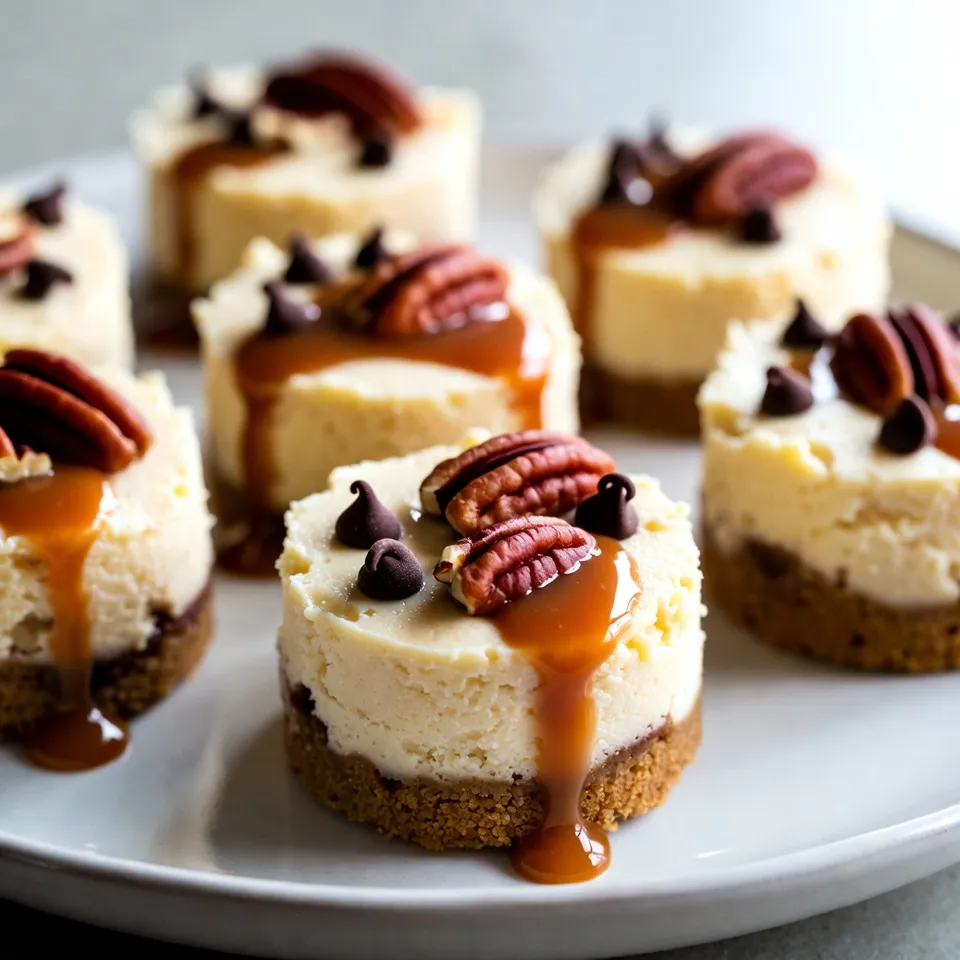 Um Turtle Cheesecake Bites zu machen, brauchen Sie diese Hauptzutaten: - 225 g Frischkäse, weich gemacht - 50 g Zucker - 1/2 Teelöffel Vanilleextrakt - 120 g Sauerrahm - 60 ml Schlagsahne - 60 g zerbröselte Graham-Cracker - 60 g ungesalzene Butter, geschmolzen - 90 g halbbitterschokoladenstückchen - 90 g Karamellsoße - 30 g gehackte Pekannüsse Diese Zutaten geben den Bites ihren köstlichen Geschmack und die schöne Textur. Für die Dekoration, die den letzten Schliff gibt, benötigen Sie: - Karamellsoße - Gehackte Pekannüsse - Schokoladenstückchen Die Dekoration macht die Bites nicht nur schöner, sondern hebt auch den Geschmack. Wenn Sie Allergien oder spezielle Bedürfnisse haben, gibt es gute Alternativen: - Verwenden Sie laktosefreien Frischkäse für eine laktosefreie Option. - Ersetzen Sie die Graham-Cracker durch glutenfreie Kekse für eine glutenfreie Variante. - Nutzen Sie pflanzliche Sahne und Frischkäse für vegane Turtle Cheesecake Bites. Diese Alternativen helfen, das Rezept an Ihre Bedürfnisse anzupassen, ohne den Geschmack zu verlieren. {{ingredient_image_2}} Heize deinen Ofen auf 175°C vor. Das sorgt dafür, dass die Cheesecake-Bites gleichmäßig backen. Nimm eine quadratische Backform, etwa 20 x 20 cm. Lege sie mit Backpapier aus. Lass einen Überhang, damit das Herausnehmen später leicht ist. Nimm eine mittlere Schüssel. Gib die zerbröselten Graham-Cracker hinein. Füge die geschmolzene Butter hinzu. Rühre, bis die Mischung wie nasser Sand aussieht. Drücke die Mischung fest auf den Boden der Backform. So entsteht ein gleichmäßiger graham-Krümelboden. In einer separaten Rührschüssel gib den weichen Frischkäse, Zucker und Vanilleextrakt. Schlage die Mischung, bis sie glatt und cremig ist. Füge dann den Sauerrahm und Schlagsahne hinzu. Schlage alles weiter, bis die Füllung gut vermischt und samtig ist. Gieße die Frischkäsefüllung über den vorbereiteten Boden. Glätte die Oberfläche mit einem Spatel. Backe das Ganze 25-30 Minuten im Ofen. Die Ränder sollen fest sein, die Mitte leicht wackeln. Lass die Form dann eine Stunde bei Raumtemperatur abkühlen. Stelle die Cheesecake-Basis für mindestens 4 Stunden in den Kühlschrank. Das hilft, die Bites fest zu machen. Hebe den Cheesecake mit dem Backpapierüberhang aus der Form. Schneide ihn in kleine Stücke. Beträufle jedes Stück mit Karamellsoße. Streue die gehackten Pekannüsse und Schokoladenstückchen darüber. Kühle die Stücke noch einmal vor dem Servieren. Jetzt kannst du deine leckeren Turtle Cheesecake Bites genießen! Um die perfekte Konsistenz zu erreichen, schlagen Sie den Frischkäse gut. Mischen Sie ihn mit Zucker und Vanille. Die Mischung sollte glatt und cremig sein. Fügen Sie Sauerrahm und Schlagsahne hinzu. Schlagen Sie weiter, bis alles gut vermischt ist. Achten Sie darauf, dass keine Klumpen bleiben. Dies sorgt für eine schöne, samtige Textur. Risse im Cheesecake sind oft frustrierend. Um dies zu vermeiden, backen Sie bei niedrigerer Temperatur. Vermeiden Sie das Überbacken. Lassen Sie den Cheesecake nach dem Backen langsam abkühlen. Öffnen Sie die Ofentür nicht sofort. Ein langsames Abkühlen hilft, Spannungen zu reduzieren. Wenn Sie diese Tipps befolgen, bleibt Ihre Cheesecake-Oberfläche glatt. Sie können die Turtle Cheesecake Bites nach Ihrem Geschmack anpassen. Fügen Sie mehr Karamellsoße hinzu, wenn Sie es süßer mögen. Probieren Sie verschiedene Nüsse, wie Mandeln oder Walnüsse. Für eine schokoladige Note nutzen Sie Schokoladenkekse für den Boden. Experimentieren Sie mit Geschmäckern, um Ihre eigene Version zu kreieren. Seien Sie kreativ und genießen Sie das Kochen! Pro Tipps Frischkäse richtig vorbereiten: Stellen Sie sicher, dass der Frischkäse vollständig weich ist, bevor Sie ihn verwenden, um eine glatte Füllung zu gewährleisten. Backzeit im Auge behalten: Überprüfen Sie die Cheesecake-Bites während des Backens, um sicherzustellen, dass sie nicht überbacken werden und die Mitte leicht wackelt. Für beste Ergebnisse kühlen: Lassen Sie die Cheesecake-Bites nach dem Backen vollständig im Kühlschrank abkühlen, damit sie die perfekte Konsistenz erreichen. Karamellsoße selbst machen: Für einen intensiveren Geschmack können Sie Ihre eigene Karamellsoße zubereiten, anstatt eine gekaufte zu verwenden. {{image_4}} Du kannst die Schokoladenschicht auf verschiedene Arten anpassen. Probiere weiße Schokolade für einen süßeren Geschmack. Dunkle Schokolade sorgt für einen intensiveren, reichhaltigen Genuss. Du kannst auch Karamellstückchen unter die Füllung mischen. Das gibt den Turtle Cheesecake Bites einen zusätzlichen Karamellgeschmack. Wenn du mehr Karamell möchtest, füge beim Servieren mehr Karamellsoße hinzu. Diese Variationen machen das Dessert noch interessanter und leckerer. Pekannüsse sind die klassischen Nüsse für Turtle Cheesecake Bites. Du kannst aber auch andere Nüsse verwenden. Walnüsse geben einen kräftigen Geschmack. Mandeln bringen eine leichte Süße. Haselnüsse passen gut zu Schokolade. Bei der Auswahl der Nüsse kannst du kreativ sein. Achte darauf, dass die Nüsse gut gehackt sind. So verteilen sie sich gleichmäßig und sorgen für einen schönen Crunch. Wenn du glutenfreie Turtle Cheesecake Bites machen möchtest, ersetze die Graham-Cracker durch glutenfreie Kekse. Achte darauf, dass alle anderen Zutaten ebenfalls glutenfrei sind. Für vegane Bites kannst du den Frischkäse durch pflanzliche Alternativen ersetzen. Kokos- oder Cashew-Creme sind tolle Optionen. Verwende auch vegane Butter und Schokolade. So bleibt das Rezept lecker und passend für alle Ernährungsweisen. Um die Frische Ihrer Turtle Cheesecake Bites zu bewahren, lagern Sie sie in einem luftdichten Behälter. Stellen Sie sicher, dass die Stücke nicht direkt übereinander liegen. Ein Stück Backpapier zwischen den Schichten hilft, das Ankleben zu vermeiden. Im Kühlschrank halten die Turtle Cheesecake Bites etwa 5 bis 7 Tage. Für eine längere Lagerung können Sie sie einfrieren. Im Gefrierschrank bleiben sie bis zu 3 Monate frisch. Wickeln Sie die Stücke gut in Frischhaltefolie ein, um Frostschäden zu vermeiden. Wenn Sie die Bites servieren möchten, lassen Sie sie einfach bei Raumtemperatur auftauen. Sie können sie auch kurz in die Mikrowelle stellen, um sie leicht zu erwärmen. Achten Sie darauf, die Bites nur für einige Sekunden zu erhitzen, damit sie nicht zu weich werden. Ein frischer Schokoladen- oder Karamell-Guss macht sie noch köstlicher! Die Zubereitung der Turtle Cheesecake Bites dauert etwa 20 Minuten. Das Backen braucht dann 25 bis 30 Minuten. Insgesamt sind es also etwa 5 Stunden und 30 Minuten bis zum Servieren. Die meiste Zeit geht für das Kühlen drauf. Ja, das kannst du! Du kannst die Cheesecake-Bites bis zu zwei Tage im Voraus machen. Lass sie einfach gut kühlen. So schmecken sie frisch und lecker. Um die Bites zu transportieren, lege sie in eine luftdichte Box. Du kannst sie auch in einer flachen Schicht anordnen. Lege etwas Backpapier zwischen die Schichten, um sie nicht zu zerdrücken. Du findest vorgefertigte Turtle Cheesecake Bites in vielen Bäckereien oder Konditoreien. Auch einige Supermärkte bieten sie an. Schau einfach in der Kühlabteilung nach. Um mehr Turtle Cheesecake Bites zu machen, kannst du die Zutaten einfach verdoppeln oder verdreifachen. Verwende eine größere Backform, um genug Platz zu haben. Achte darauf, die Backzeit eventuell anzupassen. Turtle Cheesecake Bites sind einfach zuzubereiten und lecker. Wir haben die wichtigsten Zutaten und Variationen besprochen. Ich habe Tipps gegeben, um Risse zu vermeiden und die perfekte Konsistenz zu erreichen. Diese Bites sind eine großartige Option für Allergiker oder spezielle Diäten. Lagern Sie sie richtig für die beste Haltbarkeit. Experimentieren Sie mit verschiedenen Aromen, um Ihr persönliches Lieblingsrezept zu finden. Ich hoffe, Sie probieren es aus und genießen die Ergebnisse.
