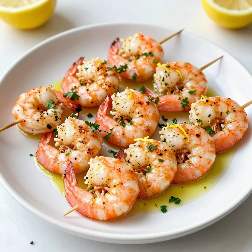 - 450 g große Garnelen, geschält und entdarmt - 3 Esslöffel Olivenöl - 3 Esslöffel frischer Zitronensaft - 4 Zehen Knoblauch, fein gehackt - 1 Teelöffel geräuchertes Paprikapulver - 1 Teelöffel getrockneter Oregano - Salz und Pfeffer nach Geschmack - Schale von 1 Zitrone - Frische Petersilie, gehackt (zum Garnieren) - Spieße (Bambus- oder Metallspieße) Diese Zutaten machen die Garnelen-Spieße frisch und lecker. Die große Menge Garnelen sorgt dafür, dass du mit jedem Bissen den Geschmack der Zitrone und des Knoblauchs spürst. Das Olivenöl macht die Marinade geschmeidig und die Garnelen saftig. Der Knoblauch bringt einen tollen Geschmack, während das geräucherte Paprikapulver eine rauchige Note hinzufügt. Oregano gibt dem Gericht einen mediterranen Touch. Vergiss nicht, die Zitrone zu reiben – ihre Schale gibt eine aromatische Tiefe. Petersilie bringt frische Farbe ins Spiel und sieht auf dem Teller toll aus. Wenn du die Spieße zubereitest, achte darauf, die Garnelen gleichmäßig auf die Spieße zu verteilen. So garen sie gleichmäßig und schmecken besser. Diese Kombination aus Zutaten macht die Zitronen-Knoblauch Garnelen-Spieße zu einem Hit auf jeder Grillparty oder beim Abendessen. {{ingredient_image_2}} - Kombiniere 3 Esslöffel Olivenöl, 3 Esslöffel Zitronensaft, 4 Zehen Knoblauch, 1 Teelöffel geräuchertes Paprikapulver, 1 Teelöffel Oregano, die Schale von 1 Zitrone, Salz und Pfeffer. - Vermische alles gut, bis die Mischung gleichmäßig aussieht. Diese Marinade gibt den Garnelen viel Geschmack. - Füge 450 g große Garnelen zur Marinade hinzu. - Mische alles gut, damit die Garnelen gut bedeckt sind. - Decke die Schüssel ab und stelle sie für mindestens 30 Minuten in den Kühlschrank. Längeres Marinieren bringt noch mehr Geschmack. - Heize den Grill auf mittelhohe Hitze vor. - Wenn du den Ofen benutzt, stelle ihn auf die Grillfunktion ein. So wird alles gleichmäßig gegart. - Stecke 4-5 Garnelen auf jeden Spieß. - Achte darauf, etwas Platz zwischen den Garnelen zu lassen. So werden sie gleichmäßig gar. - Lege die Spieße auf den Grill. Gar die Garnelen für 2-3 Minuten auf jeder Seite. - Wenn du den Ofen nutzt, lege die Spieße auf ein Blech und grille sie für 5-6 Minuten. Wende sie zur Hälfte der Zeit. - Nimm die Spieße vom Grill oder aus dem Ofen. Lass sie eine Minute ruhen. - Garniere die Spieße mit frisch gehackter Petersilie. - Serviere sie auf einer großen Platte mit Zitronenscheiben und frischen Kräutern. Wie lange sollten die Garnelen marinieren? Die Garnelen sollten mindestens 30 Minuten marinieren. So ziehen die Aromen gut ein. Für mehr Geschmack empfehle ich, sie bis zu einer Stunde marinieren zu lassen. Intensität des Geschmacks durch längere Marinierzeit Eine längere Marinierzeit intensiviert den Geschmack. Die Garnelen nehmen die Zitronen- und Knoblaucharomen besser auf. Dies macht die Spieße besonders lecker. Unterschiede zwischen Grill und Ofen Grillen gibt den Garnelen einen rauchigen Geschmack. Im Ofen werden sie gleichmäßiger gar. Beide Methoden funktionieren gut, aber die Grillmethode bringt mehr Aroma. Empfehlungen für die richtige Hitze Heizen Sie den Grill auf mittelhohe Hitze vor. Dies sorgt dafür, dass die Garnelen schnell gar werden, ohne zu verbrennen. Bei der Ofenzubereitung sollte die Grillfunktion verwendet werden. Achten Sie darauf, die Spieße regelmäßig zu wenden. Erkennen, wann Garnelen perfekt gar sind Garnelen sind perfekt, wenn sie rosa und undurchsichtig sind. Sie sollten sich leicht biegen lassen. Tipps zur Vermeidung von Übergaren Achten Sie darauf, die Garnelen nicht zu lange zu garen. Sonst werden sie trocken und zäh. Überprüfen Sie die Garnelen regelmäßig während des Garens. Pro Tipps Garnelen richtig auswählen: Achten Sie darauf, frische oder gefrorene Garnelen von hoher Qualität zu verwenden. Große Garnelen haben mehr Geschmack und eine bessere Textur für Grillspieße. Marinade anpassen: Experimentieren Sie mit verschiedenen Kräutern und Gewürzen in der Marinade, um den Geschmack zu variieren. Frischer Thymian oder Chili können eine interessante Note hinzufügen. Grilltemperatur beachten: Stellen Sie sicher, dass Ihr Grill gut vorgeheizt ist, um eine gleichmäßige Garung zu gewährleisten. Zu niedrige Temperaturen können die Garnelen zäh machen. Richtige Garzeit: Achten Sie darauf, die Garnelen nicht zu lange zu garen. Sie sind perfekt, wenn sie pink und undurchsichtig sind, was in der Regel 2-3 Minuten pro Seite dauert. {{image_4}} Um deine Garnelen-Spieße noch spannender zu gestalten, füge verschiedene Zutaten hinzu. Paprika und Zucchini bringen Farbe und Geschmack ins Spiel. Du kannst sie in dickere Stücke schneiden und zusammen mit Garnelen auf die Spieße stecken. Das sorgt für ein schönes Grillbild und einen tollen Geschmack. Eine weitere leckere Option ist die Verwendung von Feta-Käse. Feta hat einen salzigen, cremigen Geschmack, der gut zu den Garnelen passt. Schneide den Käse in kleine Würfel und fädel ihn zwischen die Garnelen. So bekommst du einen mediterranen Touch. Wenn du neue Aromen ausprobieren willst, ändere die Gewürze oder Kräuter in der Marinade. Zum Beispiel kannst du frischen Dill oder Koriander verwenden. Diese Kräuter geben den Spießen einen ganz anderen Geschmack. Wenn du es schärfer magst, füge etwas Cayennepfeffer oder Chili-Flocken hinzu. Ein wenig Hitze macht das Gericht aufregender. Achte darauf, die Menge nach deinem persönlichen Geschmack anzupassen. Die richtigen Beilagen machen das Essen noch besser. Ein frischer Salat passt perfekt zu den Garnelen-Spießen. Der Salat kann aus Rucola, Kirschtomaten und Gurken bestehen. Ein Zitronen-Dressing bringt alles zusammen. Dips sind auch eine tolle Idee. Ein Joghurt-Dip mit Dill oder ein einfaches Aioli ergänzen die Spieße gut. Diese Beilagen machen das Essen vielseitiger und sorgen für mehr Freude beim Essen. Wenn du einige Spieße übrig hast, bewahre sie richtig auf. Lege die Spieße in einen luftdichten Behälter. So bleiben sie frisch. Du kannst die Spieße im Kühlschrank bis zu drei Tage aufbewahren. Wenn du sie länger aufbewahren möchtest, friere sie ein. In einem Gefrierbeutel oder einem luftdichten Behälter bleiben sie bis zu drei Monate gut. Um die Garnelen wieder aufzuwärmen, nutze eine Pfanne. Erhitze die Pfanne bei mittlerer Hitze. Gib die Spieße hinein und erwärme sie für etwa 2 bis 3 Minuten pro Seite. So bleiben sie saftig. Vermeide die Mikrowelle, da sie die Garnelen austrocknen kann. Wenn du die Garnelen im Ofen aufwärmen möchtest, stelle ihn auf 150 Grad Celsius ein. Lege die Spieße auf ein Backblech und erwärme sie für etwa 5 bis 7 Minuten. Achte darauf, sie nicht zu lange zu lassen, damit sie nicht trocken werden. Ich empfehle, 4 bis 5 Garnelen pro Spieß zu verwenden. Diese Menge sorgt für gleichmäßiges Garen. Wenn die Garnelen zu nah beieinander liegen, garen sie nicht gleichmäßig. Ein kleiner Abstand hilft, dass die Hitze überall hinkommt. So bleiben die Garnelen saftig und zart. Ja, du kannst die Garnelen im Ofen zubereiten. Stelle den Ofen auf Grillfunktion ein und heize ihn vor. Lege die Spieße auf ein Backblech. Grill die Spieße für 5-6 Minuten. Wende sie nach der Hälfte der Zeit, damit sie gleichmäßig garen. So bekommst du ein tolles Ergebnis, auch ohne Grill. Die besten Beilagen sind frische Salate oder Reisgerichte. Ein gemischter Salat mit Zitronendressing passt sehr gut. Auch ein cremiger Knoblauch-Dip ergänzt die Garnelen perfekt. Du kannst auch gegrilltes Gemüse oder Kartoffeln servieren. Diese Kombinationen bringen die Aromen der Garnelen zur Geltung. Die Garnelen-Spieße sind im Kühlschrank 1-2 Tage haltbar. Bewahre sie in einem luftdichten Behälter auf. Wenn du sie länger aufbewahren willst, friere sie ein. So bleiben sie bis zu 3 Monate frisch. Achte darauf, sie gut zu verpacken, damit sie nicht austrocknen. Das Zubereiten von Garnelen-Spießen ist einfach und macht Spaß. Wir haben frische Zutaten, würzige Marinaden und praktische Grillanleitungen behandelt. Zusätzlich gab es Tipps zu Variationen und Lagerung. Denke daran, die Garnelen nicht zu lange zu marinieren oder zu garen. Das sorgt für den besten Geschmack. Mit diesen Tipps kannst du köstliche Garnelen-Spieße zubereiten, die jeden begeistern. Viel Freude beim Grillen und Genießen!