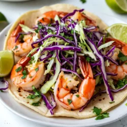 Für die Garnelen-Tacos brauchen wir: - 450g große Garnelen, geschält und entdarmt - 2 Esslöffel Olivenöl - 2 Teelöffel Chilipulver - 1 Teelöffel Kreuzkümmel - 1 Teelöffel Knoblauchpulver - 1/2 Teelöffel geräuchertes Paprikapulver - Salz und Pfeffer nach Geschmack - 8 kleine Maistortillas Diese Zutaten machen die Garnelen scharf und lecker. Das Olivenöl hilft, die Gewürze gut zu verteilen. Für den Slaw benötigen wir: - 1 Tasse rote Kohlblätter, fein gehobelt - 1 Tasse grüne Kohlblätter, fein gehobelt - 1/4 Tasse frischer Koriander, gehackt - 1/2 Tasse Mayonnaise - 2 Esslöffel Limettensaft - Abrieb von 1 Limette - 1 Jalapeño, fein gehackt (optional für extra Schärfe) Der Slaw bringt Frische und einen tollen Crunch in die Tacos. Die Limette gibt dem Slaw einen spritzigen Geschmack. Um die Tacos zuzubereiten, benötigen Sie: - Eine große Pfanne - Eine mittelgroße Schüssel - Ein Schneidebrett - Ein scharfes Messer Wenn Sie keine Garnelen mögen, können Sie auch Hähnchen oder Tofu verwenden. Für den Slaw können Sie auch andere Kohlsorten probieren. {{ingredient_image_2}} Zuerst mische ich in einer Schüssel Olivenöl, Chilipulver, Kreuzkümmel, Knoblauchpulver und geräuchertes Paprikapulver. Ich füge Salz und Pfeffer hinzu, um den Geschmack zu verstärken. Dann gebe ich die Garnelen in die Schüssel und vermenge alles gut. Die Garnelen sollen gleichmäßig bedeckt sein. Ich erhitze eine große Pfanne bei mittelhoher Hitze. Sobald die Pfanne heiß ist, lege ich die Garnelen hinein. Ich brate sie jeweils 2-3 Minuten an, bis sie rosa und undurchsichtig sind. Es ist wichtig, die Garnelen nicht zu übergaren, sonst werden sie zäh. Nach dem Braten nehme ich sie vom Herd und lege sie beiseite. In einer separaten Schüssel bereite ich den Koriander-Limetten-Slaw vor. Ich gebe rote und grüne Kohlblätter, die gehackten Koriander, Mayonnaise, Limettensaft und Limettenabrieb hinein. Wenn ich es schärfer mag, füge ich auch die Jalapeño hinzu. Ich vermische alles gut, bis der Kohl gleichmäßig beschichtet ist. Nach Geschmack würze ich mit Salz und Pfeffer. Jetzt bereite ich die Maistortillas vor. Ich erwärme sie in einer trockenen Pfanne bei mittlerer Hitze. Jede Tortilla bekommt etwa 30 Sekunden auf jeder Seite, bis sie biegsam sind. Um die Tacos zusammenzustellen, lege ich einige Garnelen in die Mitte jeder Tortilla. Dann toppe ich sie großzügig mit dem Koriander-Limetten-Slaw. Ich serviere die Tacos sofort mit Limettenschnitzen an der Seite. Das gibt einen tollen Geschmacks-Kick! Um die Garnelen perfekt zu garen, erhitzen Sie die Pfanne gut. Warten Sie, bis sie richtig heiß ist. Geben Sie die Garnelen hinein und braten Sie sie für 2-3 Minuten pro Seite. Sie sollten rosa und fest sein, aber nicht übergart. Überprüfen Sie die Garnelen regelmäßig. Zu langes Garen macht sie zäh. Möchten Sie es schärfer? Fügen Sie mehr Chilipulver hinzu oder verwenden Sie frische Jalapeños. Wenn Sie es milder wollen, reduzieren Sie die Menge des Chilipulvers. Entfernen Sie die Samen der Jalapeños für weniger Schärfe. Experimentieren Sie, um Ihre perfekte Balance zu finden. Servieren Sie die Tacos auf einem Holztablett. Legen Sie Backpapier darunter für einen rustikalen Look. Garnieren Sie die Tacos mit frischem Koriander und Limettenschnitzen. Das sieht nicht nur gut aus, sondern hebt auch den Geschmack. Nutzen Sie kleine Schalen für extra Limettensaft oder Salsa. So können Ihre Gäste nach Belieben nachwürzen. Pro Tipps Garnelen richtig würzen: Stellen Sie sicher, dass die Garnelen gleichmäßig mit der Gewürzmischung bedeckt sind, um den besten Geschmack zu erzielen. Optimaler Garzeitpunkt: Achten Sie darauf, die Garnelen nur 2-3 Minuten pro Seite zu braten, damit sie zart und saftig bleiben. Frische Zutaten verwenden: Für den besten Geschmack sollten Sie frische Limetten und frischen Koriander verwenden; das macht einen großen Unterschied. Tortillas richtig aufwärmen: Erwärmen Sie die Tortillas in einer trockenen Pfanne, um ihre Flexibilität zu erhöhen, ohne sie zu überhitzen. {{image_4}} Wenn Sie auf Fleisch verzichten möchten, probieren Sie Tacos mit Gemüse. Sie können gebratene Zucchini, Paprika oder Pilze verwenden. Für eine vegane Option ersetzen Sie die Mayonnaise durch eine pflanzliche Creme. Diese Alternativen sind leicht und lecker. Fügen Sie zusätzliche Füllungen hinzu, um die Tacos aufzupeppen. Guacamole ist eine tolle Wahl. Sie können auch schwarze Bohnen oder Mais verwenden. Frische Avocado oder saure Sahne bieten einen tollen Geschmack. Diese Optionen machen die Tacos noch geschmackvoller. Der Slaw kann auch variieren. Experimentieren Sie mit verschiedenen Kohlsorten, wie Spitzkohl oder Chinakohl. Möhren bringen eine süße Note. Für mehr Geschmack können Sie auch einen Spritzer Apfelessig hinzufügen. Diese Variationen machen den Slaw bunt und interessant. Reste von Würzigen Garnelen-Tacos sind einfach zu lagern. Ich empfehle, die Zutaten getrennt aufzubewahren. Legen Sie die Garnelen in einen luftdichten Behälter. Nutzen Sie eine Schüssel für das Koriander-Limetten-Slaw. Tortillas sollten in einem separaten Beutel liegen. So bleiben sie frisch. Um die Tacos wieder aufzuwärmen, verwenden Sie eine Pfanne. Erhitzen Sie die Garnelen bei mittlerer Hitze. Achten Sie darauf, sie nicht zu übergaren. Erwärmen Sie die Tortillas ebenfalls kurz in der Pfanne. Dadurch bleiben sie weich und lecker. Die Garnelen halten sich im Kühlschrank etwa 2 Tage. Das Koriander-Limetten-Slaw bleibt frisch für 1 bis 2 Tage. Tortillas sind gut für bis zu einer Woche. Achten Sie darauf, alles gut zu verpacken. So vermeiden Sie, dass die Lebensmittel trocken werden. Wenn Sie keine Garnelen mögen oder eine Alternative suchen, probieren Sie Hähnchen oder Tofu. Hähnchenfilets sind eine gute Wahl. Schneiden Sie sie in kleine Stücke und marinieren Sie sie wie die Garnelen. Tofu kann auch gewürzt und angebraten werden. Es nimmt den Geschmack der Gewürze gut auf und ist eine tolle pflanzliche Option. Ja, Sie können die Tacos im Voraus vorbereiten, aber nicht vollständig zusammensetzen. Bereiten Sie die Garnelen und das Slaw vor und lagern Sie sie getrennt im Kühlschrank. Die Tortillas können Sie ebenfalls im Voraus erhitzen und dann in Folie wickeln. Kurz vor dem Servieren können Sie alles zusammenstellen. So bleiben die Tortillas frisch und knusprig. Um die Schärfe zu mildern, verwenden Sie weniger Chilipulver und lassen Sie die Jalapeño weg. Sie können auch etwas Honig oder Zucker in das Slaw geben. Das hilft, die Schärfe auszugleichen. Wenn Sie die Garnelen zubereiten, probieren Sie, mehr Mayonnaise in das Slaw zu mischen. Das macht es cremiger und weniger scharf. In diesem Beitrag haben wir die Zutaten für köstliche Garnelen-Tacos beleuchtet. Wir haben gelernt, wie man Garnelen marinieren und perfekt anbraten kann. Der Koriander-Limetten-Slaw bringt frischen Geschmack. Ich habe auch einfache Tipps gegeben, um die Tacos anzupassen. Denke daran, dass du auch vegetarische Alternativen ausprobieren kannst. Reste können einfach aufbewahrt und wieder erwärmt werden. Tacos sind vielseitig und können deinem Geschmack folgen. Probiere sie aus und genieße dein leckeres Essen!