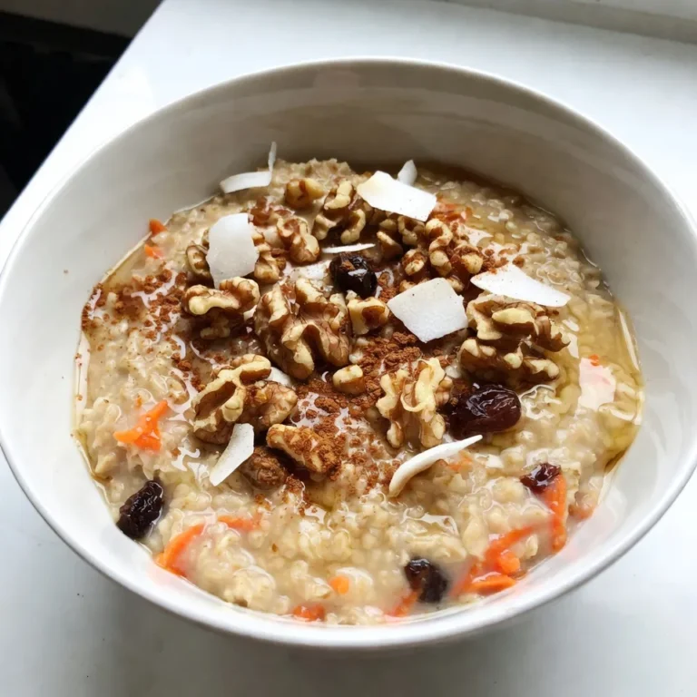 - 1 Tasse zarte Haferflocken - 2 Tassen Wasser oder Milch (Tier- oder Pflanzenmilch) - 1 mittelgroße Karotte, fein gerieben Die Hauptzutaten bilden die Basis des Gerichts. Haferflocken sind reich an Ballaststoffen. Sie machen dich satt und geben dir Energie. Wasser oder Milch sorgt für die cremige Konsistenz. Die geriebene Karotte bringt nicht nur Farbe, sondern auch Süße und Nährstoffe. - 1/4 Tasse Rosinen - 1/4 Tasse gehackte Walnüsse (oder Pekannüsse) - 1 Teelöffel gemahlener Zimt Rosinen fügen eine natürliche Süße hinzu. Sie sind auch eine gute Quelle für Vitamine. Die gehackten Nüsse liefern gesunde Fette und einen tollen Crunch. Zimt bringt ein warmes Aroma, das an Karottenkuchen erinnert. - 1/4 Teelöffel Muskatnuss - 1 Esslöffel Ahornsirup (oder Honig) - 1/2 Teelöffel Vanilleextrakt - Eine Prise Salz Die Muskatnuss verstärkt den Geschmack der Gewürze. Ahornsirup oder Honig süßen das Gericht. Vanilleextrakt bringt eine angenehme Tiefe. Salz balanciert die Süße und verstärkt die Aromen. - Kokosraspel - Zusätzliche Walnüsse oder ein Klecks griechischer Joghurt Diese Toppings machen dein Frühstück noch leckerer. Kokosraspel fügen eine exotische Note hinzu. Mehr Walnüsse geben zusätzlichen Biss. Ein Klecks Joghurt sorgt für Cremigkeit und macht das Gericht perfekt. {{ingredient_image_2}} Zuerst nimmst du einen mittelgroßen Topf. Füge die Haferflocken, das Wasser oder die Milch und eine Prise Salz hinzu. Rühre alles gut um. Stelle den Topf auf mittlere Hitze und bringe die Mischung zum Kochen. Achte darauf, dass es nicht überkocht. Sobald die Mischung kocht, reduziere die Hitze auf niedrig. Jetzt ist es Zeit für die Hauptzutaten. Gib die fein geriebene Karotte, die Rosinen und die gehackten Walnüsse dazu. Rühre gut um. Füge dann die Gewürze wie Zimt, Muskatnuss, den Ahornsirup und den Vanilleextrakt hinzu. So bekommst du den tollen Geschmack von Karottenkuchen. Lass das Ganze nun für etwa 5 bis 7 Minuten kochen. Rühre dabei gelegentlich um. Die Haferflocken sollten schön cremig sein. Wenn alles gut vermischt ist, nimm den Topf vom Herd. Lass den Brei ein oder zwei Minuten ruhen, damit er dicker wird. Jetzt ist dein Carrot Cake Oatmeal bereit! Serviere den warmen Haferbrei in Schalen. Du kannst ihn nach Belieben mit Toppings wie Kokosraspeln, zusätzlichen Walnüssen oder einem Klecks griechischem Joghurt garnieren. So sieht es nicht nur lecker aus, sondern schmeckt auch noch besser! Um die Konsistenz deines Haferbreis perfekt zu machen, achte auf die Kochzeit. Koche die Mischung für 5-7 Minuten. Wenn du einen dickeren Brei magst, lasse ihn länger kochen. Möchtest du ihn dünner? Füge einfach mehr Wasser oder Milch hinzu. Zusätzliche Gewürze können deinen Haferbrei aufpeppen. Zimt und Muskatnuss sind tolle Optionen. Frisch geriebene Karotten bringen mehr Geschmack. Du kannst auch frische Ingwerstücke hinzufügen. Sie geben einen tollen Kick. Hafer ist reich an Ballaststoffen. Sie helfen dir, länger satt zu bleiben. Karotten sind voll von Vitaminen. Sie fördern die Gesundheit deiner Augen. Nüsse und Rosinen bringen gesunde Fette und Antioxidantien. Diese Zutaten machen dein Frühstück nicht nur lecker, sondern auch nahrhaft. Pro Tipps Haferflocken richtig kochen: Achten Sie darauf, die Haferflocken bei mittlerer Hitze zu kochen, um ein Anbrennen zu vermeiden und eine cremige Konsistenz zu erreichen. Karotten vorbereiten: Verwenden Sie frische Karotten und reiben Sie diese fein, um sicherzustellen, dass sie beim Kochen gut durchgegart werden und ihr süßer Geschmack entfaltet wird. Variationen der Nüsse: Experimentieren Sie mit verschiedenen Nüssen wie Mandeln oder Haselnüssen, um dem Gericht eine neue Textur und zusätzlichen Geschmack zu verleihen. Serviertipps: Servieren Sie den Haferbrei mit frischem Obst oder einem Spritzer Zitrone, um die Aromen aufzufrischen und eine angenehme Säure hinzuzufügen. {{image_4}} Wenn du nach einer gesünderen Option suchst, probiere Koko- oder Mandelmilch. Diese Pflanzenmilch bringt einen tollen Geschmack. Sie sind auch laktosefrei. Du kannst auch zuckerfreie Süßungsmittel nutzen. Stevia oder Erythrit sind gute Optionen. Diese reduzieren den Zuckergehalt. So bleibt der Genuss ohne schlechtes Gewissen. Wenn du Nüsse meiden möchtest, gibt es Alternativen zu Walnüssen oder Pekannüssen. Du kannst Sonnenblumenkerne oder Kürbiskerne verwenden. Diese Samen bieten einen tollen Crunch. Sie sind auch nahrhaft und gesund. Schmecke sie gut ab, um den besten Geschmack zu erzielen. Um den Geschmack zu verändern, füge Schokoladenstückchen hinzu. Diese machen das Frühstück süßer und schokoladiger. Du kannst auch mit verschiedenen Früchten experimentieren. Banane, Ananas oder Äpfel passen gut dazu. Diese Variationen sorgen für neue Geschmackserlebnisse. Um übrig gebliebenen Haferbrei aufzubewahren, fülle ihn in einen luftdichten Behälter. Stelle den Behälter in den Kühlschrank. So bleibt der Brei frisch und lecker. Zum Aufwärmen, nimm eine Schüssel und füge einen Schuss Wasser oder Milch hinzu. Erwärme ihn in der Mikrowelle oder auf dem Herd. Rühre gut um, bis er warm ist. Im Kühlschrank hält sich der Haferbrei etwa drei bis vier Tage. Überprüfe immer den Geruch und die Konsistenz, bevor du ihn isst. Für längere Lagerung kannst du den Brei auch einfrieren. Teile ihn in Portionen und lege sie in gefriergeeignete Behälter. So bleibt er bis zu drei Monate haltbar. Du kannst übrig gebliebenen Haferbrei kreativ nutzen. Mische ihn in Muffins oder Pancakes für einen gesunden Snack. Verwandle ihn in Energy-Bällchen, indem du Nüsse und Trockenfrüchte hinzufügst. Oder serviere ihn als Dessert mit Joghurt und frischen Früchten. Die Zubereitung von Carrot Cake Oatmeal ist schnell und einfach. Die Vorbereitungszeit beträgt nur 5 Minuten. Die Kochzeit ist etwa 10 Minuten. Insgesamt sind es also nur 15 Minuten für zwei Portionen. Das geht flott und ist perfekt für einen geschäftigen Morgen. Ja, du kannst die Karotten weglassen. Aber beachte, dass dies den Geschmack und die Konsistenz verändert. Karotten geben Süße und Feuchtigkeit. Ohne sie wird der Haferbrei weniger saftig. Du könntest stattdessen pürierte Früchte verwenden, um etwas Feuchtigkeit hinzuzufügen. Ja, Carrot Cake Oatmeal ist gesund! Haferflocken sind reich an Ballaststoffen. Sie fördern die Verdauung und geben dir Energie. Karotten sind voll mit Vitaminen, besonders Vitamin A. Rosinen und Nüsse liefern gesunde Fette und zusätzliche Nährstoffe. Dieses Frühstück ist eine gute Wahl für einen energiereichen Start in den Tag. Auf jeden Fall! Du kannst Wasser oder pflanzliche Milch verwenden. Mandel-, Soja- oder Hafermilch sind tolle Optionen. Diese Alternativen sind gut für Menschen mit Laktoseintoleranz. Sie bieten auch einen leckeren Geschmack, der gut zum Haferbrei passt. Ja, dieses Rezept lässt sich leicht vegan machen. Ersetze die Milch durch pflanzliche Milch. Nutze Ahornsirup anstelle von Honig. Alle anderen Zutaten sind bereits pflanzlich. So hast du einen leckeren, veganen Haferbrei, der voller Geschmack ist. Carrot Cake Haferbrei ist einfach zuzubereiten und nährstoffreich. Wir haben verschiedene Zutaten und Variationen erkundet. Du kannst die Konsistenz anpassen und gesundheitsfördernde Optionen wählen. Auch für Aufbewahrung und Resteverwertung haben wir Tipps bereitgestellt. Probier die verschiedenen Variationen aus und entdecke deinen eigenen Lieblingsgeschmack. Haferbrei ist vielseitig und kann jede Mahlzeit bereichern. Viel Spaß beim Ausprobieren und Genießen!