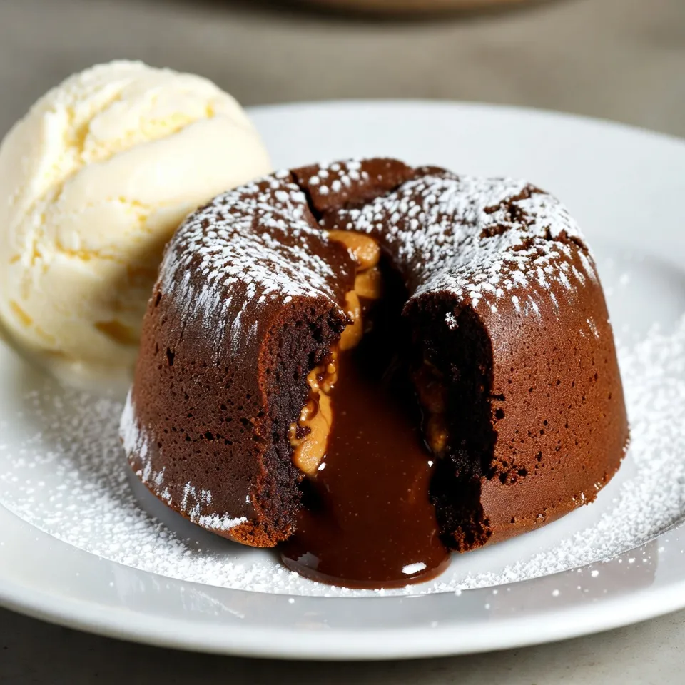 - 115 g ungesalzene Butter - 170 g halbsüße Schokoladenstückchen - 2 große Eier - 2 große Eigelbe - 70 g Kristallzucker - 30 g Weizenmehl - 1/4 Teelöffel Salz - 60 g cremige Erdnussbutter - 1 Esslöffel Puderzucker (zum Bestäuben) - Optional: Vanilleeis zum Servieren Um einen perfekten Schokoladen-Erdnussbutter-Lava-Kuchen zu machen, brauchen Sie diese Zutaten. Die ungesalzene Butter bringt einen reichen Geschmack. Halbsüße Schokoladenstückchen geben die süße Basis. Eier und Eigelbe sorgen für eine tolle Textur. Kristallzucker süßt den Teig, während Weizenmehl die Struktur schafft. Das Salz hebt die Aromen hervor. Cremige Erdnussbutter ist der Star in der Mitte, die für den köstlichen Lava-Effekt sorgt. Schließlich bestäuben Sie den Kuchen mit Puderzucker für einen schönen Look. Wenn Sie möchten, fügen Sie eine Kugel Vanilleeis hinzu. Es ist eine leckere Ergänzung, die die Wärme des Kuchens perfekt ausgleicht. {{ingredient_image_2}} Heize deinen Ofen auf 220°C vor. Fette vier Ramequins mit Butter ein. Bestäube sie leicht mit Mehl. Stelle die Ramequins auf ein Backblech, um sie später leichter herausnehmen zu können. Nehme einen mittelgroßen Topf und stelle ihn auf niedrige Hitze. Gib die ungesalzene Butter und die halbsüßen Schokoladenstückchen hinein. Rühre ständig, bis die Mischung glatt und gut vermischt ist. Nimm den Topf vom Herd und lasse die Mischung leicht abkühlen. In einer großen Schüssel verquirlst du die Eier, die Eigelbe und den Kristallzucker. Rühre, bis die Mischung dick und hell ist. Gieße die geschmolzene Schokoladenmischung langsam in die Eimischung. Rühre weiter, bis alles gut vermischt ist. Siebe das Weizenmehl und das Salz hinein. Hebe es vorsichtig unter, bis gerade kombiniert. Fülle die Hälfte des Kuchenteigs gleichmäßig in die vorbereiteten Ramequins. In die Mitte jedes Ramequins gibst du einen Esslöffel cremige Erdnussbutter. Löffle den restlichen Teig darauf, sodass die Erdnussbutter vollständig bedeckt ist. Backe die Lava-Kuchen im Ofen für 12 bis 14 Minuten. Die Ränder sollten fest sein, die Mitte bleibt weich. Lass die Kuchen für eine Minute abkühlen. Fahre vorsichtig mit einem Messer entlang der Ränder. Stürze die Kuchen auf Teller und lasse sie aus den Ramequins gleiten. Bestäube die Kuchen mit Puderzucker. Serviere sie sofort, gerne mit einer Kugel Vanilleeis. Die richtige Backzeit macht den Unterschied. Backen Sie die Lava-Kuchen bei 220°C für 12-14 Minuten. Die Ränder müssen fest sein, während die Mitte weich bleibt. So erhalten Sie den perfekten Lava-Effekt. Überwachen Sie die Zeit genau, denn jeder Ofen ist anders. Wenn Sie die Kuchen zu lange backen, wird die Füllung hart. Für eine ansprechende Präsentation servieren Sie die Lava-Kuchen auf einem schönen Teller. Bestäuben Sie sie mit Puderzucker für einen feinen Look. Ein Schuss Schokoladensauce macht das Gericht noch verlockender. Fügen Sie eine Kugel Vanilleeis hinzu, um einen tollen Kontrast zu bieten. Die Kälte des Eises passt gut zur warmen Schokolade. Um diese Lava-Kuchen zu machen, brauchen Sie einige einfache Geräte. Ein mittelgroßer Topf hilft, die Schokolade zu schmelzen. Verwenden Sie eine große Schüssel, um die Eier und den Zucker zu mischen. Ramequins sind wichtig, um die Kuchen zu backen und zu servieren. Ein Sieb ist nützlich, um das Mehl gleichmäßig einzuarbeiten. Halten Sie auch einen guten Schneebesen bereit, um die Mischung schön zu verrühren. Pro Tipps Butter und Schokolade richtig schmelzen: Schmelzen Sie die Butter und Schokolade bei niedriger Hitze, um ein Anbrennen zu vermeiden und eine gleichmäßige, glatte Mischung zu erhalten. Die perfekte Backzeit: Achten Sie darauf, die Kuchen nicht zu lange zu backen, damit die Mitte schön flüssig bleibt. Ein weicher Kern ist der Schlüssel zu einem gelungenen Lava-Kuchen. Erdnussbutter temperieren: Erwärmen Sie die Erdnussbutter leicht in der Mikrowelle, bevor Sie sie in die Ramequins geben. So verteilt sie sich besser im Teig und wird cremiger. Serviertipps: Servieren Sie die Lava-Kuchen warm, direkt nach dem Backen, und garnieren Sie sie mit Puderzucker oder einer Kugel Vanilleeis für einen zusätzlichen Genuss. {{image_4}} Sie können Ihrem Schokoladen-Erdnussbutter-Lava-Kuchen einen neuen Twist geben. Fügen Sie Nüsse hinzu, um Crunch zu erhalten. Walnüsse oder Mandeln sind großartige Optionen. Sie geben dem Kuchen eine schöne Textur und mehr Geschmack. Früchte sind auch eine tolle Ergänzung. Probieren Sie Himbeeren oder Bananen. Diese Früchte passen gut zu Schokolade und Erdnussbutter. Sie bringen Frische und eine süße Note in den Kuchen. Für eine glutenfreie Version nutzen Sie Mandelmehl oder Kokosmehl. Diese Mehle sind gute Alternativen zu Weizenmehl. Sie geben dem Kuchen ein anderes Aroma und eine feuchte Konsistenz. Für die laktosefreie Option ersetzen Sie die Butter durch Kokosöl oder eine laktosefreie Margarine. Diese Produkte arbeiten gut in Rezepten und behalten den reichen Geschmack bei. Möchten Sie eine vegane Version? Ersetzen Sie die Eier durch Apfelmus oder Leinsamen. Diese Zutaten helfen, den Kuchen zusammenzuhalten. Verwenden Sie pflanzliche Butter oder Kokosöl anstelle von Butter. Achten Sie auch auf die Schokolade. Wählen Sie eine vegane Schokolade, die ohne Milch ist. So bleibt Ihr Lava-Kuchen ganz pflanzlich und lecker. Um die Reste des Schokoladen-Erdnussbutter-Lava-Kuchens frisch zu halten, lege sie in den Kühlschrank. Verwende dazu einen luftdichten Behälter. So bleibt der Geschmack erhalten. Du kannst den Kuchen bis zu drei Tage im Kühlschrank aufbewahren. Um die Lava-Kuchen aufzuwärmen, nimm sie aus dem Kühlschrank. Stelle den Ofen auf 180°C. Lege die Kuchen auf ein Backblech und erhitze sie für etwa 5 bis 7 Minuten. Das sorgt dafür, dass die Schokolade wieder schmilzt. Achte darauf, sie nicht zu lange zu erhitzen. So bleibt der Kern schön flüssig. Die Kuchenteile sind bis zu drei Tage genießbar, wenn sie richtig in einem Kühlschrank gelagert werden. Nach dieser Zeit könnte der Geschmack nachlassen. Für den besten Genuss empfehle ich, die Kuchen frisch zu servieren. Ein Lava-Kuchen ist ein kleiner Schokoladenkuchen mit einer flüssigen Füllung. Er wird oft in Ramequins gebacken. Die äußere Schicht ist fest, während die Mitte weich bleibt. Wenn man ihn anschneidet, fließt die Schokolade heraus. Das macht den Kuchen besonders und lecker. Ja, du kannst die Erdnussbutter weglassen. Du kannst sie durch Nutella oder eine andere Nussbutter ersetzen. Wenn du keinen Nussgeschmack magst, lasse die Füllung einfach weg. Der Kuchen schmeckt auch ohne Füllung köstlich. Du kannst die Kuchen bis zu einem Tag im Voraus machen. Bereite den Teig vor und fülle die Ramequins. Decke sie ab und stelle sie in den Kühlschrank. Backe die Kuchen dann etwa 2 bis 3 Minuten länger, wenn du sie backst. So hast du mehr Zeit für deine Gäste. Zu Lava-Kuchen passen viele Beilagen. Vanilleeis ist eine beliebte Wahl. Auch frische Beeren oder Schlagsahne sind toll. Für Getränke kannst du Kaffee oder einen süßen Dessertwein wählen. Diese Kombinationen machen den Genuss perfekt. Lava-Kuchen ist einfach und lecker. Du hast gelernt, welche Zutaten du benötigst. Die Schritte sind klar und leicht zu befolgen. Tipps sorgen für perfekte Ergebnisse. Variationen helfen dir, neue Geschmäcker auszuprobieren. Kühlmethoden und Aufwärmtipps verlängern die Haltbarkeit. Genieße deinen selbstgemachten Lava-Kuchen! Er ist eine tolle Idee für jeden Anlass. Du kannst ihn stets anpassen und kreativ sein.
