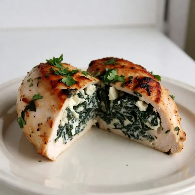 Für dieses Gericht benötigst du folgende Hauptzutaten: - 4 Hähnchenbrustfilets ohne Knochen und Haut - 2 Tassen frischer Spinat, grob gehackt - 1 Tasse Feta-Käse, zerbröselt - 1/2 Tasse Frischkäse, weich - 2 Knoblauchzehen, fein gehackt Diese Zutaten sorgen für einen tollen Geschmack und eine schöne Textur. Das Hähnchen bleibt saftig und die Füllung bringt Frische und Cremigkeit. Zusätzlich brauchst du einige Gewürze und den Frischkäse: - 1 Teelöffel getrockneter Oregano - 1/2 Teelöffel Salz - 1/4 Teelöffel schwarzer Pfeffer - 1 Esslöffel Olivenöl - Schale von 1 Zitrone (abgerieben) Die Gewürze wie Oregano und Pfeffer geben dem Gericht eine besondere Note. Der Frischkäse bindet die Füllung und macht sie cremig. Die Nährwerte sind wichtig, wenn man auf die Gesundheit achtet. - Hähnchenbrust: Hoch an Protein, wenig Fett. - Spinat: Reich an Vitaminen und Mineralien. - Feta-Käse: Bietet Calcium und Protein. - Frischkäse: Füllt und macht die Füllung cremig. - Olivenöl: Gesunde Fette, gut für das Herz. Die Kombination dieser Zutaten ergibt ein köstliches, nahrhaftes Gericht, das dir Energie gibt. {{ingredient_image_2}} Zuerst heizen Sie den Ofen auf 190°C vor. Nehmen Sie die Hähnchenbrustfilets und legen Sie sie auf ein Schneidebrett. Mit einem scharfen Messer schneiden Sie vorsichtig eine Tasche in jedes Filet. Seien Sie vorsichtig, dass das Fleisch nicht ganz durchtrennt wird. Diese Tasche wird die Füllung halten. In einer mittleren Schüssel geben Sie die Zutaten für die Füllung. Fügen Sie 2 Tassen grob gehackten Spinat, 1 Tasse zerbröselten Feta-Käse und 1/2 Tasse weichen Frischkäse hinzu. Dann kommen 2 fein gehackte Knoblauchzehen, 1 Teelöffel getrockneter Oregano, die Schale von 1 Zitrone, 1/2 Teelöffel Salz und 1/4 Teelöffel schwarzer Pfeffer dazu. Mischen Sie alles gut durch, bis eine gleichmäßige Füllung entsteht. Jetzt füllen Sie jede Tasche in den Hähnchenbrustfilets mit der vorbereiteten Mischung. Wenn nötig, sichern Sie die Öffnungen mit Zahnstochern. Erhitzen Sie 1 Esslöffel Olivenöl in einer großen, ofenfesten Pfanne bei mittlerer bis hoher Hitze. Wenn das Öl heiß ist, legen Sie die gefüllten Hähnchenbrustfilets hinein. Braten Sie sie 3-4 Minuten pro Seite, bis sie goldbraun sind. Übertragen Sie die Pfanne mit dem Hähnchen in den vorgeheizten Ofen. Backen Sie das Hähnchen für 20-25 Minuten. Es sollte die Innentemperatur von 75°C erreichen. Nach dem Backen nehmen Sie die Pfanne heraus und lassen das Hähnchen 5 Minuten ruhen. Garnieren Sie es mit frisch gehackter Petersilie und servieren Sie es warm. Der häufigste Fehler ist, die Hähnchenbrust zu stark zu schneiden. Man sollte nur eine Tasche schneiden, um die Füllung zu halten. Wenn das Hähnchen zu lange brät, wird es trocken. Achte darauf, die Zeit genau im Blick zu haben. Bei der Füllung kann man auch den Käse zu grob zerbröseln. Feinere Stücke mischen gut mit dem Spinat. Wähle frische Hähnchenbrustfilets. Sie sind saftiger und schmecken besser. Lass das Hähnchen vor dem Kochen Zimmertemperatur erreichen. So gart es gleichmäßiger. Verwende ein scharfes Messer, um die Tasche zu schneiden. Das macht die Arbeit leichter und sicherer. Marinieren ist auch eine tolle Idee. Ein bisschen Zitronensaft oder Olivenöl bringt mehr Geschmack. Bereite die Füllung im Voraus vor. Du kannst sie sogar am Vortag machen. So sparst du Zeit am Kochtag. Wenn du mehrere Portionen machst, kannst du die Füllung auch einfrieren. Das Hähnchen kann komplett vorbereitet werden, bevor du es brätst. Das spart dir Zeit beim Servieren. Halte alle Werkzeuge und Zutaten bereit, um den Prozess schnell und einfach zu gestalten. Pro Tipps Hähnchen vorbereiten: Stellen Sie sicher, dass die Hähnchenbrustfilets gleichmäßig dick sind, damit sie gleichmäßig garen. Füllung anpassen: Fügen Sie nach Belieben zusätzliche Gewürze oder Kräuter zur Füllung hinzu, wie z.B. frischen Basilikum oder Thymian. Ruhen lassen: Das Hähnchen nach dem Backen 5 Minuten ruhen lassen, damit die Säfte sich setzen können und das Fleisch saftig bleibt. Gesunde Beilage: Servieren Sie das gefüllte Hähnchen mit einem frischen Salat oder gedünstetem Gemüse für eine ausgewogene Mahlzeit. {{image_4}} Feta-Käse ist der Star in diesem Rezept. Du kannst aber auch andere Käsesorten nutzen. Zum Beispiel: - Mozzarella: Er schmilzt gut und gibt einen milden Geschmack. - Ricotta: Dieser Käse macht die Füllung cremig und leicht. - Parmesan: Er fügt einen würzigen Kick hinzu, wenn du ihn ein wenig untermischst. Spiele mit den Käsesorten, um deinen eigenen Geschmack zu finden! Das Grundrezept ist schon lecker, aber du kannst es noch weiter aufpeppen. Hier sind einige Ideen für zusätzliche Zutaten: - Sonnengetrocknete Tomaten: Diese geben einen süßen und herzhaften Geschmack. - Oliven: Sie bringen eine salzige Note, die gut mit dem Feta harmoniert. - Pinienkerne: Sie fügen eine knusprige Textur hinzu. - Kräuter: Frische Kräuter wie Basilikum oder Thymian verstärken den Geschmack. Fühle dich frei, die Füllung nach deinem Geschmack zu ändern! Wenn du eine vegetarische Option suchst, gibt es tolle Möglichkeiten. Du kannst das Hähnchen durch Gemüse ersetzen. Zum Beispiel: - Aubergine: Schneide sie in dicke Scheiben und fülle sie mit der Mischung. - Paprika: Diese bunten Schoten sind perfekt zum Füllen und bringen Farbe auf den Teller. - Zucchini: Sie sind leicht und nehmen die Aromen gut auf. Diese Alternativen bieten dir eine köstliche und gesunde Variante des Gerichts! Um dein Spinat-Feta gefülltes Hähnchen frisch zu halten, solltest du es richtig lagern. Lass das Hähnchen zuerst auf Raumtemperatur abkühlen. Danach lege es in einen luftdichten Behälter. Du kannst auch Frischhaltefolie verwenden, um es gut abzudecken. So bleibt das Hähnchen saftig und lecker. Wenn du Reste hast, kannst du sie leicht aufwärmen. Heize deinen Ofen auf 180°C vor. Lege die Hähnchenstücke in eine Auflaufform. Decke die Form mit Aluminiumfolie ab, um das Austrocknen zu verhindern. Erwärme das Hähnchen 15 bis 20 Minuten, bis es heiß ist. Du kannst auch die Mikrowelle verwenden, aber das Hähnchen wird dabei nicht so knusprig. Im Kühlschrank hält sich das gefüllte Hähnchen etwa 3 bis 4 Tage. Stelle sicher, dass es gut verpackt ist. Im Gefrierfach kannst du das Hähnchen bis zu 3 Monate aufbewahren. Am besten schneidest du die Portionen vor dem Einfrieren. So kannst du nur die Menge auftauen, die du brauchst. Um das Hähnchen vegan zu machen, ersetzen Sie das Hähnchen durch Tofu oder Seitan. Schneiden Sie den Tofu in dicke Stücke. Nutzen Sie die gleiche Füllung mit Spinat, veganem Feta und veganem Frischkäse. Backen Sie die gefüllte Mischung wie im Rezept beschrieben. Achten Sie darauf, die Garzeit anzupassen, da Tofu schneller gart. Ja, Sie können andere Gemüsesorten verwenden. Paprika, Zucchini oder Pilze passen gut. Mischen Sie diese mit dem Spinat für mehr Geschmack. Achten Sie darauf, das Gemüse vorher leicht zu dünsten, um die Feuchtigkeit zu reduzieren. Dies sorgt dafür, dass die Füllung nicht zu wässrig wird. Wenn Sie bei 200°C (392°F) backen, reduzieren Sie die Backzeit um 5 Minuten. Prüfen Sie die Innentemperatur des Hähnchens. Es sollte 75°C (165°F) erreichen. Bei 180°C (356°F) erhöhen Sie die Backzeit um 5 Minuten. So bleibt Ihr gefülltes Hähnchen saftig und zart. Spinat-Feta gefülltes Hähnchen ist einfach zuzubereiten und lecker. Wir haben die besten Zutaten, eine Schritt-für-Schritt-Anleitung und nützliche Tipps besprochen. Du kannst das Rezept anpassen und sogar vegetarische Varianten ausprobieren. Achte auf die Lagerung, um Reste frisch zu halten. Kochen kann Spaß machen und deine Mahlzeiten bereichern. Mit diesen Informationen wirst du ein köstliches Gericht zaubern!