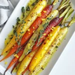 - 450 g Regenbogenmöhren, geschält und in verschiedene Längen geschnitten - 3 Esslöffel ungesalzene Butter, geschmolzen - 4 Knoblauchzehen, fein gehackt - 2 Esslöffel frische Thymianblätter oder 1 Esslöffel getrockneter Thymian - Salz und Pfeffer nach Geschmack - 1 Esslöffel Honig (optional) - Schale von 1 Zitrone Wenn du keine Regenbogenmöhren findest, nimm einfach normale Möhren. Sie schmecken auch gut. Für die Thymianblätter kannst du Oregano verwenden. Das gibt einen anderen, aber köstlichen Geschmack. Wenn du keinen Honig hast, probiere Agavendicksaft oder einen anderen Süßstoff. Achte beim Kauf auf die Farbe. Die Möhren sollten leuchtend und fest sein. Vermeide Möhren mit weichen Stellen oder Rissen. Frische Möhren haben auch ein knackiges Grün an den Spitzen. Wenn du sie in der Hand hältst, sollten sie schwer sein und nicht schlaff wirken. So stellst du sicher, dass sie frisch und schmackhaft sind. {{ingredient_image_2}} Zuerst waschen Sie die Regenbogenmöhren gut. Sie können normale Möhren verwenden, wenn Sie keine finden. Schälen Sie die Möhren, um die äußere Haut zu entfernen. Schneiden Sie die Möhren in verschiedene Längen. So sehen sie sehr hübsch aus und garen gleichmäßig. Jetzt nehmen Sie eine große Schüssel. Geben Sie 3 Esslöffel geschmolzene Butter hinein. Fügen Sie 4 fein gehackte Knoblauchzehen hinzu. Dann kommen 2 Esslöffel frische Thymianblätter dazu. Wenn Sie möchten, können Sie auch 1 Esslöffel Honig hinzufügen. Dieser macht die Möhren süßer. Streuen Sie Salz und Pfeffer nach Geschmack in die Schüssel. Rühren Sie die Mischung gut um. Legen Sie die geschnittenen Möhren in die Schüssel. Mischen Sie alles gut, damit jede Möhre mit der Knoblauchbutter bedeckt ist. Heizen Sie Ihren Ofen auf 220 °C vor. Nehmen Sie ein Backblech und legen Sie es mit Backpapier aus. Verteilen Sie die Möhren in einer einzigen Schicht auf dem Blech. Achten Sie darauf, dass sie nicht übereinander liegen. So rösten sie besser und werden knuspriger. Schieben Sie das Blech in den vorgeheizten Ofen. Rösten Sie die Möhren für 25 bis 30 Minuten. Nach der Hälfte der Zeit sollten Sie die Möhren wenden. So bräunen sie gleichmäßig. Die Möhren sind fertig, wenn sie zart und leicht karamellisiert sind. Beim Wenden der Möhren können Sie eine Zange oder einen Löffel verwenden. Seien Sie vorsichtig, damit die Möhren nicht zerbrechen. Karamellisieren passiert, wenn der Zucker in den Möhren warm wird. Das gibt ihnen einen tollen Geschmack. Wenn die Möhren fertig sind, nehmen Sie sie aus dem Ofen. Streuen Sie die Zitronenschale von einer Zitrone darüber. Das gibt den Möhren einen frischen, zitrusartigen Geschmack. Servieren Sie die Möhren warm, und genießen Sie die köstliche Knoblauchbutter! Beim Rösten von Gemüse gibt es einige häufige Fehler. Viele Menschen schneiden die Möhren nicht gleichmäßig. Das führt dazu, dass einige Stücke zu weich und andere zu hart werden. Achte darauf, die Möhren in ähnliche Größen zu schneiden. So garen sie gleichmäßig. Ein weiterer Fehler ist, zu viel Gemüse auf einmal zu rösten. Wenn die Möhren zu nah beieinander liegen, dämpfen sie sich gegenseitig. Das macht sie nicht knusprig. Verwende ein großes Backblech und verteile die Möhren gleichmäßig. Um den Geschmack der Knoblauchbutter zu verbessern, kannst du frische Kräuter wie Rosmarin oder Oregano hinzufügen. Diese Kräuter bringen neue Aromen. Auch eine Prise Chili oder Paprika kann die Butter spannend machen. Denke daran, die Knoblauchzehen nicht zu lange zu kochen. Sie sollten goldbraun sein, nicht verbrannt. Verbrannter Knoblauch schmeckt bitter. Frischer Zitronensaft kann auch den Geschmack aufhellen. Mische etwas Zitronensaft in die Butter. Die Präsentation ist wichtig. Arrangiere die gerösteten Möhren auf einer schönen Servierplatte. Träufle die restliche Knoblauchbutter darüber. Das sieht toll aus und gibt zusätzlichen Geschmack. Garnieren ist ein einfacher Trick. Verwende frische Thymianzweige und Zitronenschnitze. Diese Farben machen das Gericht lebendig. So wird es zur perfekten Beilage für jedes Essen. Pro Tipps Die richtige Möhrenwahl: Verwenden Sie frische, knusprige Regenbogenmöhren für eine schöne Farbauswahl und besseren Geschmack. Knoblauchgeschmack intensivieren: Lassen Sie die Knoblauchbutter einige Minuten ruhen, bevor Sie sie zu den Möhren geben, um den Geschmack zu intensivieren. Alternative Kräuter: Experimentieren Sie mit anderen Kräutern wie Rosmarin oder Oregano für variierenden Geschmack und Aromatik. Röstdauer anpassen: Je nach Dicke der Möhren kann die Röstdauer variieren – überprüfen Sie regelmäßig, um eine perfekte Karamellisierung zu erreichen. {{image_4}} Es gibt viele Kräuter, die gut zu Regenbogenmöhren passen. Anstelle von Thymian kannst du Rosmarin verwenden. Petersilie bringt frische Aromen. Oregano gibt einen herzhaften Geschmack. Experimentiere ruhig mit deinen Lieblingskräutern. Fühle dich frei, kreativ zu sein! Für eine süßere Note füge Honig hinzu. Er karamellisiert beim Rösten und gibt den Möhren eine schöne Farbe. Du kannst auch Balsamico-Essig ausprobieren. Das bringt eine leichte Säure und Tiefe. Eine Prise Chili oder Paprika kann eine scharfe Note hinzufügen. So wird das Gericht noch interessanter. Um die Möhren vegan zuzubereiten, ersetze die Butter durch pflanzliche Margarine. Das Ergebnis bleibt lecker und cremig. Du kannst auch Olivenöl verwenden, um die Möhren zu rösten. Achte darauf, dass die anderen Zutaten vegan sind. So bleibt dein Gericht rein pflanzlich und gesund. Wenn Sie Knoblauchbutter-geröstete Regenbogenmöhren übrig haben, lassen Sie sie zuerst abkühlen. Lagern Sie die Möhren in einem luftdichten Behälter. Verwenden Sie am besten ein Glas oder eine Plastikbox. So bleibt der Geschmack frisch. Sie können die Möhren bis zu drei Tage im Kühlschrank aufbewahren. Um die Möhren wieder warm zu machen, nutzen Sie den Ofen oder die Pfanne. Heizen Sie den Ofen auf 180 °C vor. Legen Sie die Möhren auf ein Blech und erwärmen Sie sie für etwa 10 Minuten. In der Pfanne können Sie etwas Butter oder Öl hinzufügen. Erwärmen Sie sie bei mittlerer Hitze, bis sie heiß sind. So bleiben sie lecker und saftig. Im Kühlschrank halten die Möhren bis zu drei Tage frisch. Für eine längere Lagerung können Sie die Möhren auch einfrieren. Packen Sie sie in einen Gefrierbeutel und drücken Sie die Luft heraus. So bleiben sie bis zu drei Monate haltbar. Für beste Ergebnisse, die Möhren vorher blanchieren. Kochen Sie sie kurz in Wasser, bevor Sie sie einfrieren. Die Möhren rösten etwa 25 bis 30 Minuten im Ofen. Ich empfehle, sie nach 15 Minuten zu wenden. So bräunen sie gleichmäßig und werden zart. Achte darauf, dass der Ofen heiß genug ist, bei 220 °C. So bekommst du eine schöne Karamellisierung. Ja, du kannst viele Gemüsesorten mit Regenbogenmöhren kombinieren. Süßkartoffeln, Zucchini oder Paprika passen gut dazu. Achte darauf, die Gemüsesorten in ähnliche Größen zu schneiden. So garen sie gleichmäßig und haben die gleiche Textur. Es ist nicht notwendig, die Möhren zu schälen. Die Schale ist essbar und enthält viele Nährstoffe. Wasche sie einfach gründlich, um Schmutz zu entfernen. Wenn du eine glattere Textur bevorzugst, kannst du sie schälen. Die Knoblauchbutter-gerösteten Regenbogenmöhren sind einfach gut. Wir haben die besten Zutaten besprochen, und ich habe dir Tipps für frische Möhren gegeben. Die Schritt-für-Schritt-Anleitung sorgt dafür, dass du beim Rösten alles richtig machst. Denk an die häufigsten Fehler und wie du die Möhren perfekt präsentierst. Probiere auch die Variationen, um neue Geschmäcker zu entdecken. Halte die Reste frisch mit meinen Lagerhinweisen. Du kannst jede Frage klären, die du zur Zubereitung hast. Genieße deine knusprigen, leckeren Möhren!