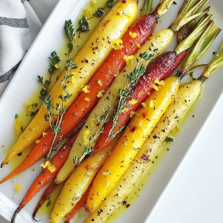 - 450 g Regenbogenmöhren, geschält und in verschiedene Längen geschnitten - 3 Esslöffel ungesalzene Butter, geschmolzen - 4 Knoblauchzehen, fein gehackt - 2 Esslöffel frische Thymianblätter oder 1 Esslöffel getrockneter Thymian - Salz und Pfeffer nach Geschmack - 1 Esslöffel Honig (optional) - Schale von 1 Zitrone Wenn du keine Regenbogenmöhren findest, nimm einfach normale Möhren. Sie schmecken auch gut. Für die Thymianblätter kannst du Oregano verwenden. Das gibt einen anderen, aber köstlichen Geschmack. Wenn du keinen Honig hast, probiere Agavendicksaft oder einen anderen Süßstoff. Achte beim Kauf auf die Farbe. Die Möhren sollten leuchtend und fest sein. Vermeide Möhren mit weichen Stellen oder Rissen. Frische Möhren haben auch ein knackiges Grün an den Spitzen. Wenn du sie in der Hand hältst, sollten sie schwer sein und nicht schlaff wirken. So stellst du sicher, dass sie frisch und schmackhaft sind. {{ingredient_image_2}} Zuerst waschen Sie die Regenbogenmöhren gut. Sie können normale Möhren verwenden, wenn Sie keine finden. Schälen Sie die Möhren, um die äußere Haut zu entfernen. Schneiden Sie die Möhren in verschiedene Längen. So sehen sie sehr hübsch aus und garen gleichmäßig. Jetzt nehmen Sie eine große Schüssel. Geben Sie 3 Esslöffel geschmolzene Butter hinein. Fügen Sie 4 fein gehackte Knoblauchzehen hinzu. Dann kommen 2 Esslöffel frische Thymianblätter dazu. Wenn Sie möchten, können Sie auch 1 Esslöffel Honig hinzufügen. Dieser macht die Möhren süßer. Streuen Sie Salz und Pfeffer nach Geschmack in die Schüssel. Rühren Sie die Mischung gut um. Legen Sie die geschnittenen Möhren in die Schüssel. Mischen Sie alles gut, damit jede Möhre mit der Knoblauchbutter bedeckt ist. Heizen Sie Ihren Ofen auf 220 °C vor. Nehmen Sie ein Backblech und legen Sie es mit Backpapier aus. Verteilen Sie die Möhren in einer einzigen Schicht auf dem Blech. Achten Sie darauf, dass sie nicht übereinander liegen. So rösten sie besser und werden knuspriger. Schieben Sie das Blech in den vorgeheizten Ofen. Rösten Sie die Möhren für 25 bis 30 Minuten. Nach der Hälfte der Zeit sollten Sie die Möhren wenden. So bräunen sie gleichmäßig. Die Möhren sind fertig, wenn sie zart und leicht karamellisiert sind. Beim Wenden der Möhren können Sie eine Zange oder einen Löffel verwenden. Seien Sie vorsichtig, damit die Möhren nicht zerbrechen. Karamellisieren passiert, wenn der Zucker in den Möhren warm wird. Das gibt ihnen einen tollen Geschmack. Wenn die Möhren fertig sind, nehmen Sie sie aus dem Ofen. Streuen Sie die Zitronenschale von einer Zitrone darüber. Das gibt den Möhren einen frischen, zitrusartigen Geschmack. Servieren Sie die Möhren warm, und genießen Sie die köstliche Knoblauchbutter! Beim Rösten von Gemüse gibt es einige häufige Fehler. Viele Menschen schneiden die Möhren nicht gleichmäßig. Das führt dazu, dass einige Stücke zu weich und andere zu hart werden. Achte darauf, die Möhren in ähnliche Größen zu schneiden. So garen sie gleichmäßig. Ein weiterer Fehler ist, zu viel Gemüse auf einmal zu rösten. Wenn die Möhren zu nah beieinander liegen, dämpfen sie sich gegenseitig. Das macht sie nicht knusprig. Verwende ein großes Backblech und verteile die Möhren gleichmäßig. Um den Geschmack der Knoblauchbutter zu verbessern, kannst du frische Kräuter wie Rosmarin oder Oregano hinzufügen. Diese Kräuter bringen neue Aromen. Auch eine Prise Chili oder Paprika kann die Butter spannend machen. Denke daran, die Knoblauchzehen nicht zu lange zu kochen. Sie sollten goldbraun sein, nicht verbrannt. Verbrannter Knoblauch schmeckt bitter. Frischer Zitronensaft kann auch den Geschmack aufhellen. Mische etwas Zitronensaft in die Butter. Die Präsentation ist wichtig. Arrangiere die gerösteten Möhren auf einer schönen Servierplatte. Träufle die restliche Knoblauchbutter darüber. Das sieht toll aus und gibt zusätzlichen Geschmack. Garnieren ist ein einfacher Trick. Verwende frische Thymianzweige und Zitronenschnitze. Diese Farben machen das Gericht lebendig. So wird es zur perfekten Beilage für jedes Essen. Pro Tipps Die richtige Möhrenwahl: Verwenden Sie frische, knusprige Regenbogenmöhren für eine schöne Farbauswahl und besseren Geschmack. Knoblauchgeschmack intensivieren: Lassen Sie die Knoblauchbutter einige Minuten ruhen, bevor Sie sie zu den Möhren geben, um den Geschmack zu intensivieren. Alternative Kräuter: Experimentieren Sie mit anderen Kräutern wie Rosmarin oder Oregano für variierenden Geschmack und Aromatik. Röstdauer anpassen: Je nach Dicke der Möhren kann die Röstdauer variieren – überprüfen Sie regelmäßig, um eine perfekte Karamellisierung zu erreichen. {{image_4}} Es gibt viele Kräuter, die gut zu Regenbogenmöhren passen. Anstelle von Thymian kannst du Rosmarin verwenden. Petersilie bringt frische Aromen. Oregano gibt einen herzhaften Geschmack. Experimentiere ruhig mit deinen Lieblingskräutern. Fühle dich frei, kreativ zu sein! Für eine süßere Note füge Honig hinzu. Er karamellisiert beim Rösten und gibt den Möhren eine schöne Farbe. Du kannst auch Balsamico-Essig ausprobieren. Das bringt eine leichte Säure und Tiefe. Eine Prise Chili oder Paprika kann eine scharfe Note hinzufügen. So wird das Gericht noch interessanter. Um die Möhren vegan zuzubereiten, ersetze die Butter durch pflanzliche Margarine. Das Ergebnis bleibt lecker und cremig. Du kannst auch Olivenöl verwenden, um die Möhren zu rösten. Achte darauf, dass die anderen Zutaten vegan sind. So bleibt dein Gericht rein pflanzlich und gesund. Wenn Sie Knoblauchbutter-geröstete Regenbogenmöhren übrig haben, lassen Sie sie zuerst abkühlen. Lagern Sie die Möhren in einem luftdichten Behälter. Verwenden Sie am besten ein Glas oder eine Plastikbox. So bleibt der Geschmack frisch. Sie können die Möhren bis zu drei Tage im Kühlschrank aufbewahren. Um die Möhren wieder warm zu machen, nutzen Sie den Ofen oder die Pfanne. Heizen Sie den Ofen auf 180 °C vor. Legen Sie die Möhren auf ein Blech und erwärmen Sie sie für etwa 10 Minuten. In der Pfanne können Sie etwas Butter oder Öl hinzufügen. Erwärmen Sie sie bei mittlerer Hitze, bis sie heiß sind. So bleiben sie lecker und saftig. Im Kühlschrank halten die Möhren bis zu drei Tage frisch. Für eine längere Lagerung können Sie die Möhren auch einfrieren. Packen Sie sie in einen Gefrierbeutel und drücken Sie die Luft heraus. So bleiben sie bis zu drei Monate haltbar. Für beste Ergebnisse, die Möhren vorher blanchieren. Kochen Sie sie kurz in Wasser, bevor Sie sie einfrieren. Die Möhren rösten etwa 25 bis 30 Minuten im Ofen. Ich empfehle, sie nach 15 Minuten zu wenden. So bräunen sie gleichmäßig und werden zart. Achte darauf, dass der Ofen heiß genug ist, bei 220 °C. So bekommst du eine schöne Karamellisierung. Ja, du kannst viele Gemüsesorten mit Regenbogenmöhren kombinieren. Süßkartoffeln, Zucchini oder Paprika passen gut dazu. Achte darauf, die Gemüsesorten in ähnliche Größen zu schneiden. So garen sie gleichmäßig und haben die gleiche Textur. Es ist nicht notwendig, die Möhren zu schälen. Die Schale ist essbar und enthält viele Nährstoffe. Wasche sie einfach gründlich, um Schmutz zu entfernen. Wenn du eine glattere Textur bevorzugst, kannst du sie schälen. Die Knoblauchbutter-gerösteten Regenbogenmöhren sind einfach gut. Wir haben die besten Zutaten besprochen, und ich habe dir Tipps für frische Möhren gegeben. Die Schritt-für-Schritt-Anleitung sorgt dafür, dass du beim Rösten alles richtig machst. Denk an die häufigsten Fehler und wie du die Möhren perfekt präsentierst. Probiere auch die Variationen, um neue Geschmäcker zu entdecken. Halte die Reste frisch mit meinen Lagerhinweisen. Du kannst jede Frage klären, die du zur Zubereitung hast. Genieße deine knusprigen, leckeren Möhren!