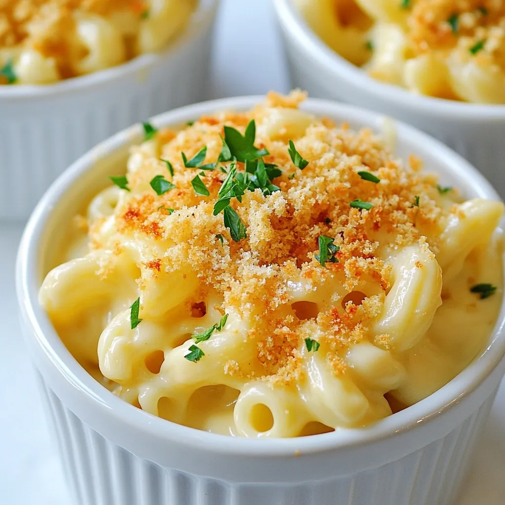 - 225 g Ellenbogen-Makkaroni - 200 g geriebener weißer Cheddar-Käse - 100 g geriebener Parmesan-Käse Die Hauptzutaten für cremigen weißen Cheddar Mac and Cheese sind einfach und lecker. Ellenbogen-Makkaroni sind perfekt für dieses Gericht. Sie halten die Käsesoße gut und geben jedem Bissen einen tollen Geschmack. Weißer Cheddar-Käse sorgt für die cremige Konsistenz. Er hat einen kräftigen Geschmack, der das Gericht hebt. Parmesan-Käse fügt eine salzige Note hinzu und bringt Tiefe in die Soße. - 1 Teelöffel Knoblauchpulver - 1 Teelöffel Zwiebelpulver - 1/2 Teelöffel geräuchertes Paprikapulver Die Gewürze sind wichtig für den Geschmack. Knoblauchpulver bringt einen herzhaften, aromatischen Kick. Zwiebelpulver fügt eine milde Süße hinzu. Geräuchertes Paprikapulver gibt dem Gericht eine rauchige Note. Diese Gewürze helfen, die Aromen zu verstärken und geben deinem Mac and Cheese den besonderen Pfiff. - 500 ml Vollmilch - 250 ml Schlagsahne - 60 g ungesalzene Butter Die flüssigen Zutaten machen die Soße reichhaltig und cremig. Vollmilch sorgt für eine sanfte Basis. Sie hilft, die Käsesoße zu binden und macht sie nicht zu schwer. Schlagsahne erhöht die Cremigkeit und macht jeden Bissen unvergesslich. Ungesalzene Butter bringt alles zusammen und sorgt für einen tollen Geschmack. Diese Kombination macht deinen Mac and Cheese zu einem echten Genuss. {{ingredient_image_2}} Um die Makkaroni perfekt zu kochen, bringe einen großen Topf mit gesalzenem Wasser zum Kochen. Füge die 225 g Ellenbogen-Makkaroni hinzu. Koche sie etwa 6-8 Minuten, bis sie al dente sind. Das bedeutet, dass sie innen noch leicht fest sind. Wenn sie fertig sind, gieße sie ab und stelle sie beiseite. Jetzt beginnen wir mit der Käsesoße. Nimm den gleichen Topf und schmelze 60 g ungesalzene Butter bei mittlerer Hitze. Sobald die Butter geschmolzen ist, rühre 30 g Allzweckmehl mit einem Schneebesen ein. Lasse es 1-2 Minuten kochen, bis es sprudelt. Füge nun 500 ml Vollmilch und 250 ml Schlagsahne langsam hinzu. Rühre ständig, um Klumpen zu vermeiden. Koche die Mischung weiter, bis sie dick wird. Das dauert etwa 5-7 Minuten. Nimm den Topf dann vom Herd. Rühre 200 g geriebenen weißen Cheddar und 100 g geriebenen Parmesan unter. Mische alles gründlich, bis der Käse geschmolzen ist. Füge 1 Teelöffel Knoblauchpulver, 1 Teelöffel Zwiebelpulver, 1/2 Teelöffel geräuchertes Paprikapulver sowie Salz und Pfeffer nach Geschmack hinzu. Jetzt kommt der spannende Teil! Gib die gekochten Makkaroni in die Käsesoße. Rühre gut um, sodass alle Nudeln mit der cremigen Soße bedeckt sind. Für den Belag vermische in einer separaten Schüssel 50 g Panko-Brösel mit ein wenig geschmolzener Butter und einer Prise Salz. Heize den Ofen auf 175 °C vor. Gib die Makkaroni-Käse-Mischung in eine gefettete Auflaufform und verteile sie gleichmäßig. Streue den Panko-Belag darauf. Backe das Ganze 20-25 Minuten, bis die Oberseite goldbraun und knusprig ist. Nach dem Backen lasse es kurz abkühlen und genieße diesen cremigen Genuss! Um Klumpen in der Käsesoße zu vermeiden, rühren Sie die Flüssigkeit langsam ein. Beginnen Sie mit der Milch und der Schlagsahne. Mischen Sie ständig, während Sie die Flüssigkeit hinzufügen. Kochen Sie die Mischung, bis sie dick wird. Die richtige Konsistenz ist cremig und glatt. Sie sollten die Käsesoße leicht über die Makkaroni gießen können. Panko-Brösel sorgen für einen tollen Crunch. Vermengen Sie die Brösel mit etwas geschmolzener Butter und einer Prise Salz. Dies gibt mehr Geschmack. Sie können auch Parmesan oder Kräuter hinzufügen. Diese Zutaten geben dem Belag eine extra Note und machen das Gericht noch leckerer. Präsentieren Sie das Gericht in kleinen Schalen. So sieht es ansprechend aus. Sie können es auch mit extra Käse oder Bröseln obenauf bestreuen. Das gibt zusätzliche Textur. Dazu passt gut gedämpfter Brokkoli oder ein frischer Gartensalat. Diese Beilagen bringen Farbe und Frische auf den Tisch. Pro Tipps Verwenden Sie hochwertigen Käse: Wählen Sie frischen, hochwertigen weißen Cheddar und Parmesan, um den besten Geschmack und die cremigste Textur zu erzielen. Pasta nicht überkochen: Kochen Sie die Makkaroni nur al dente, da sie beim Backen weitergaren und sonst matschig werden könnten. Für zusätzlichen Geschmack: Fügen Sie ein wenig Senf oder Worcestershiresauce zur Käsesoße hinzu, um eine interessante Geschmacksnote zu erhalten. Variieren Sie die Toppings: Experimentieren Sie mit verschiedenen Toppings wie zerbröseltem Speck, gerösteten Nüssen oder zusätzlichen Kräutern für mehr Textur und Geschmack. {{image_4}} Für eine vegane Variante von cremigem Mac and Cheese kannst du pflanzlichen Käse verwenden. Es gibt viele Marken, die tollen Käse aus Nüssen oder Kokos anbieten. Diese Käse schmelzen gut und bieten einen ähnlichen Geschmack. Du kannst auch Rezepte für vegane Sahne ausprobieren. Eine gute Option ist die Verwendung von Cashew-Creme. Diese ist cremig und hat einen milden Geschmack. Um sie herzustellen, weiche Cashews in Wasser ein und püriere sie dann mit etwas Wasser. Fertig ist deine vegane Sahne! Du kannst dein Mac and Cheese aufpeppen, indem du Gemüse hinzufügst. Brokkoli ist eine tolle Wahl, da er gut mit dem Käse harmoniert. Einfach den Brokkoli dämpfen und dann unter die Makkaroni mischen. Auch Speck oder Schinken sind beliebte Optionen, um dem Gericht mehr Geschmack zu verleihen. Brate den Speck knusprig an, bevor du ihn in die Käsesoße gibst. So bekommst du einen herzhaften Crunch in jedem Bissen! Für eine scharfe Note kannst du dein Mac and Cheese würziger machen. Füge einfach etwas Cayennepfeffer oder scharfe Soße hinzu. So erhält das Gericht einen aufregenden Kick. Du kannst auch italienische Kräuter verwenden, um dem Gericht einen mediterranen Twist zu geben. Oregano und Basilikum passen perfekt und bringen frische Aromen. Experimentiere mit den Gewürzen, um deinen eigenen Geschmack zu finden! Stelle sicher, dass dein cremiger Mac and Cheese gut abgekühlt ist. Fülle ihn in einen luftdichten Behälter. So bleibt er frisch. Du kannst ihn bis zu drei Tage im Kühlschrank aufbewahren. Achte darauf, das Gericht vor dem Servieren gut durchzuwärmen. Wenn du mehr Mac and Cheese hast, friere ihn ein. Verwende einen gefrierfesten Behälter. Lass etwas Platz, da sich die Soße beim Gefrieren ausdehnt. Du kannst ihn bis zu zwei Monate im Gefrierfach lassen. Zum Auftauen lege ihn über Nacht in den Kühlschrank. Um deinen Mac and Cheese wieder warm zu machen, gibt es zwei gute Methoden. - Ofen: Heize den Ofen auf 175 °C vor. Gib den Mac and Cheese in eine Auflaufform. Decke ihn mit Folie ab, um das Austrocknen zu verhindern. Backe ihn für etwa 20 Minuten. - Mikrowelle: Lege eine Portion in eine mikrowellengeeignete Schüssel. Füge einen Esslöffel Milch hinzu, um ihn cremig zu halten. Erhitze ihn in Intervallen von 1-2 Minuten, bis er warm ist. Beide Methoden helfen, den Geschmack und die Textur zu bewahren. Die gesamte Vorbereitungs- und Kochzeit beträgt etwa 45 Minuten. Du brauchst 15 Minuten für die Vorbereitung und 30 Minuten zum Kochen und Backen. Diese Zeit ist perfekt, um eine leckere, cremige Mahlzeit zu zaubern. Ja, du kannst die Flüssigkeit reduzieren. Verwende weniger Milch oder Sahne. Du kannst auch mehr Käse hinzufügen. Das macht die Soße dicker und cremiger. Achte darauf, die Mischung gut zu rühren, damit sie nicht klumpt. Es gibt viele Käsesorten, die du verwenden kannst. Gouda, Havarti oder Monterey Jack sind gute Alternativen. Diese Käsesorten geben einen anderen Geschmack, aber sie schmelzen gut. Du kannst auch eine Mischung aus verschiedenen Käsesorten ausprobieren. Das macht das Gericht abwechslungsreich und spannend! In diesem Artikel haben wir alles Wichtige für cremige weiße Cheddar-Makkaroni und Käse behandelt. Die Hauptzutaten, wie Ellenbogen-Makkaroni und zwei Käsesorten, sorgen für den Geschmack. Wir haben die zubereitungsschritte genau beschrieben, einschließlich Tipps für die perfekte Käsesoße. Variationen wie vegane Alternativen bieten spannende Optionen. Schließlich haben wir Lagerung und Wiedererwärmung beleuchtet. Mit diesen Informationen kannst du das Gericht optimal zubereiten und genießen. Viel Spaß beim Kochen!