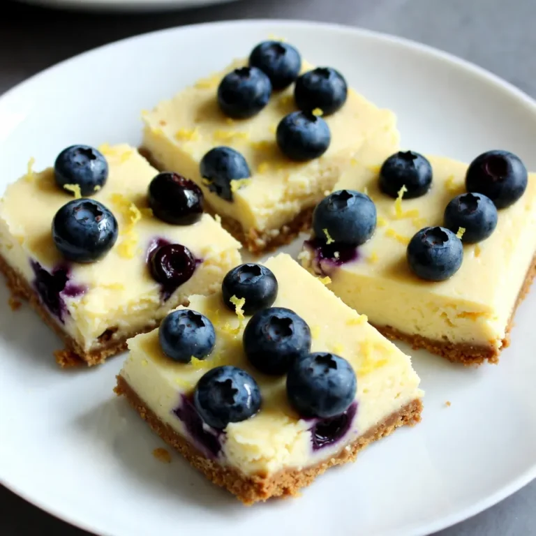 - 1 Tasse Frischkäse, weichgerührt - ½ Tasse Kristallzucker - 1 Teelöffel Vanilleextrakt - 2 große Eier - 1 Tasse Schmand - Schale von 1 Zitrone - ½ Tasse frisch gepresster Zitronensaft - 1 ½ Tassen frische Blaubeeren - 2 Esslöffel Maisstärke Die Käsekuchenfülle bringt viel Geschmack. Frischkäse gibt die cre­mi­ge Basis. Der Zucker sorgt für die Süße. Vanille gibt ein tolles Aroma. Die Eier helfen, alles zu binden. Schmand macht die Füllung extra reichhaltig. Zitronenschale und Zitronensaft bringen die frische Note. Die Blaubeeren fügen eine fruchtige Süße hinzu. Maisstärke hilft, die Füllung zu festigen. - 1 ½ Tassen Graham-Cracker-Brösel - ½ Tasse ungesalzene Butter, geschmolzen Die Kruste ist knusprig und lecker. Graham-Cracker-Brösel sorgen für den perfekten Crunch. Geschmolzene Butter macht die Kruste fest und hält alles zusammen. - Frische Blaubeeren - Zitronenscheiben - Ein Hauch Puderzucker Für eine schöne Präsentation können Sie frische Blaubeeren obenauf legen. Zitronenscheiben bringen eine frische Farbe. Ein Hauch Puderzucker macht die Riegel süß und hübsch. Diese einfachen Dekorationen machen Ihre Käsekuchen-Riegel noch ansprechender. {{ingredient_image_2}} Heize den Ofen auf 175 °C vor. Nimm eine 20x20 cm große Backform. Lege sie mit Backpapier aus. Lass genug Papier über den Rand hängen. So kannst du die Riegel später leicht herausnehmen. Mische 1 ½ Tassen Graham-Cracker-Brösel und ½ Tasse geschmolzene Butter. Rühre, bis die Mischung feucht ist. Drücke die Brösel gleichmäßig in die Backform. So entsteht eine knusprige Kruste. Backe die Kruste für 10 Minuten. Lass sie danach leicht abkühlen. Schlage 1 Tasse Frischkäse und ½ Tasse Kristallzucker in einer großen Schüssel. Mische, bis die Masse glatt und cremig ist. Füge 1 Teelöffel Vanilleextrakt und 2 große Eier nacheinander hinzu. Rühre dabei weiter auf niedriger Stufe. Nimm 1 ½ Tassen frische Blaubeeren. Bestäube sie mit 2 Esslöffeln Maisstärke. Mische, bis alle Blaubeeren beschichtet sind. Füge die Blaubeeren vorsichtig zur Käsekuchenfüllung hinzu. Hebe sie sanft unter, damit sie ganz bleiben. Gieße die Käsekuchenmischung über die abgekühlte Kruste. Glätte die Oberfläche mit einem Spatel. Backe die Riegel für 25-30 Minuten. Die Mitte sollte fest, aber leicht wackelnd sein. Lass die Backform auf Zimmertemperatur abkühlen. Stelle sie dann für mindestens 4 Stunden in den Kühlschrank. So wird der Käsekuchen fest. Wenn du bereit bist, hebe die Riegel mit dem Backpapier heraus. Schneide sie in Quadrate und genieße! Um die beste Konsistenz zu erzielen, nutzen Sie Zimmertemperatur-Zutaten. Frischkäse und Eier sollten warm sein. So vermischen sie sich besser und geben eine glatte Masse. Achten Sie darauf, die Käsekuchenmischung nicht zu lange zu schlagen. Zu viel Luft macht den Käsekuchen aufgeregt und nicht fest. Backen Sie die Riegel, bis die Mitte leicht wackelt. Sie werden beim Abkühlen fester. Ein häufiger Fehler ist es, die Blaubeeren nicht vorzubereiten. Bestäuben Sie sie mit Maisstärke, bevor Sie sie unterheben. So sinken sie nicht auf den Boden. Ein weiterer Fehler ist das Überbacken. Entfernen Sie die Riegel, wenn die Mitte noch leicht wackelt. Lassen Sie sie nach dem Backen abkühlen. Viele lassen sie einfach auf der Arbeitsfläche stehen, aber das ist wichtig. Geben Sie ihnen Zeit im Kühlschrank, damit sie fest werden. Jeder Ofen ist anders. Wenn Ihr Ofen nicht gut heizt, kann die Backzeit variieren. Prüfen Sie frühzeitig, ob die Mitte fest ist. Bei 25 Minuten sollten Sie auf die Riegel achten. Wenn sie noch zu weich sind, backen Sie sie 5 Minuten länger. Nutzen Sie einen Holzspieß, um die Konsistenz zu testen. Stecken Sie ihn in die Mitte. Wenn er sauber herauskommt, sind die Riegel bereit. Pro Tipps Die perfekte Kruste: Um eine knusprige Kruste zu erhalten, stellen Sie sicher, dass die Graham-Cracker-Brösel gleichmäßig mit Butter vermischt sind und gut in die Form gedrückt werden. Frischkäse richtig vorbereiten: Stellen Sie sicher, dass der Frischkäse gut weichgerührt ist, damit keine Klumpen in der Käsekuchenmasse entstehen. Zitronensaft und -schale: Verwenden Sie frischen Zitronensaft und frische Schale für einen intensiveren Geschmack, der die Blaubeeren perfekt ergänzt. Über Nacht kühlen: Für die beste Textur und Geschmack lassen Sie die Käsekuchen-Riegel über Nacht im Kühlschrank, damit sie vollständig fest werden. {{image_4}} Wenn Sie die Blaubeeren nicht mögen, probieren Sie andere Früchte. Erdbeeren, Himbeeren oder Pfirsiche passen gut. Schneiden Sie die Früchte klein, damit sie gleichmäßig verteilen. Achten Sie darauf, die Früchte leicht mit Maisstärke zu bestäuben. Das hilft, die Feuchtigkeit zu binden. So bleibt der Käsekuchen fest und lecker. Für eine vegane Version können Sie den Frischkäse durch Cashewcreme ersetzen. Mischen Sie eingeweichte Cashews mit Zitronensaft und etwas Zucker. Verwenden Sie auch Leinsamen als Ei-Ersatz. Für glutenfreie Riegel verwenden Sie glutenfreie Kekse für die Kruste. Diese Anpassungen machen das Rezept für viele essbar. Sie können dem Käsekuchen neue Geschmäcker geben. Fügen Sie einen Teelöffel Zimt oder Muskatnuss hinzu. Für eine besondere Note probieren Sie Kokosnuss oder Mandeln. Diese kleinen Änderungen können den Geschmack stark verändern. Lassen Sie Ihrer Kreativität freien Lauf! Um die Blaubeer-Zitronen-Käsekuchen-Riegel frisch zu halten, lagern Sie sie richtig. Nutzen Sie einen luftdichten Behälter. Legen Sie Backpapier zwischen die Riegel. So kleben sie nicht zusammen. Stellen Sie den Behälter in den Kühlschrank. Die Riegel bleiben so bis zu einer Woche frisch. Wenn Sie die Riegel länger aufbewahren möchten, frieren Sie sie ein. Schneiden Sie die Riegel in Stücke. Wickeln Sie jedes Stück in Frischhaltefolie. Legen Sie die Stücke in einen gefrierfesten Behälter. So bleiben die Riegel bis zu drei Monate haltbar. Zum Auftauen lassen Sie sie einfach im Kühlschrank über Nacht. So bleiben Geschmack und Textur erhalten. Im Kühlschrank halten sich die Blaubeer-Zitronen-Käsekuchen-Riegel bis zu einer Woche. Achten Sie darauf, sie gut abzudecken. Überprüfen Sie regelmäßig auf Frische. Wenn sie trocken oder brüchig werden, essen Sie sie lieber schnell. Diese Riegel sind ein köstlicher Genuss, den man nicht lange liegen lassen sollte! Ja, du kannst die Blaubeeren durch andere Früchte ersetzen. Himbeeren, Erdbeeren oder Kirschen passen gut. Achte darauf, die Früchte gut zu waschen und gegebenenfalls klein zu schneiden. So bleibt die Konsistenz des Käsekuchens gut. Dieses Rezept ergibt 9 köstliche Riegel. Du kannst sie in gleichmäßige Quadrate schneiden. So sind sie perfekt für einen Snack oder ein Dessert. Ja, du kannst das Rezept leicht anpassen. Um es zu verdoppeln, verwende eine größere Backform. Für eine kleinere Menge halbiere einfach alle Zutaten. Achte dabei auf die Backzeit, die sich ändern kann. Ja, du kannst die Riegel im Voraus zubereiten. Sie bleiben im Kühlschrank bis zu 4 Tage frisch. Du kannst sie auch einfrieren, wenn du sie länger aufbewahren möchtest. So hast du immer einen leckeren Snack bereit. Dieser Artikel hat Ihnen gezeigt, wie Sie einen leckeren Käsekuchen zubereiten können. Sie kennen jetzt die besten Hauptzutaten und die perfekte Kruste. Ich habe Ihnen eine Schritt-für-Schritt-Anleitung gegeben, um Fehler zu vermeiden. Sie können auch Variationen ausprobieren, um den Geschmack zu verändern. Denken Sie daran, die Riegel richtig zu lagern, damit sie frisch bleiben. Kochen macht Spaß, und dieser Käsekuchen ist ein tolles Rezept für jeden Anlass. Viel Spaß beim Backen!