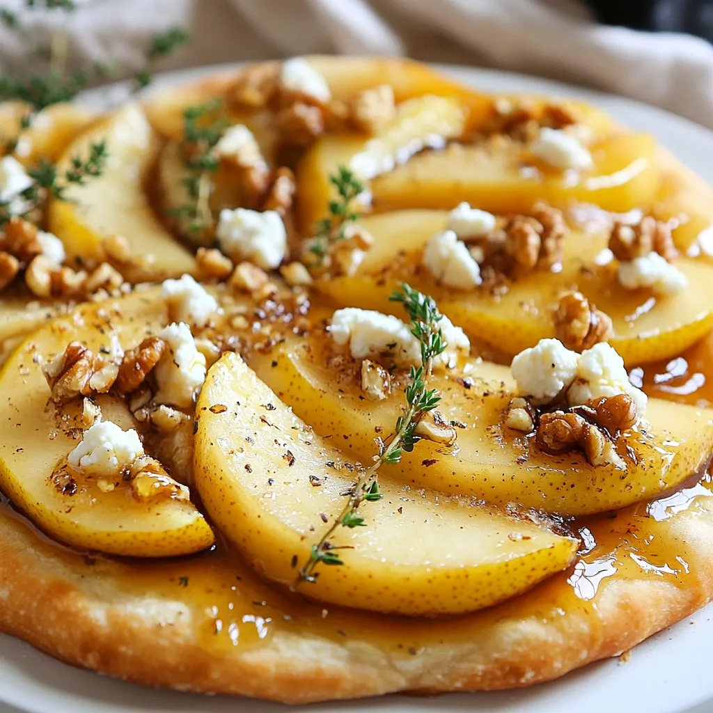 - 1 großes Fladenbrot oder dünn ausgerollter Pizzateig - 2 reife Birnen, dünn geschnitten - 1 Tasse Ziegenkäse, zerbröckelt - ¼ Tasse Walnüsse, grob gehackt - 2 Esslöffel ungesalzene Butter - 2 Esslöffel brauner Zucker - 2 Esslöffel frische Thymianblätter oder 1 Esslöffel getrockneter Thymian - 1 Esslöffel Balsamico-Glasur (optional) - Salz und Pfeffer nach Geschmack - Olivenöl zum Beträufeln Die Hauptzutaten bilden die Basis für unser köstliches Fladenbrot. Das Fladenbrot oder der Pizzateig sorgt für eine knusprige Grundlage. Die Birnen bringen Frische und Süße. Ziegenkäse fügt einen würzigen Geschmack hinzu, während die Walnüsse für Crunch sorgen. Die zusätzlichen Zutaten sind wichtig für die Karamellisierung. Ungesalzene Butter hilft, die Birnen weich zu machen, während brauner Zucker ihnen eine goldene Farbe verleiht. Die Gewürze und Verfeinerungen bringen das Gericht auf das nächste Level. Frischer Thymian gibt einen tollen Duft. Ein Hauch von Balsamico-Glasur kann die Aromen abrunden. Vergessen Sie nicht, das Fladenbrot mit Salz und Pfeffer zu würzen. Olivenöl macht alles noch besser. Mit diesen Zutaten wird Ihr Fladenbrot zu einem echten Genuss! {{ingredient_image_2}} Zuerst wähle zwei reife Birnen. Sie müssen frisch und saftig sein. Wasche die Birnen gründlich. Schneide sie dann in dünne Scheiben. Dünne Scheiben helfen, dass die Birnen schneller weich werden. Lege die geschnittenen Birnen auf einen Teller, damit sie bereit sind. Erhitze eine mittelgroße Pfanne bei mittlerer Hitze. Gib zwei Esslöffel ungesalzene Butter in die Pfanne und lasse sie schmelzen. Füge die Birnen hinzu und sautiere sie für drei bis vier Minuten. Rühre dabei um, damit sie gleichmäßig weich werden. Nun streue zwei Esslöffel braunen Zucker über die Birnen. Rühre vorsichtig um, damit der Zucker nicht klumpt. Lasse die Birnen weitere fünf bis sieben Minuten köcheln. Sie sollten goldbraun und karamellisiert sein. Nimm die Pfanne vom Herd und stelle sie beiseite. Nehme das Fladenbrot oder den ausgerollten Pizzateig. Rolle ihn auf einer leicht bemehlten Fläche aus. Mache die gewünschte Dicke. Währenddessen heize den Ofen auf 220°C vor. Nimm ein Backblech und stelle es in den heißen Ofen, damit es sich erwärmt. Sobald der Teig ausgerollt ist, nimm das Backblech heraus. Lege das Fladenbrot darauf. Beträufle es mit etwas Olivenöl. Würze es mit Salz und Pfeffer nach deinem Geschmack. Verteile die karamellisierten Birnen gleichmäßig auf dem Fladenbrot. Jetzt streue eine Tasse zerbröckelten Ziegenkäse und ¼ Tasse grob gehackte Walnüsse über die Birnen. Zum Schluss verteile frische Thymianblätter darüber. Schiebe das Backblech in den Ofen. Backe das Fladenbrot für zehn bis zwölf Minuten. Achte darauf, dass es goldbraun wird und der Käse leicht blubbert. Nach dem Backen, nimm das Fladenbrot aus dem Ofen. Beträufle es eventuell mit Balsamico-Glasur für einen zusätzlichen Geschmack. Garnieren kannst du es mit den reservierten Thymianblättern. Schneide das Fladenbrot in Stücke und serviere es warm. Um die Birnen perfekt zu karamellisieren, schmelze die Butter bei mittlerer Hitze. Füge die Birnen hinzu, wenn die Butter blubbert. Rühre die Birnen sanft. Der braune Zucker kommt erst später dazu. Lass die Birnen etwa 5-7 Minuten kochen. Sie sollten goldbraun und weich sein. Zu viel Hitze kann sie verbrennen, also achte darauf. Ziegenkäse passt gut, aber du kannst auch andere Käse ausprobieren. Feta macht das Fladenbrot salziger. Mozzarella gibt eine schöne, schmelzende Textur. Für einen kräftigeren Geschmack kannst du Blauschimmelkäse verwenden. Wähle, was dir am besten gefällt, um deinen eigenen Stil zu zeigen. Für den Teig kannst du fertiges Fladenbrot nutzen oder Pizzateig selbst machen. Wenn du selbst machst, achte darauf, ihn gut durchzukneten. Lass ihn kurz ruhen. Das hilft, die Struktur zu verbessern. Rolle den Teig auf einer bemehlten Fläche aus. So bleibt er nicht kleben. Ein dünnerer Teig macht das Fladenbrot knuspriger. Pro Tipps Die richtige Birne wählen: Verwenden Sie reife, saftige Birnen, wie z.B. Williams oder Conference, für den besten Geschmack und die perfekte Textur. Butter richtig schmelzen: Schmelzen Sie die Butter bei mittlerer Hitze, um ein Anbrennen zu vermeiden und die Birnen gleichmäßig zu karamellisieren. Walnüsse rösten: Rösten Sie die Walnüsse vorher leicht in einer Pfanne, um ihren Geschmack zu intensivieren und eine knusprige Textur zu erhalten. Variationen ausprobieren: Experimentieren Sie mit verschiedenen Käsesorten wie Feta oder Brie, um neue Geschmacksrichtungen zu entdecken. {{image_4}} Wenn du das Fladenbrot vegetarisch machen möchtest, sind die Zutaten perfekt. Du kannst die Karamellisierten Birnen und Ziegenkäse einfach so belassen. Füge noch etwas Spinat oder Rucola hinzu, um das Gericht grün und frisch zu machen. Diese Blätter bringen einen tollen Kontrast zur Süße der Birnen. Wenn du magst, kannst du auch frische Feigen verwenden. Sie sorgen für einen zusätzlichen süßen Kick. Für glutenfreies Fladenbrot kannst du einen glutenfreien Pizzateig verwenden. Diese Teige sind oft gut im Geschmack und leicht. Achte darauf, dass alle anderen Zutaten, wie die Birnen und der Ziegenkäse, auch glutenfrei sind. So bleibt dein Gericht lecker und sicher. Eine andere Möglichkeit ist, Gemüse wie Zucchini oder Auberginen als Basis zu nehmen. Das gibt dem Gericht eine neue, spannende Note. Wir können das Fladenbrot noch aufregender gestalten. Probiere, einige frische Kräuter hinzuzufügen. Rosmarin oder Basilikum passen gut zu den Birnen. Eine Prise Zimt über die Birnen kann auch einen warmen Geschmack bringen. Wenn du es schärfer magst, füge ein paar rote Pfefferflocken hinzu. Diese kleinen Änderungen bringen mehr Tiefe und Vielfalt in dein Gericht. Um Reste von deinem Fladenbrot zu lagern, lass es zuerst abkühlen. Wickel das Fladenbrot dann in Frischhaltefolie oder lege es in einen luftdichten Behälter. So bleibt es frisch und lecker. Ideal ist es, die Reste innerhalb von zwei Tagen zu verzehren. Wenn du das Fladenbrot wieder aufwärmen möchtest, heize deinen Ofen auf 180°C (350°F) vor. Lege das Fladenbrot auf ein Backblech und backe es für etwa 5-7 Minuten. So wird es knusprig und der Käse schmilzt wieder. Du kannst auch eine Mikrowelle verwenden, aber das macht es weich und nicht knusprig. Im Kühlschrank hält sich das Fladenbrot etwa 2-3 Tage. Achte darauf, dass es gut verpackt ist, um Austrocknen zu vermeiden. Wenn du es länger aufbewahren möchtest, friere es ein. Im Gefrierfach bleibt es bis zu einem Monat frisch. Die Zubereitung der karamellisierten Birnen dauert etwa 10 bis 12 Minuten. Zuerst schmelzen Sie die Butter und fügen die Birnen hinzu. Nach 3 bis 4 Minuten fügen Sie den braunen Zucker hinzu. Dann kochen Sie die Birnen weitere 5 bis 7 Minuten, bis sie goldbraun sind. Ja, Sie können Ziegenkäse durch Feta oder Brie ersetzen. Feta gibt einen salzigen Geschmack, während Brie cremig ist. Beide Käse passen gut zu Birnen. Wählen Sie den Käse, der Ihnen am besten gefällt. Ein frischer grüner Salat passt gut dazu. Ein einfacher Rucola-Salat mit Balsamico-Dressing ergänzt die Aromen. Sie können auch eine Tomatensuppe dazu servieren. Diese Beilagen runden das Gericht perfekt ab. Um das Rezept für mehr Personen zu machen, verdoppeln Sie die Zutaten. Verwenden Sie mehr Fladenbrot oder Pizzateig. Bereiten Sie die Birnen in größeren Mengen zu. Achten Sie darauf, genug Platz im Ofen zu haben, um alles gleichmäßig zu backen. In diesem Artikel haben wir die Hauptzutaten für unser Fladenbrot erkundet. Wir haben gelernt, wie man die Birnen perfekt karamellisiert und den Teig macht. Ich habe dir Tipps gegeben, wie du die beste Karamellisierung erreichst und verschiedene Varianten ausprobierst. Das Aufbewahren und Aufwärmen der Reste ist ebenfalls wichtig. Zusammenfassend kann ich sagen: Dieses Rezept macht Spaß und ist sehr vielseitig. Probiere verschiedene Käse und Zutaten aus. Du wirst sicher Freude daran haben!
