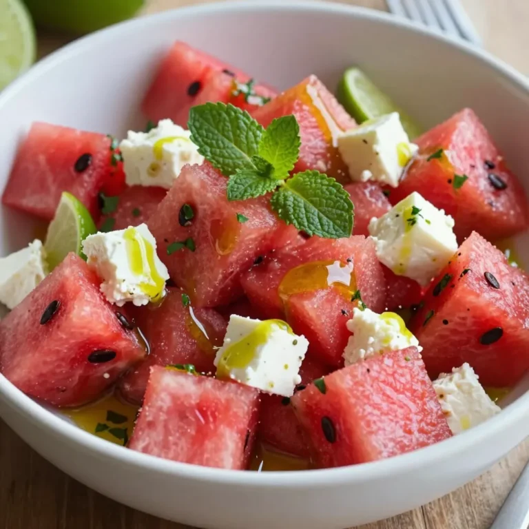 Für diesen köstlichen Salat brauchst du: - 4 Tassen kernlose Wassermelone, in Würfel geschnitten - 1 Tasse Feta-Käse, zerbröselt - ½ Tasse frische Minzeblätter, fein gehackt - 1 Esslöffel Olivenöl - 2 Esslöffel Limettensaft - Salz und Pfeffer nach Geschmack - Optional: ¼ Tasse rote Zwiebel, in Scheiben geschnitten Jede Zutat hat ihre eigenen Vorteile. Wassermelone ist hydrierend und hat wenig Kalorien. Sie enthält Vitamine A und C. Feta-Käse hat Protein und Calcium. Minze kann helfen, den Magen zu beruhigen. Olivenöl ist reich an gesunden Fetten. Limettensaft bringt frische Säure und Vitamin C. Zwiebeln bieten Antioxidantien und fördern die Verdauung. Du kannst diesen Salat leicht anpassen. Für eine vegane Option nimm einfach veganen Feta-Käse. Wenn du glutenfrei bist, brauchst du dir keine Sorgen zu machen. Alle Zutaten sind glutenfrei. Bei einer Low-Carb-Diät kannst du die Wassermelone durch Gurken ersetzen. Sie sind ebenfalls frisch und lecker. {{ingredient_image_2}} Zuerst schneiden Sie die Wassermelone in Würfel. Sie brauchen vier Tassen davon. Die Wassermelone ist süß und saftig. Dann zerbröseln Sie eine Tasse Feta-Käse. Der Käse bringt einen salzigen Geschmack. Hacken Sie eine halbe Tasse frische Minzeblätter klein. Die Minze sorgt für Frische. Wenn Sie möchten, schneiden Sie eine viertel Tasse rote Zwiebel in dünne Scheiben. Diese Zwiebel gibt dem Salat einen zusätzlichen Biss. Nehmen Sie eine kleine Schüssel. Gießen Sie einen Esslöffel Olivenöl hinein. Dazu fügen Sie zwei Esslöffel Limettensaft. Das Dressing hat einen tollen Geschmack. Streuen Sie etwas Salz und Pfeffer hinzu. Dann verquirlen Sie alles gut. Das Dressing sollte gleichmäßig sein. Nehmen Sie eine große Rührschüssel. Geben Sie die Wassermelonenwürfel, den Feta und die Minze hinein. Wenn Sie die Zwiebel verwenden, fügen Sie sie jetzt hinzu. Gießen Sie das Dressing über die Mischung. Mischen Sie alles sanft mit einer Gabel oder zwei Löffeln. Achten Sie darauf, dass alle Zutaten gut vermengt sind. Probieren Sie den Salat und passen Sie das Würzen nach Ihrem Geschmack an. Lassen Sie den Salat zehn Minuten ruhen. Dadurch verbinden sich die Aromen wunderbar. Servieren Sie ihn frisch und genießen Sie den leckeren Geschmack! Um die perfekte Konsistenz zu erreichen, wählen Sie die richtige Wassermelone. Achten Sie auf eine reife, süße Melone. Sie sollte fest und schwer sein. Schneiden Sie die Melone in gleichmäßige Würfel. Das sorgt für einen angenehmen Biss. Mischen Sie die Zutaten sanft. So bleiben die Feta-Stücke ganz und die Minze frisch. Frische Zutaten sind der Schlüssel zu diesem Salat. Kaufen Sie die Wassermelone in der Saison, wenn sie am besten schmeckt. Wählen Sie Feta-Käse aus einer guten Quelle. Er sollte cremig und nicht zu bröselig sein. Für die Minze, greifen Sie zu frischen Blättern. Sie geben dem Salat ein intensives Aroma. Wenn möglich, kaufen Sie lokale Produkte. So unterstützen Sie nachhaltige Landwirtschaft. Die Präsentation macht den Unterschied. Servieren Sie den Salat in einer großen, flachen Schüssel. Das sieht einladend aus. Garnieren Sie mit frischen Minzeblättern. Das sorgt für einen schönen Farbkontrast. Wenn Sie Zeit haben, lassen Sie den Salat vor dem Servieren ruhen. So verbinden sich die Aromen besser. Ein kleiner Tipp: Ein Spritzer Limettensaft kurz vor dem Servieren hebt den Geschmack hervor. Pro Tipps Wassermelonenwahl: Wählen Sie eine reife Wassermelone, die beim Klopfen hohl klingt, um den besten Geschmack zu erzielen. Feta-Variationen: Experimentieren Sie mit verschiedenen Feta-Sorten, wie z.B. mit Kräutern oder Chili, um dem Salat eine besondere Note zu verleihen. Minzeblätter frisch halten: Brechen Sie die Minzeblätter vor der Verwendung, um ihr Aroma zu intensivieren und den Salat erfrischender zu machen. Vorbereitung im Voraus: Bereiten Sie den Salat bis zu einer Stunde im Voraus zu, um die Aromen zu entfalten, bewahren Sie ihn jedoch im Kühlschrank auf. {{image_4}} Um den Wassermelonen-Feta-Minze-Salat noch besser zu machen, kannst du einige Zutaten hinzufügen. Rote Zwiebeln sind eine tolle Wahl. Sie geben einen knackigen Biss und mehr Geschmack. Du kannst auch Avocado hinzufügen. Sie macht den Salat cremig und reichhaltiger. Ein Spritzer Honig bringt eine süße Note. - Rote Zwiebeln: für zusätzlichen Biss - Avocado: für Cremigkeit - Honig: für Süße Stell dir vor, du kombinierst Aromen aus Frankreich und Mexiko. Füge zum Salat einige Chilis hinzu. Sie geben einen scharfen Kick. Ein wenig frische Limette verstärkt die Frische. Du kannst auch frische Kräuter wie Koriander verwenden. Diese Fusionsideen machen den Salat aufregend und neu. - Chilis: für Würze - Limette: für Frische - Koriander: für einen anderen Geschmack Wenn du vegan essen möchtest, gibt es tolle Alternativen für Feta-Käse. Du kannst Tofu verwenden. Er ist eine gute Proteinquelle. Mische ihn mit etwas Zitronensaft und Kräutern, um mehr Geschmack zu bekommen. Cashew-Käse ist eine weitere Option. Er ist cremig und lecker. Diese Varianten halten den Salat frisch und schmackhaft. - Tofu: als Feta-Ersatz - Cashew-Käse: für Cremigkeit - Zitronensaft: für zusätzlichen Geschmack Um den Wassermelonen-Feta-Minze-Salat frisch zu halten, sollten Sie ihn in einem luftdichten Behälter aufbewahren. Stellen Sie sicher, dass der Salat gut abgedeckt ist. Lagern Sie ihn im Kühlschrank. So bleibt die Wassermelone knackig und der Feta bleibt frisch. Der Salat bleibt bis zu drei Tage frisch, wenn er richtig gelagert wird. Nach ein oder zwei Tagen kann die Wassermelone jedoch etwas weich werden. Wenn Sie Reste haben, verwenden Sie sie in Sandwiches oder Wraps. So verschwenden Sie nichts und genießen die Aromen weiter. Um den Salat nach dem Lagern aufzufrischen, fügen Sie etwas frische Minze hinzu. Ein Spritzer Limettensaft kann auch helfen. So hebt sich der Geschmack wieder. Wenn der Salat trocken wirkt, geben Sie einfach etwas Olivenöl dazu. So kommt der Geschmack wieder voll zur Geltung. Ja, du kannst den Salat im Voraus machen. Bereite die Zutaten einen Tag vorher vor. Ich empfehle, die Wassermelone und den Feta getrennt zu lagern. Mische sie erst kurz vor dem Servieren. So bleibt die Wassermelone frisch und knackig. Das Dressing kannst du auch im Voraus zubereiten. Lagere es in einem kleinen Behälter im Kühlschrank. Schüttle es gut, bevor du es über den Salat gibst. Dieser Salat passt gut zu vielen Gerichten. Probiere ihn zu gegrilltem Hähnchen oder Lamm. Er harmoniert auch toll mit Fisch, wie Lachs oder Garnelen. Serviere ihn als Beilage zu BBQs oder Picknicks. Für eine einfache Mahlzeit, genieße ihn mit frischem Brot oder Pita. Auch die Kombination mit Quinoa oder Couscous ist lecker und nahrhaft. Zu diesem Salat passen frische Getränke sehr gut. Ein kühler Weißwein ist eine gute Wahl, wie Sauvignon Blanc. Für alkoholfreie Optionen probiere ein spritziges Wasser mit Zitrusgeschmack. Auch ein Minz-Limonade passt toll dazu. Diese Getränke heben die Aromen des Salats hervor. Du kannst auch einen frischen Eistee mit Limette und Minze machen. Der Wassermelonen-Feta-Minze-Salat bietet eine erfrischende Kombination aus Geschmack und Nährstoffen. Wir haben die besten Zutaten aufgelistet und ihre gesundheitlichen Vorteile besprochen. Du hast gelernt, wie man den Salat Schritt für Schritt zubereitet. Außerdem habe ich Tipps gegeben, um die perfekte Konsistenz zu erreichen. Variationen bringen neuen Schwung in dein Rezept. Denke auch an die richtigen Lagerungshinweise, um den Salat frisch zu halten. Nutze diese Tipps und genieße deinen gesunden, leckeren Salat immer wieder!