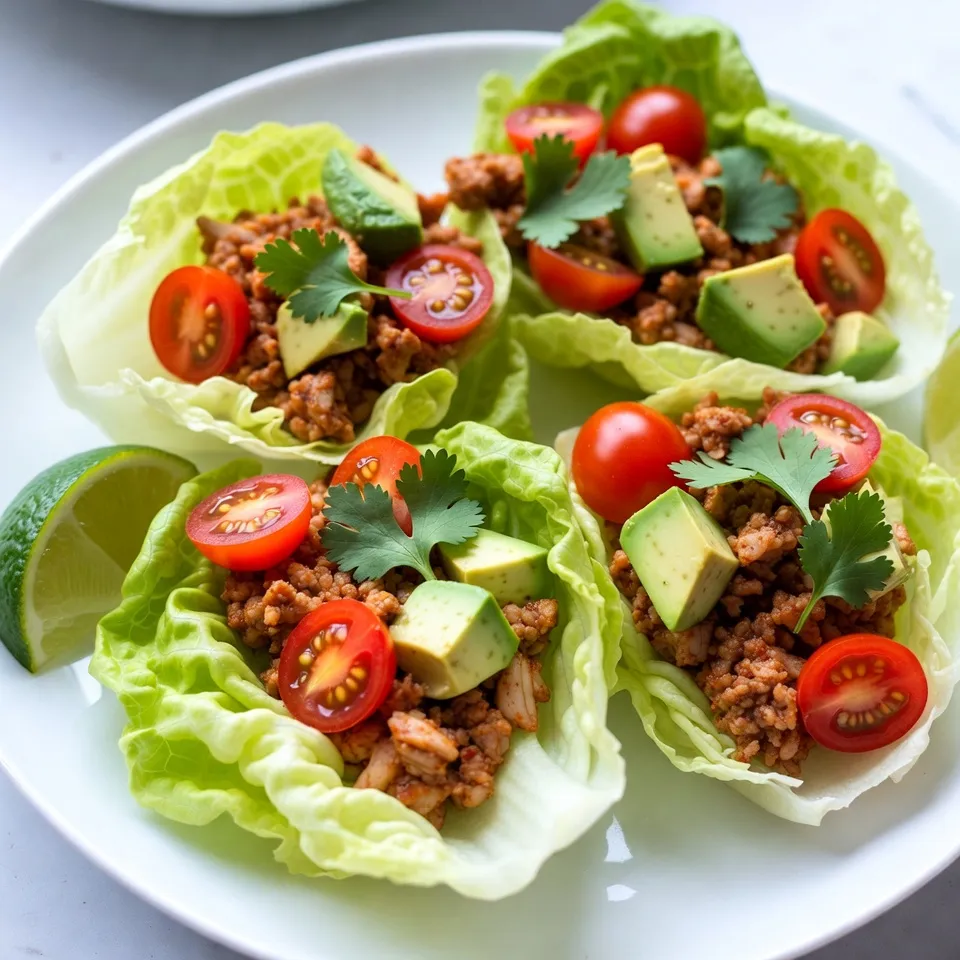 - 450 g gemahlenes Truthahnfleisch - 1 Esslöffel Olivenöl - 1 kleine Zwiebel, gewürfelt - 1 Paprika (nach Wahl), gewürfelt Die Basis für meine Truthahn-Taco-Lettuce-Wraps ist einfach. Ich verwende 450 g gemahlenes Truthahnfleisch. Es ist mager und gibt den Wraps viel Geschmack. Dann nehme ich 1 Esslöffel Olivenöl. Das hilft, die Zwiebeln und Paprika schön anzubraten. Ich schneide eine kleine Zwiebel in Würfel. Die Zwiebel gibt einen tollen Geschmack. Auch eine Paprika ist wichtig. Du kannst jede Farbe wählen, die dir gefällt. - 1 Teelöffel Kreuzkümmel - 1 Teelöffel Chilipulver - 1/2 Teelöffel geräuchertes Paprikapulver - 1/2 Teelöffel Salz - 1/4 Teelöffel schwarzer Pfeffer Jetzt kommen die Gewürze. Ich benutze 1 Teelöffel Kreuzkümmel. Er gibt einen warmen, erdigen Geschmack. 1 Teelöffel Chilipulver bringt etwas Schärfe. Für einen rauchigen Geschmack nehme ich 1/2 Teelöffel geräuchertes Paprikapulver. Ich füge auch 1/2 Teelöffel Salz und 1/4 Teelöffel schwarzen Pfeffer hinzu. Diese Gewürze machen die Mischung sehr aromatisch. - Butter- oder Römersalatblätter - 150 g Cherrytomaten, halbiert - 1 Avocado, gewürfelt - Frischer Koriander, zum Garnieren - Limettenviertel, zum Servieren Für die Wraps verwende ich frische Salatblätter. Entweder Butter- oder Römersalat sind perfekt. Sie sind zart und knackig. Ich nehme 150 g Cherrytomaten und halbiere sie. Sie bringen Frische. Eine Avocado, gewürfelt, macht die Wraps cremig. Frischer Koriander sorgt für einen tollen Farbtupfer und Geschmack. Zum Servieren sind Limettenviertel ideal. Ein Spritzer Limette macht alles noch besser. {{ingredient_image_2}} Zuerst bereite die Zwiebel, den Knoblauch und die Paprika vor. - Schneide die Zwiebel in kleine Stücke. - Hacke den Knoblauch fein. - Würfle die Paprika nach Wahl. Wasche dann die Blätter des Salats und trenne sie vorsichtig ab. Diese Blätter werden die Wraps. Erhitze das Olivenöl in einer großen Pfanne. - Füge die gewürfelte Zwiebel hinzu und brate sie 2-3 Minuten. - Die Zwiebel sollte glasig sein. Jetzt kommt der Knoblauch und die Paprika dazu. - Brate alles weitere 2 Minuten, bis die Paprika weich wird. Füge dann das gemahlene Truthahnfleisch in die Pfanne. - Zerbrich das Fleisch mit einem Pfannenwender. - Koche es 5-7 Minuten, bis es braun ist. Mische die Gewürze gut mit dem Fleisch. - Verwende Kreuzkümmel, Chilipulver, geräuchertes Paprikapulver, Salz und schwarzen Pfeffer. Gieße das Wasser in die Pfanne und rühre um. - Lass die Mischung 2-3 Minuten köcheln, bis sie leicht eindickt. Nimm die Pfanne vom Herd und bereite die Wraps vor. - Fülle die Truthahn-Mischung in die Mitte jedes Salatblattes. Garniere die Wraps mit frischen Zutaten. - Verwende halbierte Cherrytomaten und gewürfelte Avocado. - Füge einen Hauch frischen Koriander hinzu. Serviere die Wraps mit Limettenvierteln. - Diese kannst du über die Wraps auspressen. Um Trockenheit zu vermeiden, achte darauf, das Truthahnfleisch nicht zu lange zu braten. Koche es nur, bis es braun ist. Verwende immer frische Zutaten, um den besten Geschmack zu erhalten. Das richtige Anbraten ist wichtig. Erhitze die Pfanne gut, bevor du das Fleisch hinzufügst. So bleibt das Fleisch saftig und bekommt eine schöne Kruste. Präsentiere die Lettuce-Wraps auf einem schönen Holzbrett. Das macht das Essen ansprechender. Dekoriere die Wraps mit frischem Koriander und Limettenscheiben. Die Farben der Zutaten machen die Wraps einladender und appetitlicher. Serviere die Wraps mit Beilagen wie Reis oder Bohnen. Diese ergänzen die Aromen gut. Getränke wie Limonade oder Eistee passen perfekt dazu. Für besondere Anlässe kannst du die Wraps mit verschiedenen Saucen, wie Salsa oder Guacamole, aufpeppen. Pro Tipps Fleisch gut anbraten: Achte darauf, das Truthahnfleisch gut anzubraten, damit es eine schöne Farbe und zusätzliche Aromen entwickelt. Frische Zutaten verwenden: Verwende frische Cherrytomaten und Avocado für den besten Geschmack und die beste Textur in deinen Wraps. Würze nach Geschmack: Experimentiere mit den Gewürzen, indem du mehr oder weniger Chilipulver hinzufügst, je nachdem, wie scharf du es magst. Wraps schön anrichten: Arrangiere die Wraps auf einem schönen Teller und dekoriere mit frischem Koriander für eine ansprechende Präsentation. {{image_4}} Du kannst die Wraps leicht anpassen. Ersetze das Truthahnfleisch mit Tofu oder Linsen. Diese Zutaten sind voll von Proteinen. Für den Geschmack kannst du Gewürzmischungen verwenden. Mische Kreuzkümmel und Paprika. Diese Gewürze geben der pflanzlichen Füllung einen tollen Geschmack. Mach die Wraps bunter mit leckeren Belägen. Salsa, Joghurt oder Guacamole passen sehr gut. Auch verschiedene Käsesorten sind lecker. Probiere Feta oder Cheddar. Diese geben den Wraps eine cremige Note. Du kannst die Wraps auch mit frischen Kräutern garnieren, um mehr Geschmack zu bekommen. Die Wahl des Salats macht einen großen Unterschied. Du kannst auch Eisbergsalat verwenden. Dieser ist knackig und frisch. Misch verschiedene grüne Blätter, um die Wraps interessanter zu machen. Spinat oder Rucola geben eine schöne Note. Experimentiere mit verschiedenen Kombinationen, um deinen perfekten Wrap zu finden. Um die Wraps gut zu lagern, lege sie in einen luftdichten Behälter. So bleiben sie frisch. Achte darauf, die Füllung getrennt von den Salatblättern zu lagern. Das hilft, nasse Blätter zu vermeiden. Wenn die Blätter feucht werden, verlieren sie ihre Knackigkeit. Du kannst die Wraps auch in Alufolie einwickeln, um sie besser zu schützen. Wenn du die Füllung aufbewahren möchtest, friere sie in einem geeigneten Behälter ein. Achte darauf, die Füllung gut abzukühlen, bevor du sie einfrierst. So bleibt der Geschmack erhalten. Du kannst die Füllung bis zu drei Monate im Gefrierschrank lagern. Zum Auftauen lege die Füllung einfach über Nacht in den Kühlschrank. Das sorgt für eine gleichmäßige Erwärmung. Um die Wraps wieder aufzufrischen, erwärme sie in einer Pfanne. So bleibt die Textur knusprig. Du kannst auch die Mikrowelle nutzen, aber die Wraps werden dabei weicher. Verwende übrig gebliebene Zutaten, um neue Gerichte zu kreieren. Füge sie zu einem Salat oder einer Bowl hinzu. So verwandelst du Reste in ein leckeres neues Gericht. Dieses Rezept ergibt vier Portionen. Du kannst die Menge leicht anpassen. Wenn du mehr Gäste hast, verdopple einfach die Zutaten. Für weniger Portionen kannst du die Menge halbieren. So bleibt das Gericht einfach und lecker. Ja, du kannst die Wraps im Voraus zubereiten. Koche die Füllung und lagere sie in einem Behälter im Kühlschrank. Das hält sie frisch für bis zu drei Tage. Bereite die Salatblätter erst kurz vor dem Servieren vor. So bleiben sie knusprig und frisch. Um das Rezept schärfer zu machen, füge mehr Chilipulver hinzu. Du kannst auch frische, gehackte Jalapeños oder eine scharfe Salsa verwenden. Eine Prise Cayennepfeffer bringt ebenfalls mehr Hitze. Experimentiere mit verschiedenen Schärfen, um deinen perfekten Geschmack zu finden. In diesem Artikel habe ich die Zutaten und die Zubereitung von Truthahn-Taco-Lettuce-Wraps behandelt. Sie benötigen einfaches Hackfleisch, frische Gemüse und die richtigen Gewürze. Die Zubereitung ist leicht, und es gibt viele Variationen, die Sie ausprobieren können. Denken Sie daran, Reste richtig zu lagern und die Wraps vor dem Servieren gut zu präsentieren. Diese Wraps sind nicht nur lecker, sondern auch eine gesunde Mahlzeit. Viel Spaß beim Ausprobieren und Genießen!