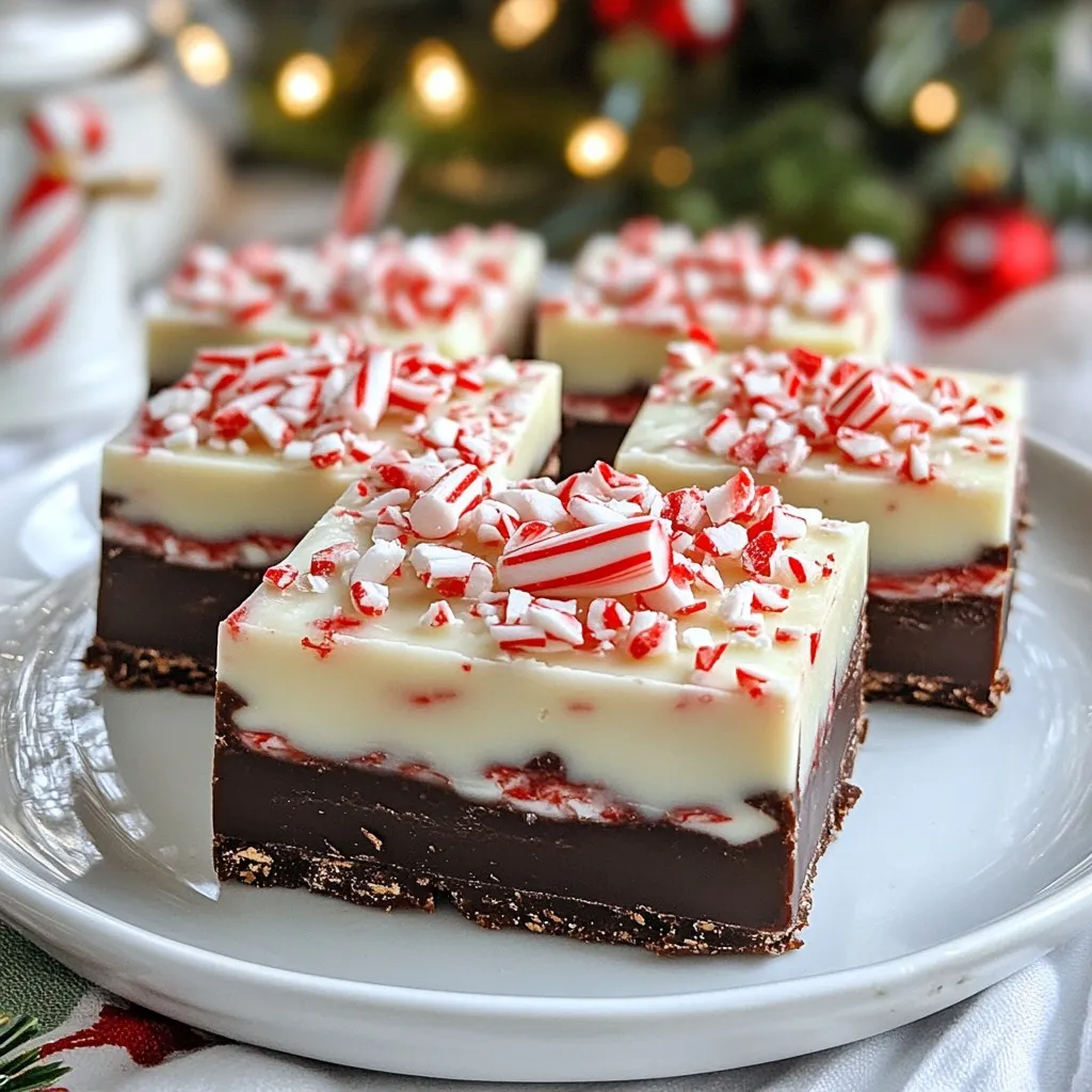 Um Peppermint Bark Fudge zu machen, brauchst du folgende Zutaten: - 2 Tassen Zartbitterschokoladenstückchen - 1 Tasse weiße Schokoladenstückchen - 1 Dose (400 g) gesüßte Kondensmilch - 1 Teelöffel Pfefferminz-Extrakt - 1/2 Teelöffel Vanille-Extrakt - 1/2 Tasse zerstoßene Pfefferminzbonbons - Eine Prise Salz Diese Zutaten sind einfach zu finden und machen das Fudge besonders lecker. Die Qualität der Zutaten ist wichtig. Nutze gute Zartbitterschokolade. Sie gibt dem Fudge einen reichen Geschmack. Achte darauf, dass die weiße Schokolade echte Kakaobutter enthält. Das macht sie cremiger. Frische Pfefferminzbonbons bringen einen tollen Crunch. Du kannst sie selber zerstoßen oder kaufen. Pfefferminz-Extrakt ist das Herzstück dieses Rezepts. Er gibt dem Fudge einen frischen Geschmack. Vanille-Extrakt fügt eine angenehme Tiefe hinzu. Die Kombination aus dunkler und weißer Schokolade sorgt für ein tolles Farbenspiel und einen süßen, aber nicht zu süßen Geschmack. Die Prise Salz balanciert die Süße aus und hebt die Aromen hervor. {{ingredient_image_2}} Zuerst nimmst du eine 20x20 cm große Backform. Lege sie mit Backpapier aus. Lass das Papier an den Rändern überstehen. So kannst du das Fudge leicht herausnehmen. Gib zwei Tassen Zartbitterschokoladenstückchen in eine mikrowellengeeignete Schüssel. Füge die Hälfte der gesüßten Kondensmilch hinzu. Erhitze die Mischung in der Mikrowelle für 30 Sekunden. Rühre gut um. Erhitze sie dann in 15-Sekunden-Intervallen weiter, bis die Schokolade geschmolzen ist. In einer zweiten Schüssel gibst du die weißen Schokoladenstückchen. Füge die restliche gesüßte Kondensmilch hinzu. Verwende die gleiche Methode wie zuvor. Rühre, bis die Mischung glatt ist. Mische den Pfefferminz-Extrakt, den Vanille-Extrakt und eine Prise Salz in die Zartbitterschokoladenmischung. Gieße sie in die vorbereitete Backform und verstreiche sie gleichmäßig. Stelle die Form für etwa 30 Minuten in den Kühlschrank. Jetzt kommt der nächste Schritt. Rühre die Hälfte der zerstoßenen Pfefferminzbonbons in die weiße Schokoladenmischung ein. Gieße diese Mischung über die Zartbitterschokoladenschicht. Streue die restlichen Pfefferminzbonbons darüber. Stelle die Backform erneut in den Kühlschrank. Lass das Fudge für eine Stunde oder bis es fest ist, erkalten. Sobald es fest ist, hebe das Fudge mit dem Backpapier aus der Form. Schneide es in quadratische Stücke. Um die perfekte Konsistenz für dein Peppermint Bark Fudge zu erreichen, achte auf die Schokolade. Erhitze sie langsam in der Mikrowelle. Rühre nach jedem Intervall gut um. Die Schokolade sollte glatt und glänzend sein. Wenn du sie zu lange erhitzt, wird sie klumpig. Füge die Kondensmilch nach und nach hinzu, um eine cremige Mischung zu erhalten. Ein häufiger Fehler ist, die Schokolade zu überhitzen. Das führt zu einer krümeligen Textur. Verwende eine Schüssel, die mikrowellengeeignet ist. Achte darauf, dass kein Wasser in die Schokolade gelangt. Das kann die Konsistenz ruinieren. Stelle sicher, dass die Schichten gut gekühlt sind, bevor du die nächste Schicht hinzufügst. So kannst du ein schönes, sauberes Ergebnis erzielen. Die Dekoration macht das Fudge besonders festlich. Streue die zerstoßenen Pfefferminzbonbons gleichmäßig auf die oberste Schicht. Das sieht nicht nur schön aus, sondern gibt auch einen tollen Crunch. Du kannst das Fudge auf einem hübschen Tablett anrichten. Füge einige Bonbons als Dekoration hinzu, um es noch festlicher zu gestalten. Verpacke einige Stücke in Zellophan für ein tolles Geschenk. Pro Tipps Schokoladenqualität: Verwende hochwertige Schokoladenstückchen für den besten Geschmack und eine glatte Textur. Pfefferminzbonbons: Stelle sicher, dass die Pfefferminzbonbons gleichmäßig zerstoßen sind, um eine gleichmäßige Verteilung im Fudge zu gewährleisten. Kühlzeit: Lass das Fudge ausreichend im Kühlschrank, um sicherzustellen, dass es fest und schneidbar ist. Geschenkverpackung: Verpacke das Fudge in hübsches Zellophan und binde es mit einem festlichen Band für ein ideales Geschenk. {{image_4}} Du kannst die Schokoladensorten leicht ändern. Verwende Milchschokolade für mehr Süße. Für einen intensiven Geschmack probiere Bitterschokolade. Du kannst auch weiße Schokolade ganz weglassen. So erhältst du eine dunklere Version des Fudges. Achte darauf, dass die Schokolade von guter Qualität ist. Das verbessert den Geschmack. Füge Nüsse hinzu, um das Fudge crunchiger zu machen. Walnüsse oder Mandeln passen gut dazu. Du kannst auch getrocknete Früchte wie Cranberries oder Aprikosen verwenden. Diese bringen eine fruchtige Note ins Spiel. Lass deiner Kreativität freien Lauf und experimentiere. Der Geschmack wird immer besser! Für eine vegane Version nimm dunkle Schokolade ohne Milch. Verwende pflanzliche Kondensmilch oder Kokosmilch. Achte darauf, dass der Pfefferminz-Extrakt vegan ist. Für zuckerfreies Fudge benutze zuckerfreie Schokolade. Diese Optionen machen das Rezept für alle zugänglich. So können viele Leute das leckere Fudge genießen! Peppermint Bark Fudge bleibt frisch, wenn du es richtig lagerst. Verwende einen luftdichten Behälter. Stelle sicher, dass die Stücke nicht zusammenkleben. Lege ein Stück Backpapier dazwischen. Bewahre das Fudge an einem kühlen, trockenen Ort auf. Vermeide direkte Sonne oder Wärme, da dies die Schokolade schmelzen kann. Das Fudge bleibt bei richtiger Lagerung etwa zwei Wochen frisch. Wenn du es länger aufbewahren möchtest, friere es ein. Nach zwei Wochen könnte die Textur nicht mehr so gut sein. Der Geschmack bleibt jedoch meist erhalten. Um Peppermint Bark Fudge einzufrieren, schneide es in Stücke. Lege die Stücke in einen luftdichten Behälter. Du kannst auch Gefrierbeutel verwenden. Vergiss nicht, die Luft herauszudrücken. So bleibt das Fudge bis zu drei Monate frisch. Zum Auftauen lege es einfach für ein paar Stunden in den Kühlschrank. Ja, du kannst andere Extrakte verwenden. Probiere Vanille oder Mandel. Diese geben deinem Fudge eine neue Note. Achte darauf, die Menge anzupassen. Ein Teelöffel reicht oft aus. So bleibt der Geschmack ausgewogen. Die Zubereitung dauert etwa 20 Minuten. Danach braucht das Fudge insgesamt fast zwei Stunden, um fest zu werden. Diese Zeit umfasst das Kühlen in deinem Kühlschrank. Plane also genug Zeit ein, damit du das Fudge genießen kannst. Ja, du kannst das Fudge im Voraus machen. Es bleibt im Kühlschrank gut für bis zu zwei Wochen. Wenn du es länger aufbewahren möchtest, friere es ein. So bleibt der frische Geschmack erhalten. Peppermint Bark Fudge passt perfekt zu Feiertagen. Es ist ein tolles Geschenk für Freunde und Familie. Du kannst es auch zu Partys oder Festen servieren. Jeder wird sich über diesen süßen Leckerbissen freuen! Sie haben gelernt, wie man köstlichen Peppermint Bark Fudge zubereitet. Wir haben eine detaillierte Zutatenliste, Tipps zur Qualität und besondere Geschmackselemente besprochen. Die Schritt-für-Schritt-Anleitung zeigt, wie Sie den Fudge perfekt schichten und kühlen. Außerdem gibt es Tipps für die ideale Konsistenz und häufige Fehler, die Sie vermeiden sollten. Denken Sie an die verschiedenen Variationen und Lagerungshinweise, um Ihren Fudge frisch zu halten. Jetzt sind Sie bereit, diese leckere Süßigkeit zu genießen oder zu verschenken!