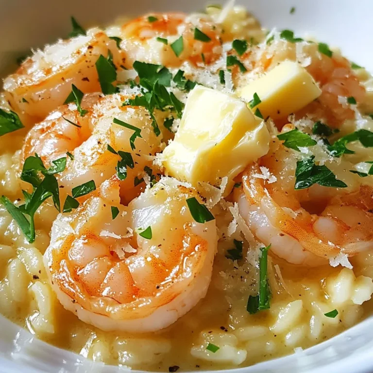 - 1 Tasse Arborio-Reis - 450 g große Garnelen, geschält und entdarmt - 960 ml natriumarme Hühnchen- oder Gemüsebrühe - 1 mittelgroße Zwiebel, fein gehackt - 3 Knoblauchzehen, gehackt - 1 Tasse geriebener Parmesan-Käse - 4 Esslöffel ungesalzene Butter, geteilt - 1 Esslöffel Olivenöl - 1 Teelöffel Zitronenschale - Salz und Pfeffer nach Geschmack - Frische Petersilie, gehackt (zum Garnieren) Für diese Rezeptur brauchen Sie: - Eine große Pfanne - Einen Topf für die Brühe - Eine Kelle oder einen Holzlöffel zum Rühren - Eine Schüssel für die Garnelen - Ein Messer und ein Schneidebrett Die Wahl der richtigen Zutaten macht einen großen Unterschied. Arborio-Reis ist wichtig für die Cremigkeit. Große Garnelen bringen Geschmack und Textur. Verwenden Sie frische, hochwertige Brühe. Sie können selbstgemachte Brühe oder eine gute Markenbrühe wählen. Der Parmesan sollte frisch gerieben sein, damit er besser schmilzt. Frische Petersilie bringt Farbe und Frische. Achten Sie darauf, ungesalzene Butter zu verwenden, um den Geschmack zu kontrollieren. {{ingredient_image_2}} Beginne, indem du die Brühe in einem Topf erhitzt. Verwende entweder Hühnchen- oder Gemüsebrühe. Halte die Brühe bei mittlerer Hitze warm. Achte darauf, dass sie nicht kocht. So bleibt sie ideal für das Risotto. In einer großen Pfanne erhitze das Olivenöl bei mittlerer Hitze. Füge die fein gehackte Zwiebel hinzu und brate sie an. Nach etwa drei bis vier Minuten wird sie glasig. Jetzt kommt der gehackte Knoblauch dazu. Koche ihn für eine weitere Minute, bis er duftet. Gib den Arborio-Reis in die Pfanne. Rühre gut um, damit der Reis die Aromen aufnimmt. Röste den Reis für zwei Minuten, während du häufig rührst. Gieße dann 240 ml der warmen Brühe hinzu. Rühre stetig, bis die Flüssigkeit fast vollständig aufgesogen ist. Füge dann die Brühe nach und nach hinzu. Dies dauert etwa 18 bis 20 Minuten, bis der Reis cremig und al dente ist. In einer separaten Pfanne schmelze zwei Esslöffel Butter bei mittlerer Hitze. Füge die Garnelen hinzu und brate sie an. Koche die Garnelen zwei bis drei Minuten auf jeder Seite, bis sie rosa sind. Würze sie mit Salz, Pfeffer und etwas Zitronenschale. Nimm sie dann von der Hitze und stelle sie beiseite. Sobald das Risotto cremig ist, füge die gekochten Garnelen hinzu. Rühre die restlichen zwei Esslöffel Butter und den geriebenen Parmesan-Käse ein. Mische alles gut durch, bis es cremig ist. Schmecke das Risotto ab und füge nach Bedarf Salz und Pfeffer hinzu. Serviere es heiß, garniert mit frischer Petersilie. Um die perfekte Konsistenz für Risotto zu erreichen, ist Rühren wichtig. Rühre oft, während du Brühe hinzufügst. Das hilft, die Stärke im Reis freizusetzen. So wird das Risotto schön cremig. Du solltest auch darauf achten, dass die Brühe warm bleibt. Kalte Brühe kann das Risotto kühl und klumpig machen. Ein häufiger Fehler ist, zu viel Brühe auf einmal hinzuzufügen. Gib immer nur eine Tasse Brühe dazu. Warte, bis sie fast ganz aufgenommen ist, bevor du mehr hinzufügst. Ein anderer Fehler ist, das Risotto zu früh vom Herd zu nehmen. Es sollte schön cremig und al dente sein. Lass dich also nicht von der Zeit drängen. Um den Geschmack zu verbessern, verwende frische Kräuter. Petersilie ist eine großartige Wahl. Füge sie am Ende hinzu, um frische Aromen zu erhalten. Zitrone bringt auch Frische. Ein Spritzer Zitronensaft kann viel bewirken. Außerdem kannst du mit verschiedenen Käsesorten experimentieren. Probiere Pecorino oder Fontina für einen anderen Geschmack. Pro Tipps Frische Garnelen: Verwende frische Garnelen für den besten Geschmack. Tiefkühlgarnelen können auch verwendet werden, aber achte darauf, sie gut aufzutauen. Langsame Brühe: Die Brühe sollte warm gehalten werden, um die Kochzeit des Risottos nicht zu verlängern und eine cremige Konsistenz zu gewährleisten. Rühren ist der Schlüssel: Ständiges Rühren während des Kochens hilft, die Stärke im Reis freizusetzen, was das Risotto cremig macht. Perfekte Konsistenz: Das Risotto sollte al dente und cremig sein. Achte darauf, das Risotto nicht zu lange zu kochen, damit der Reis nicht matschig wird. {{image_4}} Wenn du kein Fleisch isst, kannst du das Risotto leicht anpassen. Statt Garnelen kannst du Pilze verwenden. Sie bringen einen umami Geschmack. Auch grüne Erbsen sind eine gute Wahl. Sie fügen Süße und Farbe hinzu. Für mehr Textur nimm Zucchini oder Spargel. Diese Gemüsesorten geben dem Gericht Frische. Verwende Gemüsebrühe für den besten Geschmack. Wenn du mehr Meeresfrüchte magst, probiere Muscheln oder Tintenfisch. Diese passen gut zum Risotto. Achte darauf, sie rechtzeitig zu kochen. Muscheln brauchen nur ein paar Minuten. Tintenfisch sollte man vorher blanchieren. Du kannst auch eine Mischung aus verschiedenen Meeresfrüchten verwenden. So wird das Risotto noch spannender. Um das Risotto noch besser zu machen, füge frische Kräuter hinzu. Basilikum oder Oregano bringen einen tollen Geschmack. Auch Chili-Flocken können für etwas Schärfe sorgen. Für eine cremigere Note kannst du etwas Frischkäse einrühren. Das gibt dem Risotto eine besondere Textur. Denke auch an Nüsse, wie Pinienkerne oder Mandeln, für Crunch. Diese kleinen Änderungen machen viel aus und bringen Vielfalt in dein Gericht. Um dein Knoblauch-Butter Garnelen-Risotto frisch zu halten, lass es zuerst abkühlen. Danach füllst du es in einen luftdichten Behälter. So bewahrst du den Geschmack und die Textur. Stelle sicher, dass der Behälter gut verschlossen ist. So bleibt das Risotto lecker. Beim Aufwärmen ist es wichtig, die richtige Technik zu nutzen. Gib das Risotto in einen Topf und füge einen Schuss Brühe oder Wasser hinzu. Erhitze es bei niedriger Hitze. Rühre oft, damit es gleichmäßig warm wird. So bleibt das Risotto cremig und wird nicht trocken. Du kannst auch die Mikrowelle nutzen. Stelle die Mikrowelle auf mittlere Leistung und erwärme es in kurzen Intervallen. Im Kühlschrank hält sich dein Risotto etwa 3 bis 4 Tage. Achte darauf, es gut abzudecken oder in einem luftdichten Behälter zu lagern. Wenn du das Risotto länger aufbewahren möchtest, kannst du es auch einfrieren. Im Gefrierfach bleibt es bis zu 3 Monate frisch. Die Zubereitung dauert etwa 40 Minuten. Davon sind 10 Minuten für die Vorbereitung und 30 Minuten für das Kochen. In dieser Zeit kannst du das Risotto cremig und aromatisch machen. Ja, du kannst gefrorene Garnelen verwenden. Achte darauf, sie vorher aufzutauen. Spüle sie unter kaltem Wasser ab. So bleiben sie frisch und lecker. Wenn du keinen Parmesan hast, probiere Pecorino oder Grana Padano. Beide bieten einen ähnlichen Geschmack und passen gut zu Risotto. Du kannst auch eine vegane Käsealternative nutzen, wenn du möchtest. Ja, Risotto ist glutenfrei. Der Hauptbestandteil, Arborio-Reis, ist eine Reissorte. So können auch Menschen mit Glutenunverträglichkeit Risotto genießen. Ja, du kannst Risotto im Voraus zubereiten. Koche es bis zur Cremigkeit, aber lass es nicht zu lange kochen. Lass es abkühlen, bevor du es im Kühlschrank lagerst. Erwärme es dann mit etwas Brühe oder Wasser. Zusammenfassend haben wir die Zutaten, die Zubereitung und wichtige Tipps für Knoblauch-Butter Garnelen-Risotto besprochen. Hochwertige Zutaten sind der Schlüssel zu gutem Geschmack. Mit einfachen Schritten und einigen Tricks gelingt dir das perfekte Risotto. Probiere auch die verschiedenen Varianten aus, um neuen Schwung in dein Gericht zu bringen. Denke daran, Risotto richtig aufzubewahren, um die Frische zu erhalten. Mit diesen Informationen wirst du sicher ein tolles Gericht zaubern, das jeder liebt.