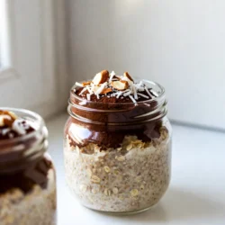 Hier sind die Zutaten, die du für die Almond Joy Overnight Oats brauchst: - 1 Tasse Haferflocken - 1 Tasse Mandelmilch (oder eine andere gewünschte Milch) - 2 Esslöffel Chiasamen - 2 Esslöffel ungesüßtes Kakaopulver - 2 Esslöffel Ahornsirup oder Honig - 1/2 Teelöffel Vanilleextrakt - 1/4 Tasse geraspelter Kokosnuss - 1/4 Tasse gehackte Mandeln - Eine Prise Salz Diese Zutaten geben dem Gericht seinen tollen Geschmack. Die Haferflocken machen die Basis. Die Mandelmilch sorgt für Cremigkeit und die Chiasamen geben eine gute Textur. Kakaopulver und Ahornsirup bringen Schokolade und Süße hinein. Kokosnuss und Mandeln fügen eine nussige Note hinzu. Wähle frische und hochwertige Zutaten für den besten Geschmack. Achte beim Kauf der Haferflocken darauf, dass sie keine Zusatzstoffe haben. Die Mandelmilch sollte ungesüßt sein, wenn du den Zuckergehalt niedrig halten möchtest. Frische Chiasamen sind wichtig, da sie Nährstoffe liefern. Das Kakaopulver sollte rein und ungesüßt sein. Qualität macht einen großen Unterschied im Geschmack. Wenn du Allergien oder spezielle Diäten hast, gibt es viele Alternativen. Verwende Haferflocken ohne Gluten, wenn du Gluten vermeiden musst. Statt Mandelmilch kannst du Kokosmilch oder Sojamilch nutzen. Wenn du auf Zucker achtest, ersetze den Ahornsirup durch einen Zuckeraustauschstoff. Für Nüsse kannst du Sonnenblumenkerne oder Kürbiskerne verwenden. Diese Alternativen machen das Rezept anpassbar und lecker. {{ingredient_image_2}} Um die Basis für deine Almond Joy Overnight Oats zu machen, nimm eine Rührschüssel. Füge die Haferflocken, die Mandelmilch, Chiasamen, Kakaopulver, Ahornsirup, Vanilleextrakt und eine Prise Salz hinzu. Mische alles gut. Achte darauf, dass die trockenen Zutaten gleichmäßig in der Flüssigkeit verteilt sind. Dies sorgt für einen tollen Geschmack. Nach dem Mischen ist es Zeit, die Kokosnuss und Mandeln hinzuzufügen. Nimm die geraspelte Kokosnuss und die gehackten Mandeln und hebe sie vorsichtig unter. Achte darauf, dass du nicht zu fest rührst. So bleibt der nussige Geschmack schön verteilt. Du möchtest die leckeren Stücke in jedem Bissen haben. Sobald alles gut vermischt ist, verteile die Mischung gleichmäßig auf zwei Gläser oder luftdichte Behälter. Verschließe sie gut und stelle sie in den Kühlschrank. Lass sie dort über Nacht oder mindestens 4 Stunden stehen. Diese Kühlzeit ist wichtig, damit die Haferflocken die Flüssigkeit aufnehmen. Am Morgen sind die Oats perfekt dick und cremig. Wenn sie zu dick sind, füge einfach einen Schuss Mandelmilch hinzu. Ein häufiger Fehler ist, die Zutaten nicht gut zu mischen. Wenn die Haferflocken nicht gleichmäßig verteilt sind, bekommen Sie Klumpen. Rühren Sie alles gut um, bevor Sie die Mischung in Gläser füllen. Achten Sie darauf, die Chiasamen gleichmäßig zu verteilen, da sie die Flüssigkeit aufnehmen. Das verhindert, dass die Mischung zu dick wird. Ein weiterer Fehler ist, die Gläser nicht richtig zu verschließen. Stellen Sie sicher, dass die Behälter dicht sind, damit kein Wasser eindringt. Die Konsistenz der Overnight Oats ist wichtig. Wenn sie zu dick sind, fügen Sie einfach mehr Mandelmilch hinzu. Mischen Sie die Haferflocken vor dem Servieren noch einmal gut. Sie sollten cremig, aber nicht flüssig sein. Wenn Sie eine fluffigere Textur möchten, lassen Sie die Oats länger im Kühlschrank. Eine Nacht ist ideal, aber vier Stunden reichen auch aus. Experimentieren Sie mit der Menge an Chiasamen. Mehr Chiasamen machen die Mischung dicker. Die Präsentation zählt! Servieren Sie die Oats in klaren Gläsern, um die Schichten zu zeigen. Das sieht nicht nur gut aus, es macht auch hungrig. Dekorieren Sie mit mehr geraspelter Kokosnuss und gehackten Mandeln oben drauf. Ein Schuss Ahornsirup oder ein paar Schokoladenstückchen machen das Ganze noch besser. Diese kleinen Extras fügen zusätzlichen Geschmack hinzu und machen es einladend. So wird das Frühstück zum echten Highlight! Pro Tipps Haferflocken einweichen: Lasse die Haferflocken über Nacht einweichen, um eine cremige Konsistenz zu erzielen und die Nährstoffe besser aufzunehmen. Kakaopulver anpassen: Experimentiere mit der Menge des Kakaopulvers, um den Schokoladengeschmack nach deinem persönlichen Geschmack zu intensivieren. Früchte hinzufügen: Verfeinere dein Frühstück, indem du frische oder gefrorene Früchte wie Bananen, Beeren oder Äpfel hinzufügst, um zusätzliche Süße und Nährstoffe zu erhalten. Vorbereitung im Voraus: Bereite die Overnight Oats am Sonntag vor, um die gesamte Woche über ein schnelles und gesundes Frühstück zur Hand zu haben. {{image_4}} Wenn du Schokolade liebst, ist diese Variante perfekt. Füge mehr Kakaopulver hinzu. Du kannst auch Schokoladenstückchen verwenden. Das macht die Overnight Oats noch schokoladiger. Ein Schokoladensirup oben drauf gibt einen extra Kick. Probiere auch, nach dem Kühlen eine Schicht Nutella hinzuzufügen. Diese schokoladigen Varianten bringen Freude in dein Frühstück. Für fruchtige Varianten, füge frische Früchte hinzu. Bananen, Beeren oder Äpfel passen gut. Schneide sie klein und mische sie unter die Haferflocken. Du kannst auch Erdnüsse oder Walnüsse hinzufügen. Das gibt einen tollen Crunch. Diese Kombinationen machen deine Overnight Oats frisch und gesund. Wenn du vegane Optionen suchst, ersetze Honig durch Agavendicksaft. Verwende ungesüßte Pflanzenmilch, um Zucker zu vermeiden. Du kannst auch auf reife Bananen setzen, um Süße zu bringen. Diese Alternativen sind nicht nur lecker, sondern auch gesund. So genießt du deine Overnight Oats ganz ohne tierische Produkte. Um die Almond Joy Overnight Oats frisch zu halten, benutze ein luftdichtes Glas oder einen Behälter. Diese Behälter schützen die Haferflocken vor Luft und Feuchtigkeit. Du kannst auch die Portionen gleichmäßig aufteilen. So hast du immer ein schnelles Frühstück bereit. Die Overnight Oats bleiben im Kühlschrank bis zu fünf Tage frisch. Achte darauf, dass sie gut abgedeckt sind. Wenn du sie am zweiten oder dritten Tag isst, rühre sie gut um. Das hilft, Klumpen zu vermeiden. Falls die Mischung zu dick ist, füge etwas Mandelmilch hinzu, um die Konsistenz zu verbessern. Meal Prep macht das Frühstück einfach. Bereite die Oats gleich für mehrere Tage vor. Du kannst die Zutaten am Sonntag mischen und in Behälter füllen. So sparst du Zeit unter der Woche. Du kannst die Oats auch leicht variieren, indem du verschiedene Toppings hinzufügst. Stelle sicher, dass du genug Platz im Kühlschrank hast, um deine leckeren Kreationen zu lagern. Ja, du kannst andere Milchsorten verwenden. Ich empfehle, Hafer-, Soja- oder Kokosmilch zu probieren. Jede Milch hat ihren eigenen Geschmack. Wenn du eine andere pflanzliche Milch magst, versuche es! Achte darauf, dass sie ungesüßt ist, um den besten Geschmack zu erreichen. Eine Portion der Almond Joy Overnight Oats hat etwa 300 Kalorien. Dieser Wert kann leicht variieren. Er hängt von der verwendeten Milch und dem Süßungsmittel ab. Die Mandeln und die Kokosnuss fügen auch etwas hinzu. Dies macht das Frühstück nahrhaft und sättigend. Ja, du kannst die Overnight Oats einfrieren. Achte darauf, sie in einem luftdichten Behälter zu lagern. Lasse etwas Platz im Behälter, da die Mischung beim Einfrieren expandiert. Du kannst sie bis zu drei Monate aufbewahren. Um sie zu genießen, über Nacht im Kühlschrank auftauen lassen. Die Almond Joy Overnight Oats bieten viele leckere Möglichkeiten. Wir haben die besten Zutaten und Tipps zur Zubereitung besprochen. Ich teile auch, wie man häufige Fehler vermeidet und die perfekte Konsistenz erreicht. Variationen wie schokoladige oder vegane Optionen runden das Rezept ab. Denken Sie an die richtige Lagerung, um die Frische zu erhalten. Mit diesen Tipps sind Ihre Overnight Oats ein Hit. Probieren Sie sie aus und genießen Sie das Geschmackserlebnis!