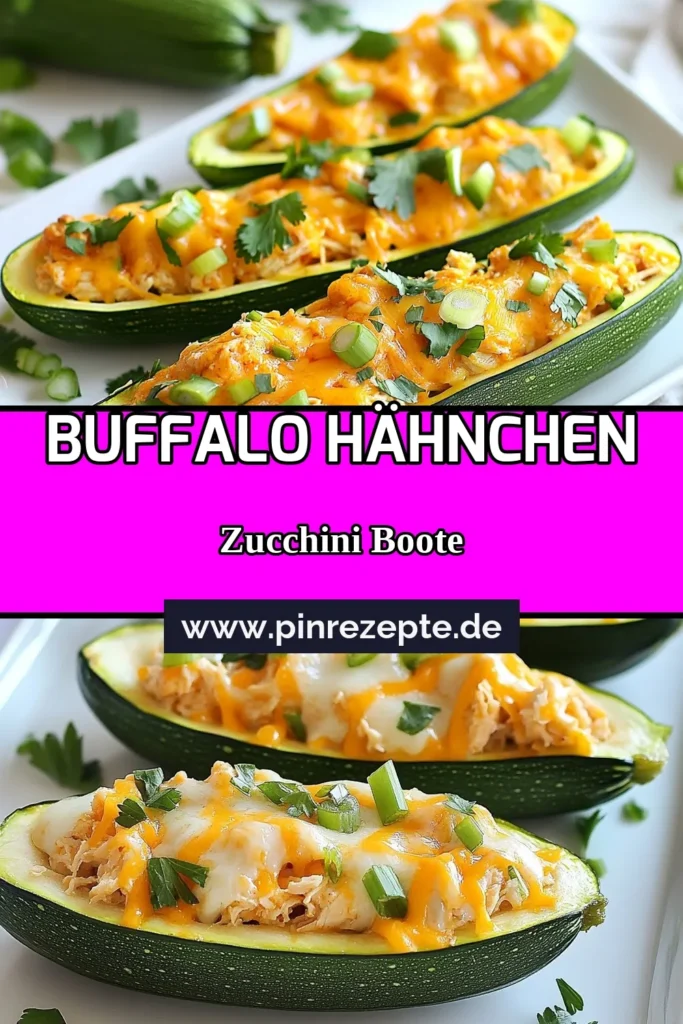 Entdecke unser köstliches gefüllte Zucchini Rezept mit Buffalo Chicken Zucchini! Diese gesunden Zucchinigerichte sind perfekt für ein schnelles Abendessen. Saftiges Buffalo Sauce Hähnchen trifft auf zarte Zucchini und geschmolzenen Cheddar. Ideal für alle, die einfache Zucchini Rezepte lieben. Probiere es aus und bring Farbe auf deinen Tisch! Speichere dieses Rezept jetzt für deine nächste Kochsession! #BuffaloChickenZucchini #GesundeZucchinigerichte #EinfacheZucchiniRezepte #GefüllteZucchiniRezept
