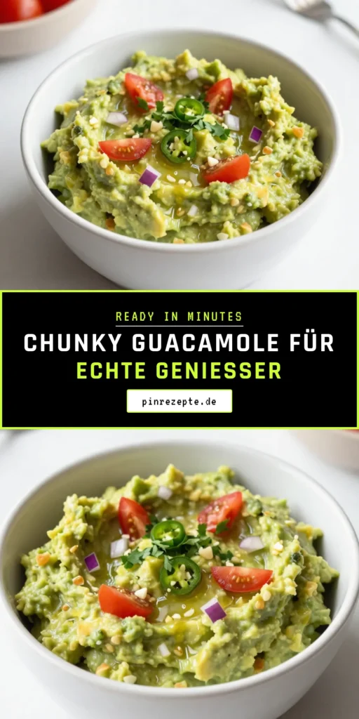 Entdecken Sie unser köstliches Guacamole Rezept für eine frische und cremige Chunky Guacamole! Dieser Avocado Dip ist schnell zubereitet und ideal für Snacks oder Partys. Mit einfachen Guacamole Zutaten wie reifen Avocados, Zwiebeln und Koriander zaubern Sie in nur 10 Minuten einen Geschmackskracher. Perfekt für jeden Anlass! Speichern Sie dieses Rezept und bringen Sie Ihre nächste Feier zum Strahlen! #GuacamoleRezept #ChunkyGuacamole #AvocadoDip #frischeGuacamole