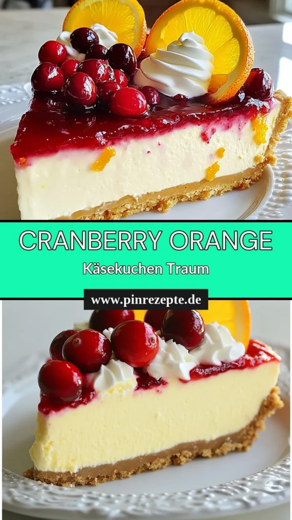 Entdecken Sie das perfekte Rezept für einen festlichen Cheesecake mit der frischen Kombination aus Cranberries und Orange! Dieser Cranberry Orange Cheesecake ist einfach zuzubereiten und wird Ihre Gäste begeistern. Unser Frischkäsekuchen Rezept kombiniert cremigen Frischkäse mit spritzigem Orangensaft und knackigen Cranberries. Ideal für Feiertage und besondere Anlässe! Speichern Sie dieses easy Cheesecake Rezept für Ihr nächstes Dessert! #CranberryOrangeCheesecake #KäsekuchenMitCranberries #FrischkäsekuchenRezept #FestlicherCheesecake