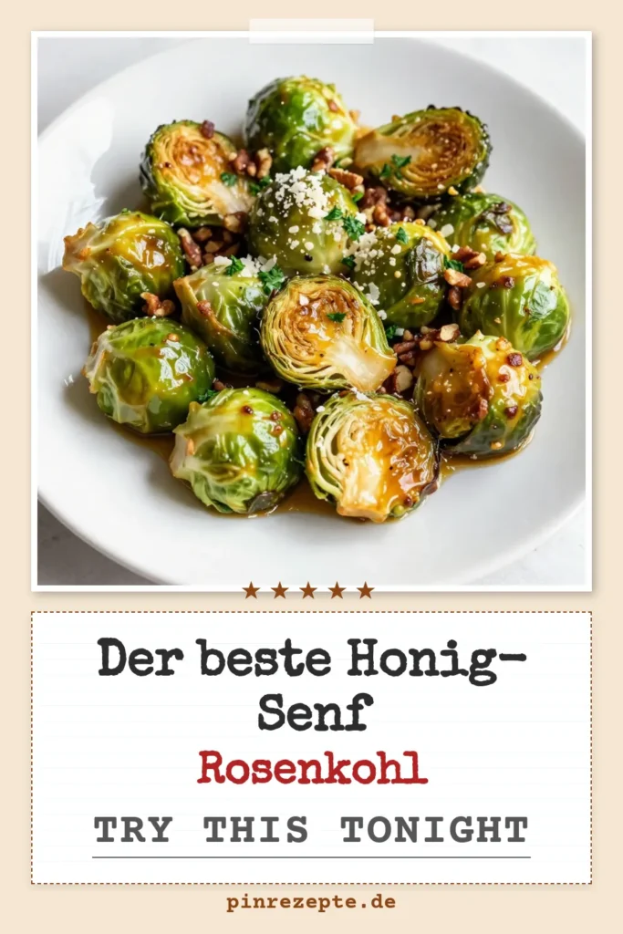 Entdecken Sie unser köstliches Honig-Senf Rosenkohl Rezept, das gebackenen Rosenkohl mit Honig perfekt vereint. Dieses einfache Rosenkohl Gericht ist eine gesunde Beilage und eignet sich ideal für jedes Familienessen. Die Kombination aus Rosenkohl mit Parmesan und Nüssen bringt zusätzlichen Geschmack und Crunch. Probieren Sie dieses Rezept aus und überzeugen Sie sich selbst! Speichern Sie es für Ihr nächstes Kochen! #Rosenkohl #GesundeRezepte #Beilagen #EssenLieben