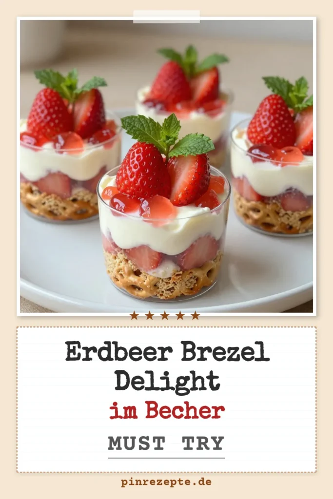 Entdecke dieses leckere Erdbeer-Brezel-Salat Rezept – ein süßer Salat mit Erdbeeren, der perfekt für jede Gelegenheit ist. Diese Erdbeer-Nachtisch Becher sind einfach zuzubereiten mit einer knackigen Brezelkruste, cremigem Frischkäse und fruchtiger Erdbeerschicht, alles vereint durch eine köstliche Gelatine. Perfekt für Partys oder als erfrischender Sommerdessert. Probiere dieses Brezel Dessert Rezept und überrasche deine Gäste! #ErdbeerBrezelSalat #DessertRezept #ErdbeerSalat #SüßeLeckereien
