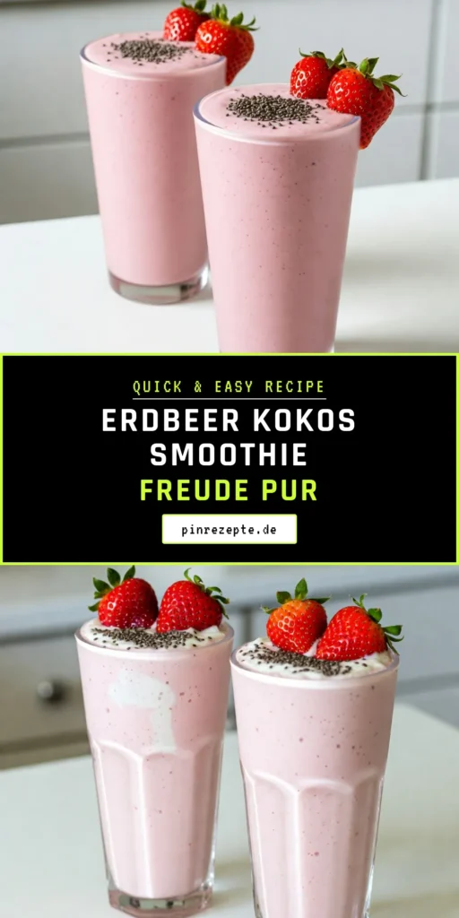 Genießen Sie diesen köstlichen Erdbeer Kokos Smoothie, ein perfektes Frühstück Smoothie Rezept für gesunde Ernährung! Mit frischen Erdbeeren, cremiger Kokosmilch und gesunden Zutaten ist dieser vegane Smoothie nicht nur lecker, sondern auch nahrhaft. Einfach zubereiten mit unserem einfachen Kokosmilch Rezept. Probieren Sie unser gesunde Smoothie Rezept aus und teilen Sie die Freude! #ErdbeerKokosSmoothie #veganeSmoothies #KokosmilchRezepte #GesundeRezepte