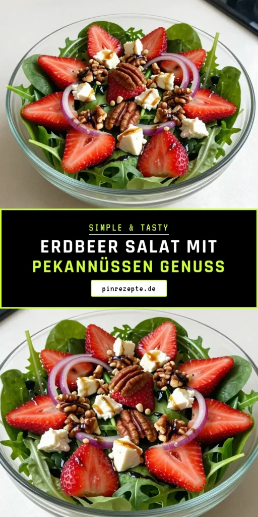 Entdecken Sie das perfekte Rezept für einen Erdbeer-Pekannuss-Salat! Dieser erfrischende Salat kombiniert gemischte Blattsalate mit saftigen Erdbeeren und knackigen Pekannüssen. Das Balsamico-Dressing Rezept sorgt für den idealen Geschmack. Egal ob als Beilage oder Hauptgericht, dieser Feta-Käse Salat ist einfach und köstlich. Probieren Sie es aus und bringen Sie Farbe auf den Tisch! Speichern Sie es für Ihre nächste Grillparty! #ErdbeerPekannussSalat #Salatrezepte #BalsamicoDressing #FetaKäseSalat