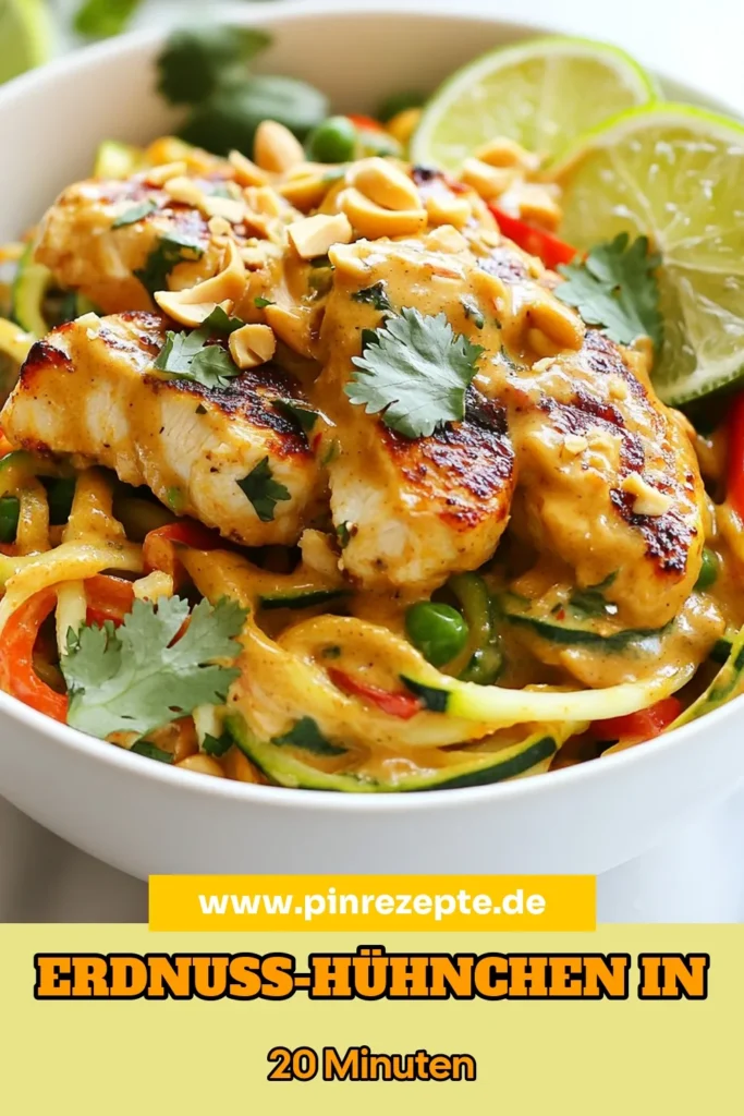 Entdecke dieses köstliche Zoodles Rezept für Thai Erdnuss-Hühnchen, das einfach zuzubereiten und perfekt für die gesunde Thai Küche ist. Mit zarten Hähnchenstücken, knackigem Gemüse und einer cremigen Erdnussbutter Soße, ist dieses glutenfreies Hühnchen Rezept ein Hit bei Groß und Klein. Probiere es aus und genieße den Geschmack Thailands! Speichere das Rezept für später. #Thailändischkochen #Zoodles #gesundeErnährung #Erdnussbutter