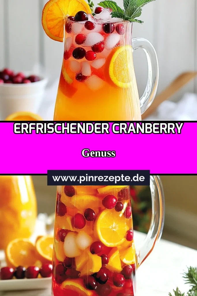 Bereite dir diesen erfrischenden Cranberry Citrus Drink zu! Mit diesem Cranberrysaft Rezept kreierst du ein köstliches alkoholfreies Getränk, ideal für jede Feier. Kombiniere Orangensaft Cocktails mit sprudelndem Wasser und dekoriere deine Getränke mit frischen Minzblättern und Cranberries. Perfekt für einen warmen Tag oder gemütliche Abende. Probiere es aus und genieße jeden Schluck! #CranberryCitrusDrink #alkoholfreieGetränke #OrangensaftCocktails #CranberrysaftRezept