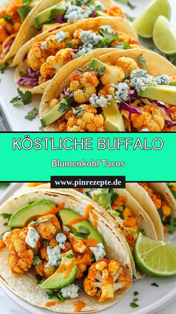 Entdecke diese leckeren Buffalo Blumenkohl Tacos – die perfekten vegane Tacos! Mit knusprigem Blumenkohl, umhüllt von würziger Buffalo-Sauce, sind diese gesunden Taco Ideen ideal für deinen nächsten Taco-Abend. Probiere unser einfaches Rezept für Blumenkohl Rezepte, die begeistern! Lass dir diese köstlichen Buffalo-Sauce Tacos nicht entgehen. Jetzt nachmachen und genießen! #BuffaloBlumenkohlTacos #veganeTacos #BlumenkohlRezepte #gesundeTacoIdeen