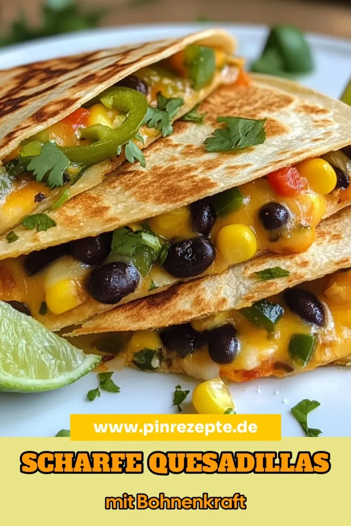 Entdecke das perfekte Rezept für kräftig scharfe schwarze Bohnen Quesadillas! Diese vegetarischen Quesadillas kombinieren köstliche schwarze Bohnen, frisches Gemüse und geschmolzenen Cheddar-Käse in einfachen Tortilla Rezepten. Ideal für Tex-Mex Küche Liebhaber, sind sie schnell zubereitet und voll im Geschmack. Probiere sie aus und genieße eine schmackhafte Auszeit. Speichere dieses Rezept für später! #Quesadillas #TexMex #vegetarisch #scharf