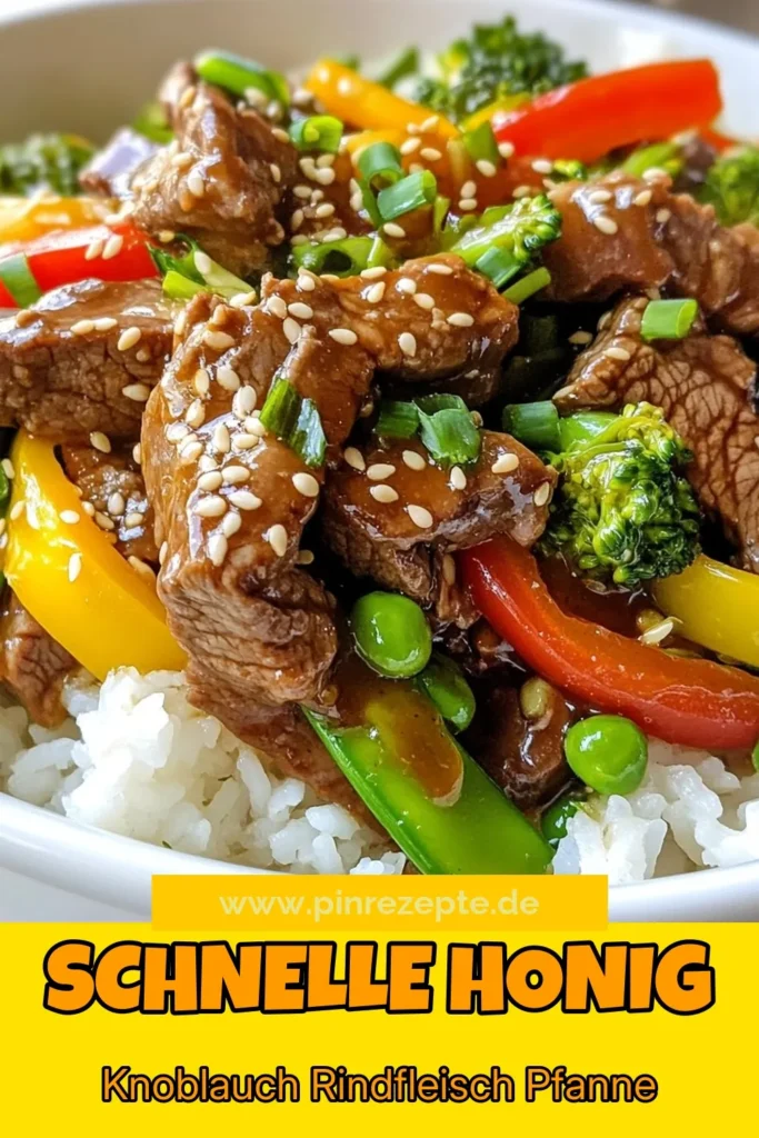 Entdecken Sie das köstliche Rezept für Honig Knoblauch Rindfleisch, das in nur 20 Minuten zubereitet ist! Dieses Rindfleisch Pfanne Rezept mit saisonalem Gemüse und einer verführerischen Honig-Knoblauch-Sauce ist das perfekte schnelle Abendessen mit Rindfleisch. Ideal für alle Liebhaber asiatischer Rindfleischgerichte. Lassen Sie sich inspirieren und speichern Sie dieses Rezept für Ihre nächste Mahlzeit! #HonigKnoblauchRindfleisch #RindfleischPfanne #schnellesAbendessen #asiatischeRindfleischgerichte