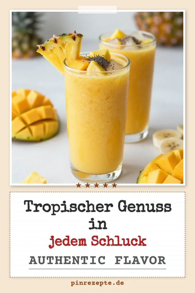 Entdecken Sie unser Rezept für einen tropischen Smoothie, der Sie direkt in den Urlaub versetzt! Dieser Ananas-Mango-Smoothie kombiniert leckere Früchte mit erfrischendem Kokoswasser und gesunden Zutaten. Perfekt für heiße Tage oder als gesunde Snack-Option. Probieren Sie unseren fruchtigen Smoothie Rezept aus und genießen Sie den Geschmack der Tropen! Speichern Sie das Rezept für later! #tropischerSmoothie #AnanasMangoSmoothie #gesundeSmoothieRezepte #KokoswasserSmoothie