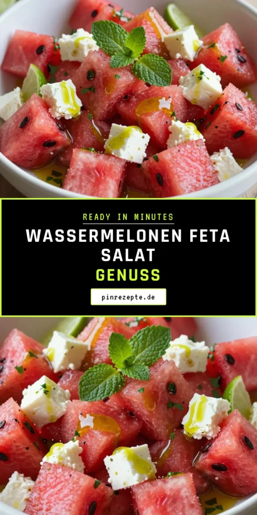 Entdecken Sie diesen köstlichen Wassermelonen-Feta-Salat – das perfekte Gericht für Ihre Sommerfeste! Ideal als erfrischende Sommerrezepte oder einfache Grillbeilagen. Genießen Sie die Kombination aus saftiger Wassermelone, cremigem Feta und frischen Minzeblättern in diesem gesunden Salatideen-Rezept. Lassen Sie sich inspirieren und servieren Sie diesen Salat als Highlight bei Ihrem nächsten Grillabend! #WassermelonenFetaSalat #GesundeSalatideen #ErfrischendeSommerrezepte #MinzeblätterRezepte