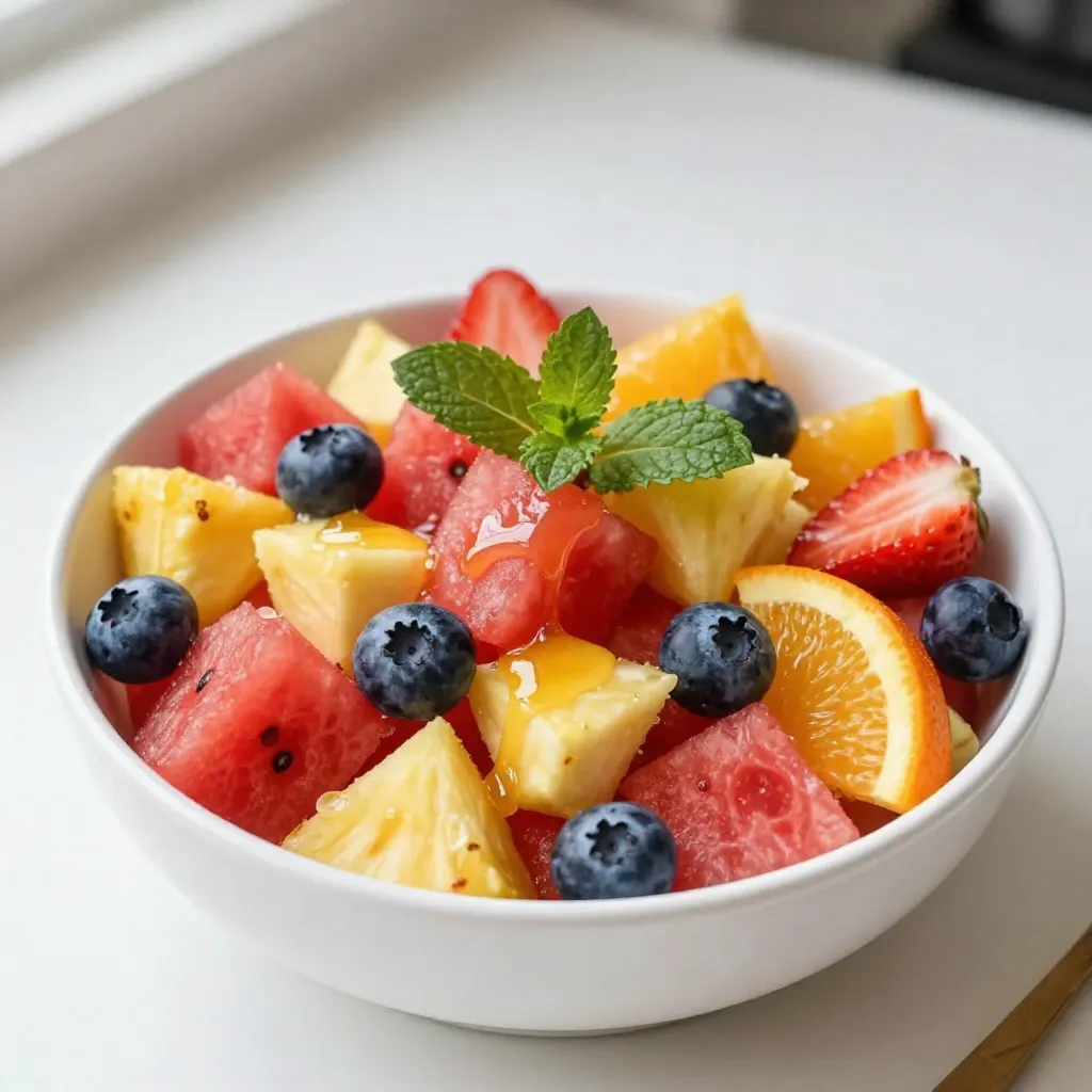 Für den Honig-Limetten-Fruchtsalat braucht man frische und saftige Früchte. Hier sind die Hauptzutaten: - 2 Tassen Wassermelone, in Würfel geschnitten - 1 Tasse Ananas, gewürfelt - 1 Tasse Erdbeeren, halbiert - 1 Tasse Blaubeeren - 1 Orange, filetiert Diese Früchte bringen Farben und Geschmack in den Salat. Sie sind auch sehr gesund und voller Vitamine. Zusätzlich zu den Früchten benötigst du einige einfache Zutaten für das Dressing: - 2 Esslöffel Honig - 2 Esslöffel Limettensaft - Abrieb von 1 Limette - Frische Minzblätter zum Garnieren Der Honig und der Limettensaft geben dem Salat eine süße und saure Note. Achte darauf, frische und reife Früchte zu wählen. Saisonale Früchte schmecken besser und haben mehr Nährstoffe. - Wassermelonen sind im Sommer am besten. - Ananas und Erdbeeren gibt es von Frühling bis Sommer. - Blaubeeren sind im Hochsommer frisch. - Orangen findest du das ganze Jahr über, aber sie sind im Winter besonders saftig. Die Qualität der Zutaten macht einen großen Unterschied im Geschmack. Wenn du lokale Märkte besuchst, findest du oft die besten Früchte. Sie sind frisch und unterstützen die lokale Wirtschaft. {{ingredient_image_2}} Zuerst wasche alle Früchte gut. Schneide die Wassermelone in Würfel. Sie sollte saftig und süß sein. Nimm die Ananas und würfle sie auch. Halbiere die Erdbeeren sorgfältig. Blaubeeren sind klein, also einfach bereitstellen. Filetiere die Orange, um die besten Stücke zu nutzen. Lege alle geschnittenen Früchte in eine große Rührschüssel. So bleiben sie frisch und lecker. In einer kleinen Schüssel mische den Honig und den Limettensaft. Füge den Abrieb von einer Limette hinzu. Dieser Schritt gibt der Sauce einen tollen Geschmack. Rühre alles gut um, bis die Mischung einheitlich ist. So bildet sich eine süße und saure Sauce. Diese Sauce wird später über die Früchte gegossen. Gieße die Honig-Limetten-Mischung über die Früchte. Mische alles vorsichtig, damit die Früchte nicht zerdrückt werden. Lass den Obstsalat etwa 10 Minuten ruhen. So können die Aromen gut miteinander vermischen. Vor dem Servieren dekorierst du den Salat mit frischen Minzblättern. Diese verleihen dem Gericht eine schöne Farbe und einen frischen Geschmack. Um den besten Obstsalat zu machen, wähle frische, reife Früchte. Achte darauf, dass die Früchte bunt sind. Unterschiedliche Farben sorgen für mehr Geschmack. Schneide die Früchte gleichmäßig, damit sie gut vermischt werden. Mische die Zutaten sanft, um die Früchte nicht zu zerdrücken. Lass den Salat kurz ruhen, damit die Aromen sich verbinden. Honig bringt Süße, während Limette Frische gibt. Verwende hochwertigen, flüssigen Honig für beste Ergebnisse. Limettensaft sollte frisch gepresst sein. Der Abrieb der Limette gibt extra Geschmack. Mische Honig und Limette gut, bevor du es über die Früchte gibst. So bleibt der Salat nicht wässrig und wird aromatisch. Wenn du keine Wassermelone magst, probiere Pfirsiche oder Kiwi. Für die Ananas kannst du Mango verwenden. Erdbeeren lassen sich wunderbar durch Himbeeren ersetzen. Bei den Blaubeeren sind auch schwarze Johannisbeeren lecker. Nutze saisonale Früchte für den besten Geschmack und die beste Frische. Sei kreativ und finde deine eigene Mischung! Pro Tipps Frisches Obst wählen: Achten Sie darauf, reifes und frisches Obst zu verwenden, um den besten Geschmack und die beste Textur zu erzielen. Variationen ausprobieren: Experimentieren Sie mit verschiedenen Obstsorten oder fügen Sie Nüsse hinzu, um dem Salat zusätzlichen Crunch und Geschmack zu verleihen. Kühlen vor dem Servieren: Lassen Sie den Obstsalat vor dem Servieren im Kühlschrank, damit er schön erfrischend ist. Limettensaft anpassen: Passen Sie die Menge des Limettensafts nach Ihrem Geschmack an; mehr Saft sorgt für eine intensivere Frische. {{image_4}} Für eine tropische Note, füge Mango und Kiwi hinzu. Diese Früchte bringen eine süße und saftige Frische. Du kannst auch Papaya verwenden, um den Geschmack zu erweitern. Mische die Früchte wie im Grundrezept. Der Honig und Limette passen gut zu diesen tropischen Aromen. Magst du Beeren? Nutze eine Mischung aus Himbeeren, Brombeeren und Erdbeeren. Sie geben deinem Salat eine bunte Farbe und tollen Geschmack. Du kannst die Blaubeeren durch Himbeeren ersetzen. So hast du einen fruchtigen Mix, der süß und leicht sauer ist. Um mehr Textur hinzuzufügen, streue einige Nüsse über den Salat. Mandeln oder Walnüsse sind gute Optionen. Wenn du es cremiger magst, füge griechischen Joghurt hinzu. Der Joghurt ergänzt die Frische der Früchte und macht den Salat noch reichhaltiger. Diese Variationen machen den Honig-Limetten-Fruchtsalat vielseitig und spannend. Probiere sie aus, um deinen eigenen Lieblingsmix zu finden! Lagere deinen Honig-Limetten-Fruchtsalat in einem luftdichten Behälter. So bleibt die Frische länger erhalten. Stelle den Behälter in den Kühlschrank. Der Obstsalat schmeckt am besten innerhalb von zwei Tagen. Um die Frische zu bewahren, füge die Honig-Limetten-Sauce erst kurz vor dem Servieren hinzu. So bleiben die Früchte knackig und saftig. Wenn du übrig gebliebene Früchte hast, schneide sie in Stücke und bewahre sie getrennt auf. Das verhindert, dass sie matschig werden. Du kannst die Früchte bis zu einen Tag im Voraus vorbereiten. Schneide sie einfach und bewahre sie im Kühlschrank auf. So sparst du Zeit, wenn du den Salat zubereitest. Mische die Früchte dann kurz vor dem Servieren. Der Fruchtsalat hält sich gut für etwa 2 bis 3 Tage im Kühlschrank. Die frischen Früchte bleiben bis dahin knackig und lecker. Achte darauf, den Salat in einem luftdichten Behälter aufzubewahren. So bleibt die Frische länger erhalten. Manchmal kann die Mischung etwas Saft abgeben. Das ist normal und macht den Salat sogar saftiger. Ja, du kannst die Früchte nach deinem Geschmack ändern. Verwende saisonale Früchte für den besten Geschmack. Du kannst auch Trauben, Kiwi oder Mango hinzufügen. Sei kreativ mit den Farben und Aromen. Diese Variationen machen den Salat noch spannender. Jeder Biss wird ein neuer Genuss. Der Fruchtsalat ist nicht vegan, da er Honig enthält. Wenn du eine vegane Option möchtest, ersetze den Honig durch Agavendicksaft oder einen anderen pflanzlichen Süßstoff. So bleibt der Salat süß und lecker, ohne tierische Produkte zu verwenden. Achte darauf, die anderen Zutaten vegan zu wählen. Der Honig-Limetten-Fruchtsalat ist frisch, lecker und leicht zuzubereiten. Wir haben die Hauptzutaten sowie die Zubereitungsschritte besprochen. Tipps und Tricks helfen Ihnen, den perfekten Obstsalat zu machen. Variationen bringen neue Geschmäcker ins Spiel. Richtig lagern sorgt für frische und Haltbarkeit. Probieren Sie diesen gesunden Snack aus. Er ist vielseitig und macht Spaß. Bereiten Sie ihn im Voraus vor und genießen Sie ihn jederzeit!