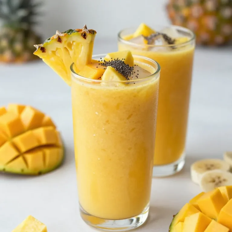 Für unseren tropischen Ananas-Mango-Smoothie brauchst du: - 1 reife Mango, geschält und gewürfelt - 1 Tasse frische Ananasstücke - 1 Banane, in Scheiben geschnitten - 1 Tasse Kokoswasser (oder normales Wasser) - 1/2 Tasse griechischer Joghurt (optional für Cremigkeit) - 1 Esslöffel Honig oder Agavensirup (nach Geschmack anpassen) - 1/2 Teelöffel frischer Ingwer, gerieben (optional für einen scharfen Kick) - Eiswürfel (nach Geschmack) Diese Zutaten sorgen für einen frischen und leckeren Geschmack. Die Mango und die Ananas bringen Süße und Frische. Die Banane macht den Smoothie schön cremig. Wenn du den Geschmack noch verbessern willst, probiere diese Zutaten: - Andere Früchte wie Erdbeeren oder Kiwi - Ein Spritzer Limettensaft für mehr Säure - Eine Prise Zimt für eine warme Note - Chiasamen oder Leinsamen für extra Nährstoffe Mit diesen Zutaten kannst du deinen Smoothie ganz nach deinem Geschmack anpassen. Um die besten Früchte für deinen Smoothie zu wählen, beachte folgende Punkte: - Die Mango sollte reif sein. Sie gibt beim Drücken leicht nach und hat eine süße Note. - Achte darauf, dass die Ananas frisch riecht. Das zeigt, dass sie süß ist. - Wähle eine Banane, die leicht fleckig ist. Das zeigt, dass sie süß und reif ist. - Wenn möglich, kaufe Bio-Früchte. Sie sind oft frischer und haben mehr Geschmack. Mit diesen Tipps kannst du sicherstellen, dass dein Smoothie immer lecker schmeckt. {{ingredient_image_2}} Beginne mit der Mango. Schäle sie und schneide sie in kleine Würfel. Nimm dann die Ananas und schneide sie in Stücke. Für die Banane schneide sie in Scheiben. Lege alles in eine Schüssel, um es bereit zu haben. Diese frischen Früchte geben dem Smoothie seinen tollen Geschmack. Jetzt kommt der spannende Teil! Gib die gewürfelte Mango, die Ananasstücke und die Bananenscheiben in deinen Mixer. Füge eine Tasse Kokoswasser hinzu. Das Wasser macht den Smoothie frisch und leicht. Wenn du einen cremigen Smoothie willst, füge den griechischen Joghurt hinzu. Dann kommt der Honig oder Agavensirup dazu. Bei Bedarf kannst du auch frischen Ingwer für eine scharfe Note einfügen. Mixe alles bei hoher Geschwindigkeit, bis die Mischung glatt ist. Manchmal ist der Smoothie zu dick. In diesem Fall kannst du mehr Kokoswasser oder normales Wasser hinzufügen. Mixe erneut, bis die gewünschte Konsistenz erreicht ist. Dann probiere den Smoothie. Wenn du mehr Süße magst, füge etwas mehr Honig oder Sirup hinzu. Mixe kurz, um alles gut zu vermischen. Füge Eiswürfel hinzu, wenn du einen kalten Smoothie möchtest, und mixe erneut. Um den Smoothie cremiger zu machen, füge griechischen Joghurt hinzu. Er bringt eine reichhaltige Textur. Eine halbe Tasse ist oft genug. Wenn du ihn noch cremiger magst, probiere Avocado. Das gibt eine tolle Konsistenz ohne viel Geschmack. Die Konsistenz ist wichtig für deinen Smoothie. Wenn er zu dick ist, füge etwas mehr Kokoswasser hinzu. Mixe alles gut durch. Du kannst auch Eiswürfel verwenden, um ihn leicht und erfrischend zu machen. Wenn er zu flüssig ist, füge mehr gefrorenes Obst hinzu. Das hilft, die perfekte Balance zu finden. Die Präsentation macht viel aus. Gieße den Smoothie in hohe Gläser. Garniere ihn mit einer Scheibe Ananas oder Mango. Das sieht toll aus. Du kannst auch etwas geraspelte Kokosnuss oder Chiasamen obendrauf streuen. Diese kleinen Details bringen Farbe und Textur. Pro Tipps Die richtige Reife: Achten Sie darauf, dass die Mango und Ananas reif sind, um den besten Geschmack und die Süße zu erzielen. Kokoswasser-Alternativen: Wenn Sie kein Kokoswasser haben, funktioniert auch frisches Wasser oder Mandelmilch gut. Extra cremig: Für eine besonders cremige Textur können Sie zusätzlich eine halbe Avocado hinzufügen. Variationen: Experimentieren Sie mit anderen Früchten wie Papaya oder Beeren für zusätzliche Aromen und Nährstoffe. {{image_4}} Sie können mit vielen Obstsorten spielen. Eine gute Wahl sind Erdbeeren oder Himbeeren. Diese Früchte bringen Süße und Farbe. Auch Kiwi passt gut und sorgt für einen frischen Geschmack. Experimentieren Sie mit verschiedenen Kombinationen, um neue Aromen zu entdecken. Wenn Sie etwas Exotisches mögen, probieren Sie Papaya oder Guave. Diese Früchte machen den Smoothie noch interessanter. Wenn Sie vegan leben, gibt es tolle Optionen. Ersetzen Sie den griechischen Joghurt durch Kokosjoghurt. Dies gibt dem Smoothie eine cremige Textur. Sie können auch Agavensirup oder Ahornsirup verwenden, um Süße hinzuzufügen. Für eine proteinreiche Variante nutzen Sie pflanzliche Proteinpulver. Diese Alternativen sind einfach und machen den Smoothie gesund und lecker. Um den Smoothie noch gesünder zu machen, fügen Sie Spinat oder Grünkohl hinzu. Diese Blätter liefern viele Vitamine und Mineralien. Chiasamen oder Leinsamen sind auch eine gute Wahl. Sie bringen Omega-3-Fettsäuren und Ballaststoffe mit. Wenn Sie einen zusätzlichen Energieboost möchten, probieren Sie einen Löffel Nussbutter. Das macht den Smoothie nahrhaft und gibt Ihnen Kraft für den Tag. Um Smoothie-Reste zu bewahren, fülle sie in einen luftdichten Behälter. Verwende Glas oder Plastik. Stelle sicher, dass der Behälter gut verschlossen ist. So bleibt der Smoothie frisch. Lagere ihn im Kühlschrank. Er hält sich dort bis zu zwei Tage. Wenn du den Smoothie später trinkst, schüttle ihn gut. So vermischt sich alles wieder. Du kannst diesen Smoothie leicht im Voraus zubereiten. Bereite die Früchte vor und friere sie ein. Das macht die Zubereitung schneller. Wenn du bereit bist, mixe die gefrorenen Früchte mit den anderen Zutaten. Das gibt dem Smoothie eine schöne, kalte Konsistenz. Du kannst auch den Smoothie ganz zubereiten und in Portionen aufteilen. So hast du immer einen schnellen Snack. Der Smoothie schmeckt am besten, wenn er kühl serviert wird. Stelle sicher, dass alle Zutaten kalt sind, bevor du mixt. Du kannst auch Eiswürfel direkt in den Mixer geben. Das macht den Smoothie noch erfrischender. Wenn du den Smoothie für später aufbewahrst, achte darauf, ihn gut zu kühlen. Ja, dieser Smoothie ist gesund! Er bietet viele Vitamine und Mineralien. Mango und Ananas sind reich an Vitamin C. Diese Früchte stärken dein Immunsystem. Der griechische Joghurt liefert Protein und Probiotika. Kokoswasser ist hydratisierend und enthält Elektrolyte. Mit Honig oder Agavensirup kannst du die Süße anpassen. Dies macht den Smoothie ein tolles Frühstück oder Snack. Ein tropischer Ananas-Mango-Smoothie hat etwa 250 bis 300 Kalorien pro Portion. Die genauen Kalorien hängen von den Zutaten ab. Wenn du griechischen Joghurt und Honig hinzufügst, steigt die Kalorienzahl. Um Kalorien zu sparen, kannst du den Joghurt weglassen oder weniger Honig verwenden. Dieser Smoothie ist eine nahrhafte Wahl. Ja, du kannst frisches Obst durch gefrorenes ersetzen! Gefrorene Früchte sind oft genauso nahrhaft wie frische. Sie sind auch praktisch. Du sparst Zeit bei der Vorbereitung. Gefrorene Mango und Ananas machen den Smoothie kalt und cremig. Dies ist ideal für heiße Tage. Achte darauf, die gefrorenen Stücke gut zu mixen. Zusammengefasst haben wir die besten Zutaten für einen Smoothie behandelt. Wir sahen, wie man Früchte vorbereitet und die perfekten Mischungen erstellt. Tipps zeigten, wie man die Cremigkeit erhöht und die Konsistenz anpasst. Verschiedene Obstkombinationen und vegane Optionen bieten Vielfalt. Wir durften auch nützliche Lagerungshinweise und häufige Fragen klären. Smoothies sind lecker, gesund und leicht zuzubereiten. Probiere verschiedene Varianten aus und finde deinen Favoriten.