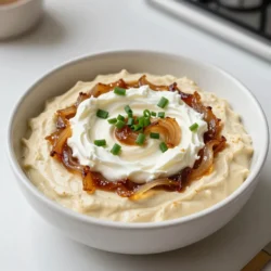 Für den perfekten karamellisierten Zwiebel-Dip brauche ich einige wichtige Zutaten. Hier sind sie: - 3 große Zwiebeln, dünn geschnitten - 2 Esslöffel Olivenöl - 1 Teelöffel Zucker - Salz und Pfeffer nach Geschmack - 1 Tasse Sauerrahm - 1 Tasse Frischkäse, weich - 1 Esslöffel Mayonnaise - 1 Teelöffel Knoblauchpulver - 1 Esslöffel frische Thymianblätter oder 1 Teelöffel getrockneter Thymian - Frische Petersilie oder Schnittlauch zum Garnieren Diese Zutaten sind einfach zu finden und machen den Dip reichhaltig und schmackhaft. Die Gewürze bringen den Dip zum Leben. Ich füge Knoblauchpulver hinzu, um einen herzhaften Geschmack zu erzielen. Thymian bringt einen frischen, aromatischen Hauch. Salz und Pfeffer sind wichtig, um alles gut auszubalancieren. Manchmal möchte ich etwas Neues ausprobieren. Hier sind einige Optionen: - Ersetze Sauerrahm durch griechischen Joghurt für eine leichtere Version. - Nutze veganen Frischkäse, wenn du eine pflanzliche Variante möchtest. - Für mehr Schärfe füge etwas Cayennepfeffer oder frische Jalapeños hinzu. Diese Alternativen helfen, den Dip an deinen Geschmack anzupassen. {{ingredient_image_2}} Zuerst erhitze das Olivenöl in einer großen Pfanne. Nutze mittlere Hitze, damit die Zwiebeln gleichmäßig garen. Schneide die drei großen Zwiebeln dünn. Füge die Zwiebeln in die Pfanne und gib eine Prise Salz hinzu. Rühre die Zwiebeln regelmäßig um. Nach etwa 15 Minuten sind sie weich und durchscheinend. Jetzt kommt der Zucker ins Spiel. Streue einen Teelöffel Zucker über die Zwiebeln. Koche weiter und rühre häufig um. Lass die Zwiebeln für 15 bis 20 Minuten karamellisieren. Sie sollten tiefgoldbraun werden. Wenn sie zu schnell bräunen, senke die Hitze. Nimm eine große Rührschüssel. Gib eine Tasse Sauerrahm, eine Tasse weichen Frischkäse und einen Esslöffel Mayonnaise hinein. Füge einen Teelöffel Knoblauchpulver und einen Esslöffel frischen Thymian hinzu. Du kannst auch einen Teelöffel getrockneten Thymian nehmen. Schmecke alles mit Salz und Pfeffer ab. Rühre die Mischung, bis sie schön glatt und cremig ist. Lass die karamellisierten Zwiebeln etwas abkühlen. Danach gib sie vorsichtig in die cremige Mischung. Achte darauf, dass alles gut vermischt ist. Der Dip wird jetzt schön aromatisch und lecker. Decke ihn ab und stelle ihn für mindestens eine Stunde in den Kühlschrank. So können sich die Aromen entfalten. Vor dem Servieren kannst du den Dip mit frisch gehacktem Schnittlauch oder Petersilie garnieren. Das sieht toll aus und schmeckt wunderbar! Um Zwiebeln perfekt zu karamellisieren, beginne mit frischen Zwiebeln. Dünn geschnittene Zwiebeln sind der Schlüssel. Du solltest sie in einer großen Pfanne bei mittlerer Hitze kochen. Füge eine Prise Salz hinzu, um die Zwiebeln weich zu machen. Rühre oft um, damit sie gleichmäßig garen. Nach 15 Minuten fügen wir Zucker hinzu. Der Zucker hilft, die Zwiebeln süß und goldbraun zu machen. Achte darauf, die Hitze zu senken, wenn sie zu schnell bräunen. Geduld ist hier wichtig; das Karamellisieren dauert etwa 30 bis 40 Minuten. Die Konsistenz deines Dips kannst du leicht anpassen. Wenn du einen dickeren Dip möchtest, verwende mehr Frischkäse. Für einen cremigeren Dip füge mehr Sauerrahm hinzu. Mische die Zutaten gut, bis sie gleichmäßig sind. Du kannst auch etwas Milch oder Joghurt hinzufügen, um die Konsistenz weiter zu verfeinern. Probiere die Mischung, bevor du sie kühlst. So kannst du sicherstellen, dass sie deinen Wünschen entspricht. Bereite den Dip im Voraus zu, damit die Aromen gut durchziehen. Lass ihn mindestens eine Stunde im Kühlschrank ruhen. Das macht ihn noch schmackhafter. Serviere ihn mit Tortillachips, Pitabrot oder Gemüsesticks. Du kannst ihn auch in einer schönen Schüssel anrichten und mit frischem Schnittlauch oder Petersilie garnieren. Das sieht nicht nur toll aus, sondern schmeckt auch noch besser! Pro Tipps Zwiebeln richtig schneiden: Achte darauf, die Zwiebeln gleichmäßig dünn zu schneiden, um ein einheitliches Garen und Karamellisieren zu gewährleisten. Geduld beim Karamellisieren: Lasse dir Zeit beim Karamellisieren der Zwiebeln; eine niedrigere Hitze sorgt für einen besseren Geschmack und eine gleichmäßige Farbe. Variationen ausprobieren: Du kannst dem Dip auch andere Kräuter oder Gewürze hinzufügen, um verschiedene Geschmacksrichtungen zu kreieren, wie z.B. Rosmarin oder Paprika. Länger kühlen: Wenn du Zeit hast, lasse den Dip länger im Kühlschrank, um die Aromen noch intensiver zu entfalten. {{image_4}} Um deinen karamellisierten Zwiebel-Dip zu verfeinern, kannst du verschiedene Gewürze und Zutaten hinzufügen. Zum Beispiel: - Paprika: Ein Teelöffel geräucherte Paprika gibt dem Dip einen rauchigen Geschmack. - Chili-Flakes: Für etwas Schärfe kannst du Chili-Flakes hinzufügen. - Käse: Füge geriebenen Käse wie Parmesan oder Cheddar für extra Geschmack hinzu. Diese Alternativen machen den Dip noch aufregender. Experimentiere mit den Mengen, bis du die perfekte Mischung findest. Manchmal brauchst du Alternativen für Sauerrahm und Frischkäse. Hier sind einige Vorschläge: - Griechischer Joghurt: Ersetze Sauerrahm durch griechischen Joghurt. Er hat eine ähnliche Konsistenz und ist gesünder. - Hüttenkäse: Er kann Frischkäse ersetzen. Mische ihn gut, um die gewünschte Cremigkeit zu erreichen. - Kokoscreme: Wenn du es vegan magst, ist Kokoscreme eine gute Wahl. Sie gibt einen leichten, süßen Geschmack. Diese Optionen helfen dir, den Dip für verschiedene Diäten anzupassen. Wenn du nach einer veganen oder gesunden Variante suchst, probiere diese Zutaten: - Vegane Mayonnaise: Diese ersetzt die normale Mayonnaise. Sie gibt die gleiche Cremigkeit. - Cashew-Creme: Weiche Cashewkerne in Wasser ein und püriere sie. Diese Mischung wird schön cremig. - Nussmilch: Verwende ungesüßte Mandelmilch oder Sojamilch, um den Dip leichter zu machen. Mit diesen Alternativen bleibt der Dip lecker und gesund. Probiere sie und finde deine Lieblingsversion! Du kannst den karamellisierten Zwiebel-Dip einfach im Kühlschrank lagern. Verwende dazu einen luftdichten Behälter. So bleibt der Dip frisch und lecker. Ich empfehle, den Dip innerhalb von drei Tagen zu essen. Das sorgt dafür, dass die Aromen noch lebendig sind. Der Dip hält sich gut im Kühlschrank, etwa drei bis fünf Tage. Nach dieser Zeit kann er an Geschmack verlieren. Überprüfe immer den Geruch und das Aussehen. Wenn etwas seltsam aussieht oder riecht, wirf es lieber weg. Du kannst den Dip auch einfrieren. Fülle ihn in einen gefrierfesten Behälter. Lass dabei etwas Platz, da die Mischung beim Einfrieren expandiert. So bleibt der Dip bis zu drei Monate frisch. Zum Auftauen, stelle ihn einfach über Nacht in den Kühlschrank. Rühre ihn gut durch, bevor du ihn servierst. Du kannst den Dip bis zu fünf Tage im Kühlschrank aufbewahren. Stelle sicher, dass du ihn in einem gut verschlossenen Behälter aufbewahrst. So bleibt er frisch und lecker. Ja, du kannst den Dip im Voraus zubereiten. Tatsächlich schmeckt er am besten, wenn er ein paar Stunden oder sogar über Nacht im Kühlschrank steht. Die Aromen vermischen sich so besser. Bereite ihn einfach einen Tag vorher vor und genieße ihn dann. Zu diesem Dip passen viele Snacks. Tortillachips sind eine beliebte Wahl. Auch Pitabrot oder frisches Gemüse wie Karotten und Sellerie sind toll. Wenn du etwas mehr willst, probiere es mit Crackern oder Baguette. Diese Kombinationen machen jeden Snackabend besonders. Wir haben wichtige Punkte zu karamelisierten Zwiebel-Dip behandelt. Zuerst haben wir die Zutaten und ihre vielen Varianten durchgesehen. Dann gab ich dir eine Schritt-für-Schritt-Anleitung zur Zubereitung des Dips. Ich teilte Tipps zur perfekten Zwiebelkarmellisierung und zur Konsistenz des Dips. Schließlich sprachen wir über Lagerung und Antworten auf häufige Fragen. Der Dip ist einfach und lecker, egal ob du ihn vegan oder klassisch magst. Probiere die Tipps aus und genieße deinen Dip!