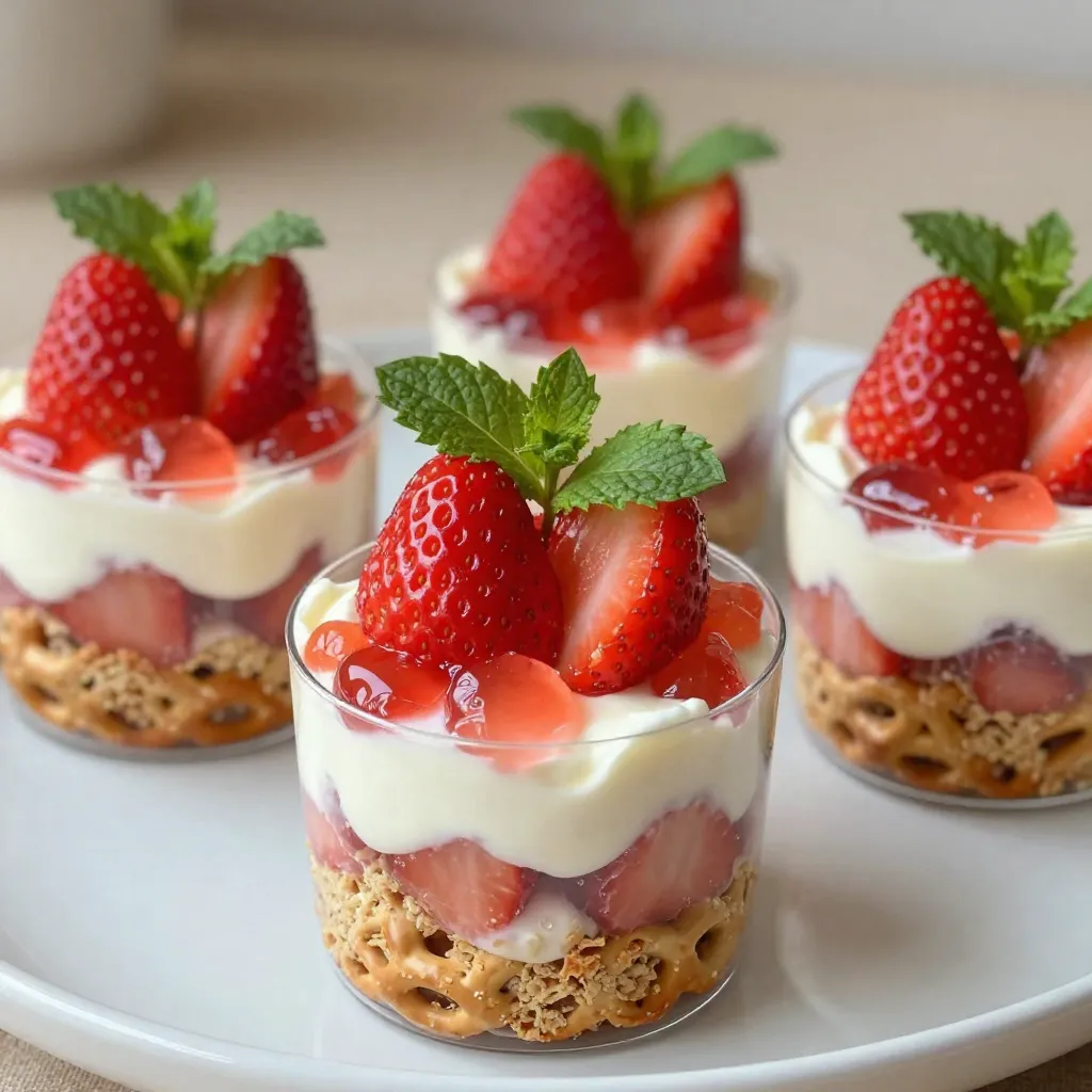 - 1 1/2 Tassen zerstoßene Brezeln - 1/2 Tasse ungesalzene Butter, geschmolzen - 1/4 Tasse brauner Zucker Die Brezeln geben diesen Salat eine knusprige Basis. Du brauchst sie zerstoßen. Das macht es einfach, sie gleichmäßig zu verteilen. Die ungesalzene Butter hilft, die Brezeln zusammenzuhalten. Das süße Aroma vom braunen Zucker macht die Kruste noch leckerer. - 226 g Frischkäse, weich gemacht - 1 Tasse Puderzucker - 1 Tasse Schlagsahne (wie Cool Whip) - 1 Tasse Erdbeergelatine - 2 Tassen kochendes Wasser - 1 Tasse kaltes Wasser Für die cremige Schicht vermischst du den Frischkäse mit Puderzucker. Diese Kombination schmeckt einfach großartig. Danach fügst du die Schlagsahne hinzu. Sie macht die Mischung luftig und leicht. Die Erdbeergelatine bringt fruchtigen Geschmack. Du löst sie in heißem Wasser auf. Das kalte Wasser hilft, die Gelatine schneller abzukühlen. Schließlich fügst du frische Erdbeeren hinzu. Ihre Süße macht jeden Biss besonders. {{ingredient_image_2}} Heize deinen Ofen auf 175°C vor. Das ist wichtig für die perfekte Brezelkruste. In einer mittelgroßen Schüssel vermenge die zerstoßenen Brezeln, die geschmolzene Butter und den braunen Zucker. Rühre alles gut um, bis die Mischung gleichmäßig ist. Verteile die Brezelmischung gleichmäßig auf dem Boden einer Backform. Ich benutze eine 23x33 cm große Form. Backe die Kruste für 10 Minuten. Lass sie danach vollständig abkühlen. Für die Frischkäse-Schicht nimm eine Rührschüssel. Schlage den weichen Frischkäse mit dem Puderzucker schaumig. Mische, bis alles glatt ist. Falte die Schlagsahne vorsichtig unter die Frischkäsemischung. Dadurch wird die Schicht schön cremig. Verteile die Frischkäsemischung gleichmäßig über die abgekühlte Brezelbasis. Jetzt kommt der spannende Teil! In einer separaten Schüssel löse die Erdbeergelatine in 2 Tassen kochendem Wasser auf. Rühre gut um, bis sie sich vollständig auflöst. Füge das kalte Wasser hinzu und rühre erneut um. Jetzt kannst du die geschnittenen Erdbeeren vorsichtig zur Gelatine-Mischung geben. Gieße die Erdbeermischung über die Frischkäse-Schicht, bis sie ganz bedeckt ist. Stelle das Gericht für mindestens 2-4 Stunden in den Kühlschrank. Es muss fest werden. Sobald die Gelatine fest ist, schöpfe den Salat in einzelne Becher oder Schalen. So sieht es hübsch aus und ist einfach zu servieren. - Die richtige Konsistenz und Backzeit: Die Brezelkruste sollte knusprig, aber nicht hart sein. Mischen Sie die zerstoßenen Brezeln, die geschmolzene Butter und den braunen Zucker gut. Backen Sie die Mischung bei 175°C für genau 10 Minuten. Lassen Sie die Kruste dann vollständig abkühlen. - Alternativen zu zerstoßenen Brezeln: Wenn Sie keine Brezeln haben, verwenden Sie Chips oder Cracker. Diese geben dem Salat einen ähnlichen, salzigen Geschmack. Achten Sie darauf, die Alternativen gut zu zerdrücken. - Wie lange muss der Salat kühlen? Der Salat muss mindestens 2-4 Stunden im Kühlschrank kühlen. So wird die Gelatine fest und der Salat hat die perfekte Konsistenz. - Tipps zur Aufbewahrung: Bewahren Sie die Erdbeer-Brezel-Salatbecher in einem luftdichten Behälter auf. So bleibt der Salat frisch und lecker. Sie können den Salat bis zu drei Tage im Kühlschrank lagern. Pro Tipps Brezeln richtig zerkleinern: Verwenden Sie einen Mixer oder einen Gefrierbeutel und einen Nudelholz, um die Brezeln gleichmäßig zu zerstoßen, damit die Kruste eine perfekte Konsistenz hat. Frischkäse optimal vorbereiten: Stellen Sie sicher, dass der Frischkäse Raumtemperatur hat, bevor Sie ihn schlagen, um eine glatte und cremige Textur zu erhalten. Gelatine perfekt anrühren: Rühren Sie die Gelatine gründlich im heißen Wasser, um Klumpen zu vermeiden, und lassen Sie sie vollständig abkühlen, bevor Sie die Erdbeeren hinzufügen. Kühlzeit einhalten: Lassen Sie den Salat mindestens 4 Stunden im Kühlschrank, damit die Gelatine fest wird und die Schichten gut zusammenhalten. {{image_4}} Um Ihren Erdbeer-Brezel-Salatbechern mehr Geschmack zu verleihen, können Sie zusätzliches Obst hinzufügen. Hier sind einige Ideen: - Blaubeeren: Fügen Sie frische Blaubeeren zwischen die Schichten hinzu. - Kiwi: Geschnittene Kiwi bringt eine schöne Farbe und einen frischen Geschmack. - Pfirsiche: Saftige Pfirsiche passen gut zu Erdbeeren. Eine andere Möglichkeit ist, alternative Gelatine-Varianten zu verwenden. Wenn Sie keine Erdbeergelatine mögen, probieren Sie: - Himbeergelatine: Für einen fruchtigen, leicht säuerlichen Geschmack. - Zitronengelatine: Das gibt einen frischen, spritzigen Kick. Für eine gesündere Version können Sie griechischen Joghurt anstelle von Frischkäse verwenden. Das macht die Füllung cremig und proteinreich. Wenn Sie auf Zucker achten, gibt es einfache Alternativen. Verwenden Sie Stevia oder Erythrit anstelle von Puderzucker. Diese Optionen sind kalorienärmer. Denken Sie daran, dass diese Varianten den Geschmack leicht verändern können, aber sie sind eine tolle Möglichkeit, die Becher gesünder zu machen. Die Erdbeer-Brezel-Salatbecher halten sich gut im Kühlschrank. Du kannst sie bis zu drei Tage lagern. Achte darauf, sie in einem luftdichten Behälter aufzubewahren. So bleiben sie frisch und die Aromen erhalten. Wenn du sie länger aufbewahren möchtest, ist das nicht empfehlenswert. Die Gelatine kann ihre Festigkeit verlieren. Um die Frische zu bewahren, stelle die Becher in die kälteste Zone deines Kühlschranks. Vermeide es, sie in die Tür zu stellen. Die Temperatur schwankt dort oft. Wenn du die Becher mit Frischhaltefolie abdeckst, schützt das die Oberfläche vor Gerüchen. So bleibt der Geschmack intensiv und frisch. Das Einfrieren von Erdbeer-Brezel-Salatbechern ist möglich, aber mit Vorsicht. Die Textur von Gelatine kann sich verändern. Wenn du sie einfrierst, mache das in einem luftdichten Behälter. Lass Platz für die Ausdehnung. So bleibt die Form erhalten. Zum Auftauen lege die Becher über Nacht in den Kühlschrank. So taut die Gelatine langsam auf. Vermeide das Auftauen bei Raumtemperatur. Das kann die Konsistenz beeinträchtigen. Nach dem Auftauen rühre die Becher vorsichtig um, um die Schichten wieder zu mischen. Die Erdbeer-Brezel-Salatbecher bleiben frisch, wenn du sie im Kühlschrank lagerst. Du kannst sie dort bis zu fünf Tage aufbewahren. Achte darauf, sie in einem luftdichten Behälter zu lagern. So bleiben sie lecker und vermeiden Gerüche von anderen Lebensmitteln. Ja, du kannst die Brezel-Salatbecher im Voraus zubereiten. Plane, sie mindestens einen Tag vor dem Servieren zu machen. So hat die Gelatine genug Zeit, um fest zu werden. Du kannst die Kruste und die Füllungen auch getrennt vorbereiten und dann am Tag des Servierens zusammenstellen. Das spart Zeit und Stress. Ja, du kannst die Gelatine durch Agar-Agar ersetzen, wenn du eine vegetarische Option möchtest. Agar-Agar ist pflanzlich und hat ähnliche Eigenschaften. Du musst es jedoch anders zubereiten. Achte darauf, die Packungsanweisung zu befolgen, da die Menge variieren kann. Der Erdbeer-Brezel-Salatbecher ist ein einfaches und leckeres Dessert. Wir haben die Hauptzutaten wie Brezeln, Frischkäse und Erdbeeren besprochen. Die Schritt-für-Schritt-Anleitung hilft dir, alles richtig zu machen. Auch Tipps zur perfekten Brezelkruste und Lagerung sind wichtig. Denke an kreative Variationen, um das Rezept zu personalisieren. Nutze gesunde Alternativen, wenn du möchtest. Zum Schluss kannst du die Salatbecher gut lagern oder sogar einfrieren. Mit all diesen Infos bereitest du ein köstliches Dessert, das alle begeistert!