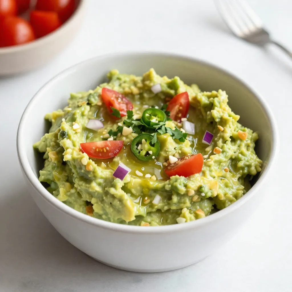 Für deine Chunky Guacamole brauchst du einige einfache, frische Zutaten. Hier sind die Hauptzutaten: - 3 reife Avocados - 1 kleine rote Zwiebel, fein gehackt - 1 mitteltomate, gewürfelt - 1 Jalapeño, entkernt und fein gehackt - 2 Knoblauchzehen, zerdrückt - 1/4 Tasse frischer Koriander, gehackt - Saft von 2 Limetten - Salz und Pfeffer nach Geschmack Diese Zutaten bilden die Basis für einen tollen und frischen Geschmack. Du kannst deine Guacamole anpassen. Hier sind einige tolle Optionen: - 1/2 Teelöffel Kreuzkümmelpulver für einen zusätzlichen Kick - Mais für süße Noten - Paprika für mehr Crunch - Limettenzesten für zusätzlichen Zitrusgeschmack Experimentiere und finde deine perfekte Mischung! Die Wahl der richtigen Avocados ist wichtig für den Geschmack. So findest du die besten: - Achte auf die Farbe: Sie sollte dunkelgrün bis schwarz sein. - Drücke leicht auf die Avocado: Sie sollte sich sanft anfühlen, aber nicht zu weich sein. - Vermeide Avocados mit großen, dunklen Flecken: Diese sind oft überreif. Mit den richtigen Avocados wird deine Guacamole besonders lecker! {{ingredient_image_2}} Zuerst wähle drei reife Avocados aus. Sie sollten weich sein, aber nicht matschig. Halbiere die Avocados und entferne die Kerne vorsichtig. Nutze einen Löffel, um das grüne Fruchtfleisch in eine große Schüssel zu schöpfen. Achte darauf, dass du die Schale nicht beschädigst. Jetzt kommt der Spaß! Nimm eine Gabel und zerdrücke das Avocadofleisch. Ich empfehle, einige Stücke ganz zu lassen. So erhält dein Guacamole die perfekte chunky Textur. Wenn du es lieber cremiger magst, zerdrücke mehr. Füge die fein gehackte rote Zwiebel, die gewürfelte Tomate, den Jalapeño und den zerdrückten Knoblauch in die Schüssel. Danach gib den frischen Koriander und den Limettensaft hinzu. Wenn du magst, füge auch Kreuzkümmel für extra Geschmack hinzu. Mische alles sanft, bis es gut vermischt ist. Schmecke die Mischung mit Salz und Pfeffer ab. Passe den Geschmack an, bis du zufrieden bist. Um die beste chunky Textur zu erhalten, beginne mit reifen Avocados. Halbiere sie und entferne die Kerne. Schöpfe das Fruchtfleisch in eine Schüssel. Zerdrücke das Avocadofleisch mit einer Gabel, aber lasse einige Stücke ganz. Diese Stücke geben dem Guacamole den tollen Biss. Füge dann die anderen Zutaten vorsichtig hinzu. So bleibt die Mischung schön locker. Ein häufiger Fehler ist, die Avocados zu stark zu zerdrücken. Zu viel Pürieren macht das Guacamole cremig und weniger chunky. Achte auch darauf, frische Zutaten zu verwenden. Alte Zwiebeln oder Tomaten können den Geschmack ruinieren. Schmecke die Mischung mit Salz und Pfeffer ab. Ein wenig Kreuzkümmel kann auch helfen, den Geschmack zu verbessern. Um Verfärbungen zu vermeiden, nutze Limettensaft. Der Saft schützt die Avocados und hält sie grün. Wenn du das Guacamole nicht sofort servierst, decke es mit Frischhaltefolie ab. Drücke die Folie direkt auf die Oberfläche. So bleibt die Farbe frisch und ansprechend. Pro Tipps Avocados richtig auswählen: Achte darauf, dass die Avocados leicht nachgeben, wenn du sie sanft drückst. So sind sie perfekt reif und ideal für die Guacamole. Frische Limetten nutzen: Verwende frischen Limettensaft anstelle von Flaschenlimettensaft, um die Aromen zu intensivieren und die Guacamole frisch und lebendig zu halten. Textur variieren: Wenn du eine cremigere Konsistenz bevorzugst, püriere die Avocados vollständig. Für eine stückige Guacamole lasse einige Stücke ganz, wie im Rezept angegeben. Bräunung vermeiden: Decke die Guacamole mit Frischhaltefolie ab, indem du die Folie direkt auf die Oberfläche drückst. So minimierst du die Oxidation und hältst die Farbe frisch. {{image_4}} Du kannst Chunky Guacamole einfach aufpeppen. Füge beispielsweise eine Tasse süßen Mais hinzu. Das gibt einen leckeren, knackigen Biss. Paprika bringt Farbe und einen leicht süßen Geschmack. Nutze rote oder gelbe Paprika für eine schöne Optik. Diese Zutaten machen deine Guacamole noch interessanter und schmackhafter. Serviere deine Chunky Guacamole mit knusprigen Tortilla-Chips. Diese Chips sind der perfekte Begleiter. Du kannst die Guacamole auch als Füllung für Wraps verwenden. Eine weitere Idee ist, sie auf einem Sandwich zu genießen. Damit wird jede Mahlzeit frisch und lecker. Jeder hat andere Vorlieben. Wenn du es schärfer magst, füge mehr Jalapeño hinzu. Für eine mildere Variante kannst du die Jalapeños weglassen. Experimentiere mit verschiedenen Kräutern wie Petersilie oder Dill. Diese kleinen Änderungen machen einen großen Unterschied und passen zu jedem Geschmack. Um Chunky Guacamole frisch zu halten, ist die Lagerung wichtig. Du solltest die Guacamole in einer Schüssel aufbewahren. Um das Bräunen zu verhindern, drücke Frischhaltefolie direkt auf die Oberfläche der Guacamole. Das minimiert den Kontakt mit Luft. Im Kühlschrank kann deine Guacamole bis zu drei Tage frisch bleiben. Achte darauf, sie gut abzudecken, um Aromaverlust zu vermeiden. Wenn du sie länger aufbewahren möchtest, ist das Einfrieren eine gute Option. Du kannst Guacamole auch einfrieren. Fülle die Guacamole in einen luftdichten Behälter. Achte darauf, etwas Platz zu lassen, da sie beim Einfrieren expandiert. So bleibt sie bis zu drei Monate haltbar. Zum Auftauen einfach über Nacht im Kühlschrank lassen. Rühre sie nach dem Auftauen gut um, um die Konsistenz zu verbessern. Chunky Guacamole ist von Natur aus vegan. Die Hauptzutaten sind Avocados, Zwiebeln, Tomaten und Gewürze. Diese Zutaten sind alle pflanzlich. Du kannst die Guacamole einfach nach dem Rezept zubereiten. Es sind keine tierischen Produkte nötig. Wenn du weniger Öl haben möchtest, lass einfach das Kreuzkümmelpulver weg. Es macht die Guacamole nicht weniger lecker. Ja, du kannst Limettensaft durch Zitronensaft ersetzen. Beide Säfte bringen Säure in die Guacamole. Zitronensaft hat einen anderen Geschmack, aber er passt gut. Du wirst einen frischen und helleren Geschmack bekommen. Limetten sind oft etwas süßer. Egal für welchen Saft du dich entscheidest, die Guacamole bleibt frisch und lecker. Wenn du keinen Koriander magst, gibt es gute Alternativen. Du kannst Petersilie verwenden, um Frische zu bringen. Frischer Schnittlauch oder Basilikum sind ebenfalls Optionen. Diese Kräuter geben einen anderen Geschmack, sind aber toll. Probiere aus, was dir am besten schmeckt. So machst du die Guacamole zu deinem eigenen Rezept! In diesem Blogbeitrag haben wir die besten Tipps für die perfekte Chunky Guacamole besprochen. Wir haben die Hauptzutaten, die Zubereitung und die Lagerung behandelt. Zusätzlich gab es wertvolle Tipps zur Textur und häufigen Fehlern. Denke daran, frische Avocados auszuwählen und passende Zutaten zu kombinieren. Experimentiere mit verschiedenen Variationen, um deinen eigenen Geschmack zu finden. Mit diesen Informationen bereitest du einfach leckere Guacamole zu, die jeder liebt. Viel Spaß beim Ausprobieren!