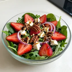 Um einen köstlichen Erdbeer-Pekannuss-Salat zu machen, benötige ich einige frische Zutaten. Hier sind die Hauptzutaten: - 4 Tassen gemischte Blattsalate (z. B. Rucola, Spinat und Romanasalat) - 2 Tassen frische Erdbeeren, geviertelt und in Scheiben geschnitten - 1 Tasse Pekannüsse, geröstet und grob gehackt - 1/2 Tasse Feta-Käse, zerbröselt - 1/4 rote Zwiebel, dünn geschnitten Diese Zutaten sorgen für einen frischen und knackigen Geschmack. Die Erdbeeren bringen Süße, während die Pekannüsse einen nussigen Crunch hinzufügen. Das Dressing ist einfach, aber sehr schmackhaft. Folgende Zutaten brauche ich dafür: - 1/4 Tasse Balsamico-Vinaigrette - 2 Esslöffel Honig - Salz und Pfeffer nach Geschmack Das Dressing verbindet die Aromen. Der Honig gibt eine süße Note, die gut mit den Erdbeeren harmoniert. Dieses Rezept reicht für vier Portionen. Es ist perfekt für ein leichtes Mittagessen oder als Beilage. Wenn ich mehr Portionen brauche, kann ich die Zutaten einfach verdoppeln oder verdreifachen. {{ingredient_image_2}} Zuerst sammeln wir alle Zutaten. Du brauchst: - 4 Tassen gemischte Blattsalate (z. B. Rucola, Spinat, Romanasalat) - 2 Tassen frische Erdbeeren, geviertelt und in Scheiben geschnitten - 1 Tasse geröstete Pekannüsse, grob gehackt - 1/2 Tasse zerbröselten Feta-Käse - 1/4 rote Zwiebel, dünn geschnitten - 1/4 Tasse Balsamico-Vinaigrette - 2 Esslöffel Honig - Salz und Pfeffer nach Geschmack Wasche die Erdbeeren gut. Trockne sie dann mit einem Handtuch. Schneide sie in Scheiben. Das gibt dem Salat eine süße Note. Nimm eine große Salatschüssel. Vermenge die Blattsalate und die geschnittenen Erdbeeren vorsichtig. Die Farben sind schon ein Genuss! Jetzt streue die gerösteten Pekannüsse und den zerbröselten Feta gleichmäßig auf den Salat. Diese Zutaten bringen einen tollen Crunch und Geschmack. Nimm eine kleine Schüssel. Mische die Balsamico-Vinaigrette, den Honig, Salz und Pfeffer gut miteinander. Rühre, bis alles gut vermischt ist. Träufle das Dressing gleichmäßig über den Salat. Mische die Zutaten vorsichtig, damit die Erdbeeren ganz bleiben. Lass den Salat etwa 5 Minuten ruhen. Das gibt den Aromen Zeit, sich zu verbinden. Ein kleiner Tipp: So sieht der Salat noch besser aus! Um die Pekannüsse richtig zuzubereiten, rösten Sie sie leicht. Heizen Sie eine Pfanne bei mittlerer Hitze vor. Geben Sie die Nüsse hinein und rösten Sie sie für etwa 5-7 Minuten. Rühren Sie oft um, damit sie gleichmäßig bräunen. Achten Sie darauf, dass sie nicht verbrennen. Wenn sie duften, sind sie fertig. Lassen Sie sie abkühlen, bevor Sie sie in den Salat geben. So sind sie knusprig und geben einen tollen Crunch. Wählen Sie frische, rote Erdbeeren. Sie sollten fest und glänzend sein. Vermeiden Sie solche mit Druckstellen oder Schimmel. Wenn möglich, kaufen Sie Erdbeeren von lokalen Märkten. Diese sind oft reifer und schmecken besser. Schneiden Sie die Erdbeeren vor dem Servieren in Scheiben. So verteilen sie sich gut im Salat und lassen sich leicht essen. Servieren Sie den Salat in einer großen, klaren Glasschüssel. Das zeigt die schönen Farben der Zutaten. Wenn Sie den Salat auf Teller anrichten, fügen Sie eine Prise Feta und ein paar ganze Erdbeeren hinzu. Das macht das Gericht hübsch und appetitlich. Lassen Sie den Salat vor dem Servieren etwa 5 Minuten ruhen. So vermischen sich die Aromen und der Salat wird noch besser. Pro Tipps Frische Erdbeeren: Wählen Sie reife, saftige Erdbeeren für den besten Geschmack und die schönste Farbe. Pekannüsse rösten: Rösten Sie die Pekannüsse leicht in einer trockenen Pfanne, um ihren Geschmack zu intensivieren. Dressing anpassen: Variieren Sie die Menge an Honig im Dressing, um die Süße nach Ihrem Geschmack anzupassen. Vorkühlen: Servieren Sie den Salat kalt, indem Sie ihn vor dem Servieren im Kühlschrank ruhen lassen. {{image_4}} Für eine vegane Version des Erdbeer-Pekannuss-Salats kann man den Feta-Käse einfach weglassen oder durch einen pflanzlichen Käse ersetzen. Sojajoghurt oder Cashewkäse sind tolle Alternativen. Beide geben einen cremigen Geschmack, der gut zu den Erdbeeren passt. Außerdem kann man den Honig durch Agavendicksaft oder Ahornsirup ersetzen. Diese Optionen halten den Salat vegan und lecker. Anstelle der Balsamico-Vinaigrette kann man auch andere Dressings ausprobieren. Ein einfaches Zitronen-Olivenöl-Dressing bringt eine frische Note. Mischen Sie 3 Esslöffel Olivenöl mit 1 Esslöffel Zitronensaft. Eine Honig-Senf-Vinaigrette ist auch eine gute Wahl. Verwenden Sie 1 Esslöffel Senf und 1 Esslöffel Honig mit 3 Esslöffeln Essig. Beide Dressings sind leicht, frisch und passen gut zu den Zutaten. Um den Salat interessanter zu machen, kann man zusätzliche Zutaten hinzufügen. Avocado bringt eine cremige Textur und gesunde Fette. Auch dünn geschnittene Radieschen sorgen für einen knackigen Biss. Frische Kräuter wie Minze oder Basilikum geben einen besonderen Geschmack. Ein paar Scheiben Gurke oder sogar Quinoa können ebenfalls eine tolle Ergänzung sein. So wird der Salat noch nahrhafter und spannender. Der Erdbeer-Pekannuss-Salat bleibt frisch, wenn man ihn richtig lagert. Nach der Zubereitung kann er bis zu 24 Stunden im Kühlschrank bleiben. Die Erdbeeren sind empfindlich. Sie verlieren schnell ihre Frische. Ich empfehle, den Salat nicht länger als einen Tag im Kühlschrank zu lassen. Wenn du Reste hast, lagere sie in einem luftdichten Behälter. So bleiben die Zutaten frisch. Trenne das Dressing vom Salat, wenn du die Reste aufbewahrst. So werden die Blätter nicht matschig. Vor dem Servieren kannst du das Dressing einfach wieder hinzufügen. Du kannst viele Zutaten im Voraus vorbereiten. Wasche und schneide die Erdbeeren am Tag zuvor. Die Pekannüsse kannst du ebenfalls rösten und aufbewahren. Mische die Blattsalate erst kurz vor dem Servieren. So bleiben sie knackig und frisch. Ja, der Erdbeer-Pekannuss-Salat ist sehr gesund. Er enthält frische Zutaten wie Erdbeeren und Blattsalate. Erdbeeren sind reich an Vitamin C und Antioxidantien. Die Pekannüsse liefern gesunde Fette und Ballaststoffe. Feta-Käse gibt dem Salat Protein und Geschmack. Die Balsamico-Vinaigrette enthält gesunde Essigstoffe. Insgesamt ist dieser Salat eine leckere und nahrhafte Wahl. Ja, du kannst andere Nüsse verwenden. Walnüsse und Mandeln passen gut zu diesem Salat. Diese Nüsse geben ebenfalls einen tollen Crunch. Du kannst auch Sonnenblumenkerne für eine andere Textur nehmen. Achte darauf, die Nüsse vorher zu rösten. So wird ihr Geschmack intensiver und leckerer. Du kannst das Rezept leicht anpassen. Wenn du keine Pekannüsse magst, nimm einfach andere Nüsse. Füge auch andere Früchte hinzu, wie Äpfel oder Himbeeren. Möchtest du den Salat süßer machen? Dann füge mehr Honig hinzu. Bei Bedarf kannst du auch das Dressing ändern. Nutze zum Beispiel ein Joghurtdressing für eine cremare Variante. Erdbeer-Pekannuss-Salat ist einfach und lecker. Wir haben die Hauptzutaten, das Dressing, und die perfekte Zubereitung besprochen. Mit diesen Tipps machst du den besten Salat. Denke auch an Varianten und Lagerung. So bleibt dein Salat frisch. Probiere neue Nüsse oder ein anderes Dressing. Dieser Salat ist gesund und anpassbar. Du kannst mehr Geschmack hinzufügen. Viel Spaß beim Ausprobieren und Servieren!