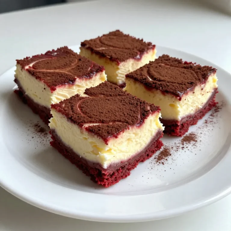 Für die Rote Samt Cheesecake Riegel brauchst du folgende Hauptzutaten: - 1 ½ Tassen Weizenmehl - 1 Tasse Kristallzucker - ½ Tasse ungesalzene Butter, geschmolzen - 1 großes Ei - ½ Teelöffel Vanilleextrakt - 1 Esslöffel Kakaopulver - 1 Teelöffel rote Lebensmittelfarbe Diese Zutaten geben dem Teig seine schöne Farbe und den besonderen Geschmack. Für die Cheesecake-Schicht verwende diese Zutaten: - 1 Block (226 g) Frischkäse, weich - ½ Tasse Puderzucker - 1 Ei - 1 Teelöffel Vanilleextrakt - Eine Prise Salz Der Frischkäse sorgt für die cremige Textur und den köstlichen Geschmack. Du kannst einige Zutaten ersetzen, wenn nötig: - Weizenmehl: Verwende glutenfreies Mehl für eine glutenfreie Option. - Kristallzucker: Ersetze ihn durch Kokoszucker oder Honig. - Frischkäse: Nutze veganen Frischkäse, um es pflanzenbasiert zu machen. Diese Alternativen helfen dir, das Rezept nach deinem Geschmack anzupassen. {{ingredient_image_2}} Heize deinen Ofen auf 175 °C vor. Nimm eine 20x20 cm Backform. Lege sie mit Backpapier aus, sodass die Ränder überstehen. Dadurch kannst du die Riegel später leicht herausnehmen. In einer Schüssel vermische die geschmolzene Butter, den Kristallzucker und ein großes Ei. Rühre die Mischung glatt. Füge dann das Vanilleextrakt, das Kakaopulver und die rote Lebensmittelfarbe hinzu. Rühre weiter, bis alles gut vermischt ist. Gib das Weizenmehl nach und nach dazu. Rühre nur so lange, bis alles gerade vermischt ist. Achte darauf, nicht zu übermixen! Gieße die Hälfte des roten Samtbatter in die vorbereitete Form. Verteile es gleichmäßig. Backe diese Schicht für 10-12 Minuten. Sie sollte fest werden, aber nicht zu trocken. Während die erste Schicht backt, bereite die Cheesecake-Schicht vor. Nimm eine separate Schüssel und rühre den weichen Frischkäse glatt. Füge den Puderzucker, ein weiteres Ei, das Vanilleextrakt und eine Prise Salz hinzu. Mische, bis die Masse cremig und gut kombiniert ist. Nach dem Backen der ersten Schicht, nimm die Form aus dem Ofen. Gieße die Cheesecake-Mischung gleichmäßig über die rote Samtschicht. Nimm das restliche rote Samtbatter und setze kleine Kleckse auf die Cheesecake-Schicht. Jetzt kommt der spannende Teil! Nimm ein Messer oder einen Zahnstocher und wirble das rote Batter in die Cheesecake-Mischung. So entsteht ein schöner Marmorierungseffekt. Stelle die Form zurück in den Ofen und backe für 25-30 Minuten. Die Cheesecake-Schicht sollte fest sein und die Ränder leicht goldbraun. Lass die Riegel in der Form vollständig abkühlen. Dann hebe sie mit dem überstehenden Backpapier heraus und schneide sie in Quadrate. Um die perfekte Konsistenz zu erreichen, ist es wichtig, die Zutaten gut zu mischen. Verwenden Sie weichen Frischkäse, damit er leicht cremig wird. Wenn Sie das Weizenmehl hinzufügen, rühren Sie nur kurz. Übermixen macht die Riegel fest und trocken. Achten Sie darauf, dass die Mischung glatt ist, aber nicht zu lange gerührt wird. Ein häufiger Fehler ist, die Schichten zu dick zu machen. Halten Sie die Schichten dünn, damit sie gleichmäßig backen. Ein anderer Fehler ist das Fehlen von Lebensmittelfarbe. Ohne Farbe werden die Riegel nicht rot und verlieren ihren Charme. Schauen Sie auch darauf, dass der Ofen die richtige Temperatur hat. Ein zu heißer Ofen kann die Riegel verbrennen. Um die Marmorierung zu schaffen, geben Sie kleine Kleckse des roten Teigs auf die Cheesecake-Schicht. Verwenden Sie ein Messer oder einen Zahnstocher, um vorsichtig zu wirbeln. Seien Sie sanft, damit die Schichten nicht vermischt werden. Die richtige Technik verleiht den Riegeln ein schönes Aussehen. Experimentieren Sie mit der Marmorierung, um verschiedene Muster zu erstellen. Pro Tipps Genau abmessen: Stellen Sie sicher, dass Sie alle Zutaten genau abmessen, um die perfekte Textur und den richtigen Geschmack zu erzielen. Raumtemperatur: Verwenden Sie Frischkäse und Eier bei Raumtemperatur, um eine glattere und gleichmäßigere Mischung zu erhalten. Backform vorbereiten: Das Auskleiden der Backform mit Backpapier erleichtert das Herausnehmen der Riegel und sorgt dafür, dass sie nicht kleben bleiben. Ruhen lassen: Lassen Sie die Riegel nach dem Backen vollständig abkühlen, damit sie sich besser schneiden lassen und ihre Form behalten. {{image_4}} Möchten Sie etwas Extra? Fügen Sie Schokoladenstückchen hinzu! Sie passen perfekt zu den Riegeln. Verwenden Sie dunkle, Milch- oder weiße Schokolade. Mischen Sie etwa ½ Tasse Schokoladenstückchen in den Teig. Dadurch erhalten die Riegel einen schönen, schokoladigen Biss. Ich empfehle, die Stückchen gleichmäßig zu verteilen. So bekommt jeder Biss etwas Schokolade. Für eine glutenfreie Version tauschen Sie das Weizenmehl aus. Verwenden Sie einfach glutenfreies Mehl. Achten Sie darauf, ein Mehl zu wählen, das gut bindet. Eine Mischung aus Reismehl und Tapiokamehl funktioniert gut. Die anderen Zutaten bleiben gleich. Sie werden immer noch die köstlichen Aromen genießen. Und die Riegel werden genauso lecker! Wenn Sie eine vegane Option suchen, gibt es viele Möglichkeiten. Statt des Eis verwenden Sie einen Leinsamen- oder Chia-Ersatz. Mischen Sie 1 Esslöffel gemahlenen Leinsamen mit 2,5 Esslöffeln Wasser. Lassen Sie es einige Minuten ruhen, bis es geliert. Ersetzen Sie die Butter durch vegane Margarine oder Kokosöl. Für den Frischkäse können Sie veganen Frischkäse verwenden. So bleiben die Riegel pflanzlich und voller Geschmack. Die besten Rote Samt Cheesecake Riegel bleiben frisch, wenn Sie sie im Kühlschrank lagern. Legen Sie die Riegel in einen luftdichten Behälter. So halten sie ihren guten Geschmack und die feine Textur. Im Kühlschrank sind die Riegel bis zu einer Woche haltbar. Achten Sie darauf, sie gut abzudecken, damit sie nicht austrocknen. Wenn sie länger stehen, verlieren sie an Geschmack und Qualität. Sie können die Riegel auch einfrieren, um sie länger zu behalten. Schneiden Sie sie in Portionen und legen Sie sie in einen Gefrierbeutel. So bleiben sie bis zu drei Monate frisch. Lassen Sie sie vor dem Essen im Kühlschrank auftauen. Sie sind dann fast wie frisch gebacken! Die Zubereitung der Red Velvet Cheesecake Riegel dauert etwa 20 Minuten. Das Backen braucht zwischen 35 und 42 Minuten. Insgesamt sind Sie in etwa einer Stunde fertig. Ja, Sie können die Riegel im Voraus zubereiten. Sie sind perfekt zum Vorbereiten. Lassen Sie die Riegel abkühlen und lagern Sie sie im Kühlschrank. So bleiben sie frisch und lecker. Das Red Velvet gibt den Riegeln ihren speziellen Geschmack und die schöne Farbe. Diese Mischung aus Kakao und Lebensmittelfarbe macht die Riegel besonders. Der Geschmack ist leicht schokoladig und süß. Der Artikel erklärte die Zutaten und die Zubereitung für Red Velvet Cheesecake Riegel. Wir besprachen die Hauptzutaten und mögliche Alternativen. Die Schritt-für-Schritt-Anleitung hilft dir, perfekte Riegel zu backen. Tipps zeigen, wie du Fehler vermeidest und die Marmorierung verbesserst. Variationen und Lagerungshinweise geben dir weitere Ideen. Mit diesen Tipps brauchst du keine Angst vor dem Backen zu haben. Viel Spaß beim Ausprobieren!