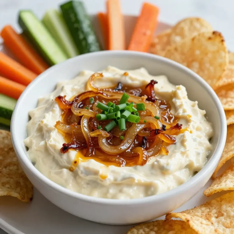 Hier sind die Zutaten für den karamellisierten Zwiebel-Dip: - 4 große gelbe Zwiebeln, dünn geschnitten - 2 Esslöffel Olivenöl - 1 Esslöffel Butter - 1 Teelöffel Salz - 1 Teelöffel Zucker (optional für schnellere Karamellisierung) - 1 Tasse Frischkäse, weich - 1 Tasse saure Sahne - 1 Teelöffel Knoblauchpulver - 1 Teelöffel Worcestershire-Sauce - Frische Schnittlauch, gehackt (zur Garnitur) - Gemüse und Chips zum Servieren Die Nährwerte sind wichtig, um zu wissen, was wir essen. Zum Beispiel: - Gelbe Zwiebeln sind reich an Ballaststoffen und Vitaminen. - Frischkäse und saure Sahne bringen Cremigkeit, haben aber auch Fett. - Olivenöl ist eine gesunde Fettquelle, die gut für das Herz ist. - Schnittlauch gibt dem Dip frischen Geschmack und ist ebenfalls gesund. Einige Zutaten sind besonders wichtig: - Zwiebeln: Sie sind die Hauptzutat. Sie geben den besten Geschmack, wenn sie gut karamellisiert werden. - Zucker: Er hilft, die Zwiebeln schneller zu karamellisieren. Du kannst ihn weglassen, wenn du es süß magst. - Worcestershire-Sauce: Diese Sauce fügt Tiefe und Umami hinzu. Sie ist ein Muss für einen reichen Geschmack. - Frischkäse und saure Sahne: Diese machen den Dip cremig. Du kannst sie auch durch griechischen Joghurt ersetzen, um ihn leichter zu machen. Mit diesen Zutaten bist du bereit, einen leckeren Dip zu machen. {{ingredient_image_2}} Um den Dip perfekt zu machen, brauche ich vier große gelbe Zwiebeln. Ich schneide sie dünn, damit sie gleichmäßig garen. Dünne Scheiben helfen mir, die Zwiebeln gleichmäßig zu karamellisieren. Ich stelle sicher, dass ich alle Zwiebeln in gleichmäßige Stücke schneide. So gelingen sie mir besser. Ich erhitze zwei Esslöffel Olivenöl und einen Esslöffel Butter in einer großen Pfanne bei mittlerer Hitze. Wenn das Öl heiß ist, füge ich die geschnittenen Zwiebeln hinzu. Ich streue ein Teelöffel Salz darüber, um den Geschmack zu verbessern. Dann rühre ich die Zwiebeln gelegentlich um. Nach etwa 20 bis 25 Minuten sind sie goldbraun und duften wunderbar. Wenn ich den Prozess beschleunigen möchte, gebe ich einen Teelöffel Zucker dazu. Das hilft, die Zwiebeln schneller zu karamellisieren. Sobald die Zwiebeln karamellisiert sind, nehme ich sie vom Herd und lasse sie kurz abkühlen. In einer großen Schüssel vermische ich eine Tasse weichen Frischkäse mit einer Tasse saurer Sahne. Ich füge einen Teelöffel Knoblauchpulver und einen Teelöffel Worcestershire-Sauce hinzu. Dann rühre ich alles gut um, bis die Mischung glatt und cremig ist. Jetzt hebe ich die abgekühlten Zwiebeln vorsichtig unter die Creme. Das sorgt für einen tollen Geschmack. Ich übertrage den Dip in eine dekorative Schüssel und garniere ihn mit frisch gehacktem Schnittlauch. Dann stelle ich ihn für mindestens 30 Minuten in den Kühlschrank, damit sich die Aromen gut verbinden. Um die Zwiebeln schön karamellisieren zu lassen, ist die Hitze wichtig. Stelle die Hitze auf mittlere Stufe. So garen die Zwiebeln gleichmäßig. Rühre sie regelmäßig um, damit sie nicht anbrennen. Wenn du den Zucker hinzufügst, wird der Prozess schneller. Er hilft, die Zwiebeln noch süßer zu machen. Achte darauf, dass du geduldig bist. Karamellisation braucht Zeit, aber der Geschmack lohnt sich! Für eine tolle Präsentation, benutze eine schöne Schüssel. Du kannst den Dip mit frischem Schnittlauch garnieren. Das bringt Farbe und Frische. Serviere dazu knusprige Chips und frisches Gemüse. Karotten, Sellerie und Paprika passen gut. So hat jeder etwas, das er dippen kann. Es macht das Essen geselliger und lustiger. Um dem Dip mehr Tiefe zu geben, kannst du weitere Gewürze hinzufügen. Ein bisschen Paprika oder Pfeffer gibt eine schöne Note. Frische Kräuter wie Thymian oder Rosmarin passen auch gut. Sie bringen zusätzliche Frische. Experimentiere mit den Aromen, bis du deinen perfekten Geschmack findest. Pro Tipps Zwiebeln richtig schneiden: Achte darauf, die Zwiebeln gleichmäßig und dünn zu schneiden, um eine gleichmäßige Karamellisierung zu gewährleisten. Langsam karamellisieren: Lass dir Zeit beim Karamellisieren der Zwiebeln. Eine niedrigere Hitze führt zu einem besseren Aroma und einer schöneren Farbe. Würze anpassen: Experimentiere mit zusätzlichen Gewürzen wie Pfeffer oder Paprika, um dem Dip eine persönliche Note zu verleihen. Vorausplanen: Bereite den Dip am Vortag zu, damit die Aromen über Nacht gut durchziehen können. Er wird so noch schmackhafter! {{image_4}} Für eine leichtere Option kannst du griechischen Joghurt anstelle von saurer Sahne verwenden. Dieser hat weniger Fett und mehr Protein. Auch der Frischkäse kann durch eine fettarme Variante ersetzt werden. Das macht deinen Dip gesünder, ohne den Geschmack zu verlieren. Wenn du mehr Geschmack möchtest, füge etwas geräucherten Paprika oder frische Kräuter hinzu. Auch Käse wie Cheddar oder Parmesan passen gut. Diese Zutaten geben dem Dip eine neue Note. Du kannst auch etwas Chili für einen scharfen Kick verwenden. Für Veganer ist es einfach, den Dip anzupassen. Verwende pflanzliche Alternativen wie Cashew-Creme oder Kokosjoghurt. Achte darauf, die Butter durch Olivenöl zu ersetzen. So bleibt der Dip vegan und bleibt dennoch cremig und lecker. Um deinen karamellisierten Zwiebel-Dip frisch zu halten, stelle ihn in einen luftdichten Behälter. Dies schützt den Dip vor Gerüchen und Feuchtigkeitsverlust. Du kannst ihn bis zu fünf Tage im Kühlschrank aufbewahren. Vor dem Servieren rühre den Dip gut um, damit die Zutaten sich wieder verbinden. Wenn du mehr Dip zubereitest, kannst du ihn auch einfrieren. Fülle den Dip in einen gefrierfesten Behälter oder in einen Gefrierbeutel. Achte darauf, etwas Platz für die Ausdehnung zu lassen. Der Dip hält sich bis zu drei Monate im Gefrierfach. Um ihn wieder zu verwenden, tau ihn einfach im Kühlschrank auf und rühre ihn vor dem Servieren gut durch. Die Haltbarkeit des Dips hängt von der Lagerung ab. Im Kühlschrank bleibt er frisch, wenn du die oben genannten Tipps befolgst. Einfrieren verlängert die Haltbarkeit, aber auch der Geschmack ändert sich leicht. Achte darauf, den Dip vor Ablauf der Frist zu genießen, um das beste Geschmackserlebnis zu haben. Du kannst den Dip im Kühlschrank bis zu fünf Tage aufbewahren. Stelle sicher, dass er in einem luftdichten Behälter ist. So bleibt er frisch und lecker. Wenn du den Dip länger aufbewahren möchtest, friere ihn ein. Ja, du kannst den Dip im Voraus zubereiten. Mach ihn einfach einen Tag vorher. Die Aromen entwickeln sich so besser. Lagere ihn im Kühlschrank und hole ihn kurz vor dem Servieren heraus. Dieser Dip passt perfekt zu vielen Snacks. Gemüse wie Karotten, Sellerie und Paprika sind toll. Auch Chips, Cracker oder Baguette scheinen ideal zu sein. Du kannst sogar ihn auf Sandwiches oder Burgern verwenden. Der Dip bringt immer einen tollen Geschmack! Zusammenfassend haben wir die wichtigsten Zutaten und deren Nährwerte für den Dip besprochen. Ich habe erklärt, wie man Zwiebeln richtig vorbereitet und karamellisiert. Zudem gab es wertvolle Tipps für die Zubereitung und das Servieren. Wir haben Varianten betrachtet und wie man die Haltbarkeit verbessert. Karamellisierter Zwiebel-Dip ist vielseitig und einfach zuzubereiten. Probier es selbst aus und kreativiere dein Rezept!