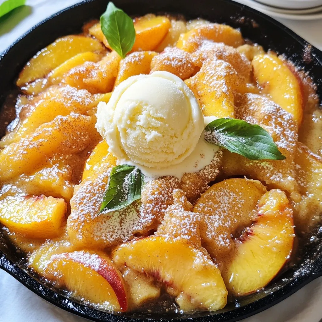 Für einen köstlichen Pfirsich-Cobbler benötigst du: - 4 Tassen frische Pfirsiche, geschält und in Scheiben geschnitten - 1/2 Tasse Kristallzucker - 1 Esslöffel Zitronensaft - 1 Teelöffel Vanilleextrakt - 1 Teelöffel gemahlener Zimt - 1 Tasse Weizenmehl - 1/2 Tasse brauner Zucker - 1 Esslöffel Backpulver - 1/2 Teelöffel Salz - 1 Tasse Milch - 1/2 Tasse ungesalzene Butter, geschmolzen - 1/4 Teelöffel Muskatnuss (optional) - Vanilleeis (zum Servieren) Diese Zutaten bringen die perfekte Kombination aus Süße und Fruchtigkeit. Die Pfirsiche sind die Hauptattraktion und liefern den saftigen Geschmack. Die anderen Zutaten ergänzen die Pfirsiche gut: - Kristallzucker: Süßt die Pfirsiche und lässt sie saftig werden. - Zitronensaft: Bringt Frische und hilft, die Süße auszugleichen. - Vanilleextrakt: Fügt eine warme, süße Note hinzu. - Zimt und Muskatnuss: Geben eine aromatische Tiefe und Wärme. Jede Zutat trägt dazu bei, einen harmonischen Geschmack zu erzeugen. Wähle die besten Pfirsiche für deinen Cobbler. Achte auf diese Punkte: - Farbe: Ein reifer Pfirsich hat eine tiefe, orange Farbe. - Druck: Wenn du leicht drückst, sollte er weich, aber nicht matschig sein. - Geruch: Reife Pfirsiche riechen süß und fruchtig. Frische und reife Pfirsiche machen deinen Cobbler zu einem echten Genuss! {{ingredient_image_2}} Um einen frischen Pfirsich-Cobbler zu machen, brauchen Sie einige einfache Zutaten. Hier sind die Zutaten, die Sie bereitstellen sollten: - 4 Tassen frische Pfirsiche, geschält und in Scheiben geschnitten - 1/2 Tasse Kristallzucker - 1 Esslöffel Zitronensaft - 1 Teelöffel Vanilleextrakt - 1 Teelöffel gemahlener Zimt - 1 Tasse Weizenmehl - 1/2 Tasse brauner Zucker - 1 Esslöffel Backpulver - 1/2 Teelöffel Salz - 1 Tasse Milch - 1/2 Tasse ungesalzene Butter, geschmolzen - 1/4 Teelöffel Muskatnuss (optional) - Vanilleeis (zum Servieren) Sammeln Sie alles, um den Prozess einfach zu halten. Heizen Sie Ihren Ofen auf 350°F (175°C) vor. Das ist wichtig, damit Ihr Cobbler gleichmäßig backt. Jetzt kommen die Pfirsiche ins Spiel. In einer großen Schüssel mischen Sie die geschnittenen Pfirsiche mit Kristallzucker, Zitronensaft, Vanilleextrakt und Zimt. Rühren Sie vorsichtig, damit die Pfirsiche gut überzogen sind. Lassen Sie die Mischung etwa 10 Minuten stehen. So kann der Saft schön einziehen und die Pfirsiche werden süßer. In einer anderen Schüssel mischen Sie das Mehl, den braunen Zucker, das Backpulver, das Salz und die Muskatnuss, falls Sie diese verwenden. Fügen Sie dann langsam die Milch und die geschmolzene Butter hinzu. Rühren Sie vorsichtig, bis alles gerade so vermischt ist. Es ist in Ordnung, wenn der Teig etwas klumpig bleibt. Jetzt sind wir bereit, alles zusammenzubringen. Verteilen Sie die Pfirsichmischung gleichmäßig in einer großen gusseisernen Pfanne. Löffeln Sie den Teig vorsichtig über die Pfirsiche. Rühren Sie nicht um; es ist gut, wenn einige Pfirsiche noch sichtbar sind. Zuerst heize ich den Ofen auf 175°C vor. Dann nehme ich die geschnittenen Pfirsiche. Ich vermische sie mit Kristallzucker, Zitronensaft, Vanilleextrakt und Zimt. Es ist wichtig, die Pfirsiche gut zu vermengen. Das sorgt für viel Geschmack. Ich lasse die Mischung etwa 10 Minuten stehen. So können die Pfirsiche ihren Saft abgeben. In einer großen gusseisernen Pfanne verteile ich die Pfirsichmischung gleichmäßig. Achte darauf, dass der Boden der Pfanne gut bedeckt ist. Als Nächstes bereite ich den Teig vor. In einer anderen Schüssel mische ich das Mehl, den braunen Zucker, das Backpulver, das Salz und optional die Muskatnuss. Dann füge ich langsam die Milch und die geschmolzene Butter hinzu. Ich rühre vorsichtig, bis alles vermischt ist. Der Teig sollte klumpig sein, das ist normal. Jetzt löffle ich den Teig vorsichtig über die Pfirsiche. Ich rühre nicht um, damit die Pfirsiche sichtbar bleiben. Jetzt kommt die Pfanne in den Ofen. Ich backe den Cobbler für 35-40 Minuten. Die Oberseite sollte goldbraun sein. Ich prüfe die Mitte mit einem Zahnstocher. Wenn er sauber herauskommt, ist der Cobbler fertig. Nach dem Backen nehme ich die Pfanne aus dem Ofen und lasse sie einige Minuten abkühlen. So bleibt der Cobbler saftig und lecker. Pro Tipps Perfekte Pfirsiche: Wählen Sie reife, aber feste Pfirsiche für den besten Geschmack. Überreife Pfirsiche können beim Backen matschig werden. Teig nicht übermischen: Um einen luftigen Cobbler zu erhalten, rühren Sie den Teig nur so lange, bis die Zutaten gerade vermischt sind. Klumpige Texturen sind in Ordnung! Geschmack verstärken: Fügen Sie einen Schuss Bourbon oder Rum zu den Pfirsichen hinzu, um ein zusätzliches Geschmacksprofil zu kreieren. Serviervorschläge: Servieren Sie den Cobbler warm mit einer großzügigen Portion Vanilleeis für einen himmlischen Genuss. {{image_4}} Um einen perfekten Pfirsich-Cobbler zu machen, sind frische Zutaten wichtig. Wählen Sie reife, saftige Pfirsiche. Diese geben dem Cobbler den besten Geschmack. Mischen Sie die Pfirsiche mit Zucker, Zitronensaft und Zimt. Lassen Sie die Mischung etwas ruhen. So ziehen die Aromen gut ein. Achten Sie darauf, den Teig nicht zu lange zu rühren. Ein klumpiger Teig macht ihn fluffig und lecker. Ein häufiger Fehler ist das Übermischen des Teigs. Das macht ihn dicht. Rühren Sie nur so lange, bis die Zutaten gerade vermischt sind. Ein weiterer Fehler ist das Backen bei zu hoher Temperatur. Halten Sie sich an die 350°F (175°C). So backt der Cobbler gleichmäßig. Achten Sie auch darauf, dass die Pfanne groß genug ist. So hat der Cobbler Platz zum Aufgehen. Servieren Sie den Cobbler warm aus der Pfanne. Toppen Sie ihn mit einer großen Portion Vanilleeis. Das Eis schmilzt leicht und harmoniert gut mit dem warmen Cobbler. Garnieren Sie das Gericht mit frischen Pfirsichscheiben. Das sieht toll aus und macht Lust auf mehr. Stellen Sie sicher, dass jeder einen Löffel hat, um den Genuss zu teilen. Dies macht das Essen noch schöner! Du kannst andere Früchte für deinen Cobbler verwenden. Äpfel, Birnen oder Kirschen sind tolle Optionen. Sie bringen ihren eigenen Geschmack und süße Note mit. Wenn du gemischte Früchte nimmst, wird der Cobbler noch bunter und leckerer. Kombiniere verschiedene Früchte für mehr Spaß! Um den Cobbler glutenfrei zu machen, verwende glutenfreies Mehl. Das funktioniert gut und schmeckt trotzdem toll. Für vegane Optionen ersetze die Butter durch Kokosöl oder pflanzliche Margarine. Statt Milch kannst du Mandel- oder Hafermilch verwenden. So bleibt der Geschmack lecker und alle können genießen. Du kannst die Gewürze nach deinem Geschmack anpassen. Füge mehr Zimt für einen warmen, würzigen Geschmack hinzu. Muskatnuss bringt eine besondere Note, wenn du sie verwendest. Probiere auch Ingwer oder Nelken für einen neuen Twist. Wenn du frische Kräuter magst, probiere Minze oder Basilikum. So wird dein Cobbler einzigartig und spannend. Ein frisch gebackener Pfirsich-Cobbler bleibt etwa 2 bis 3 Tage frisch. Du solltest ihn abgedeckt bei Raumtemperatur aufbewahren. So bleibt er weich und saftig. Wenn du ihn länger aufbewahren möchtest, kannst du ihn auch im Kühlschrank lagern. Dort hält er sich bis zu einer Woche. Ja, du kannst den Cobbler im Voraus zubereiten. Bereite die Pfirsichmischung und den Teig getrennt vor. Bewahre sie in luftdichten Behältern im Kühlschrank auf. Am Tag des Servierens kannst du die beiden Mischungen in die Pfanne geben und backen. So hast du weniger Stress, wenn Gäste kommen. Vanilleeis passt perfekt zu einem warmen Pfirsich-Cobbler. Der kalte Eisgeschmack ergänzt die süßen Pfirsiche wunderbar. Auch Schlagsahne ist eine gute Wahl. Wenn du es etwas fruchtiger magst, kannst du frische Pfirsichscheiben dazu reichen. Ein Pfirsich-Cobbler ist einfach zuzubereiten und lecker. Wir haben die Hauptzutaten und ihre Vorteile besprochen. Du weißt jetzt, wie man die perfekte Pfirsichfüllung macht und den Teig zubereitet. Wichtig sind die Tipps zur Auswahl reifer Pfirsiche und das Vermeiden von Fehlern beim Backen. Denk daran, dass du mit Früchten und Gewürzen variieren kannst. Ein gut zubereiteter Cobbler bleibt frisch und schmeckt mit vielen Beilagen gut. Probiere es aus und genieße jeden Bissen!