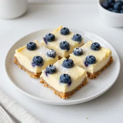 Für die Kruste brauchen wir einfache Zutaten. Sie sind leicht zu finden und einfach zu verarbeiten. Hier sind die Hauptzutaten: - 1 ½ Tassen Graham-Cracker-Krümel - ½ Tasse ungesalzene Butter, geschmolzen - 2 Esslöffel Zucker Die Graham-Cracker geben uns eine knusprige Basis. Die geschmolzene Butter hilft, alles zusammenzuhalten. Zucker fügt etwas Süße hinzu. Jetzt kommen wir zur Käsekuchenfüllung. Diese Mischung macht den Käsekuchen cremig und lecker. Hier sind die Zutaten: - 450 g Frischkäse, weich gemacht - 200 g Zucker - 2 große Eier - 1 Esslöffel Zitronenabrieb - 60 ml frischer Zitronensaft - 1 Teelöffel Vanilleextrakt - 1 Esslöffel Maisstärke Der Frischkäse ist der Hauptbestandteil. Zucker sorgt für die nötige Süße. Eier helfen, die Füllung zu binden. Zitronenabrieb und Zitronensaft geben einen frischen Geschmack. Vanilleextrakt fügt ein warmes Aroma hinzu. Maisstärke sorgt dafür, dass die Füllung gut hält. Frische Heidelbeeren sind der Star dieser Bars. Sie sind nicht nur lecker, sondern auch gesund. Sie bringen Farbe und Geschmack in den Käsekuchen. Wenn wir die Heidelbeeren mit Maisstärke bestäuben, bleiben sie an Ort und Stelle. So sinken sie nicht in die Füllung. Frische Heidelbeeren sind reich an Antioxidantien und Vitaminen. Das macht die Bars noch besser! {{ingredient_image_2}} Heize deinen Ofen auf 163°C vor. Nimm eine 23x23 cm Backform und fette sie gut ein. Alternativ kannst du Backpapier verwenden. So bleibt der Käsekuchen später nicht kleben. In einer Rührschüssel vermischst du 1 ½ Tassen Graham-Cracker-Krümel, ½ Tasse geschmolzene Butter und 2 Esslöffel Zucker. Rühre gut, bis alles gleichmäßig vermischt ist. Drücke die Mischung fest auf den Boden der Backform. Backe die Kruste für 10 Minuten im Ofen. Lass sie dann etwas abkühlen. In einer großen Schüssel rührst du 450 g weichen Frischkäse mit 200 g Zucker cremig. Füge zwei große Eier nacheinander hinzu und mixe gut. Danach gib 1 Esslöffel Zitronenabrieb, 60 ml frischen Zitronensaft und 1 Teelöffel Vanilleextrakt dazu. Nimm eine separate Schüssel und vermische 1 Tasse frische Heidelbeeren mit 1 Esslöffel Maisstärke. Das hilft, dass die Beeren nicht sinken. Füge die Heidelbeeren vorsichtig zur Frischkäse-Mischung hinzu und rühre leicht um. Gieße die Mischung über die abgekühlte Kruste und verteile sie gleichmäßig. Backe den Käsekuchen für 30-35 Minuten. Die Ränder sollten fest sein und die Mitte leicht wackeln. Lass den Käsekuchen bei Raumtemperatur abkühlen, bevor du ihn mindestens 2 Stunden in den Kühlschrank stellst. Um die Käsekuchen-Riegel frisch zu halten, bewahre sie im Kühlschrank auf. Lege sie in einen luftdichten Behälter. So bleiben die Riegel bis zu einer Woche lecker. Du kannst sie auch einfrieren. Schneide sie in Portionen und lege sie in einen Gefrierbeutel. So bleiben sie bis zu drei Monate haltbar. Ein häufiger Fehler ist, die Mischung zu lange zu rühren. Das kann den Käsekuchen zu fluffig machen. Mische die Zutaten nur bis sie gut verbunden sind. Achte darauf, die Heidelbeeren vorsichtig unterzuheben. Wenn du sie zu stark mischst, zerdrückst du sie. Backe die Riegel nicht zu lange. Die Mitte sollte leicht wackeln, wenn du sie aus dem Ofen nimmst. Für eine schöne Präsentation serviere die Riegel auf einem dekorativen Teller. Garniere sie mit frischer Minze und ein paar Heidelbeeren. Ein Hauch Puderzucker macht sie noch ansprechender. Du kannst auch einen Spritzer Zitronensaft darüber geben. Das bringt die Aromen noch mehr zur Geltung. Pro Tipps Kruste knusprig machen: Stellen Sie sicher, dass die Graham-Cracker-Krümel gut mit der Butter und dem Zucker vermischt sind, um eine gleichmäßige und knusprige Kruste zu erhalten. Frischkäse richtig vorbereiten: Lassen Sie den Frischkäse vor der Verwendung auf Raumtemperatur kommen, damit er sich leichter und gleichmäßiger mit den anderen Zutaten vermengen lässt. Heidelbeeren gleichmäßig verteilen: Mischen Sie die Heidelbeeren mit der Maisstärke, bevor Sie sie in die Käsekuchen-Mischung falten, damit sie gleichmäßig verteilt bleiben und nicht absinken. Kühlen für beste Ergebnisse: Lassen Sie den Käsekuchen nach dem Backen vollständig abkühlen und kühlen Sie ihn mindestens 2 Stunden, um die perfekte Konsistenz und den besten Geschmack zu erzielen. {{image_4}} Sie können die Heidelbeeren leicht durch andere Früchte ersetzen. Erdbeeren, Himbeeren oder Pfirsiche funktionieren gut. Schneiden Sie die Früchte klein, damit sie gleichmäßig verteilt sind. Dies bringt Abwechslung in den Geschmack. Experimentieren Sie mit verschiedenen Kombinationen für neue Geschmackserlebnisse. Wenn Sie glutenfrei kochen möchten, gibt es einfache Lösungen. Verwenden Sie glutenfreie Graham-Cracker oder gemahlene Mandeln für die Kruste. Diese Optionen halten die Struktur und den Geschmack intakt. Auch die Füllung ist leicht anpassbar. Verwenden Sie pflanzliche Frischkäse-Alternativen für eine milchfreie Version. Aromastoffe können die Aromen verstärken. Fügen Sie etwas Mandel- oder Kokosnuss-Extrakt hinzu. Diese kleinen Ergänzungen können den Käsekuchen auf ein neues Level bringen. Auch das Experimentieren mit Zimt oder Muskatnuss kann interessante Ergebnisse liefern. Seien Sie kreativ und finden Sie Ihre Lieblingskombination! Um die Riegel frisch zu halten, legen Sie sie in einen luftdichten Behälter. Trennen Sie die Riegel mit Backpapier. So verhindern Sie, dass sie zusammenkleben. Stellen Sie sicher, dass der Behälter gut verschlossen ist. Dies hilft, Feuchtigkeit fernzuhalten. Im Kühlschrank halten die Riegel etwa fünf bis sieben Tage. Wenn Sie sie länger aufbewahren möchten, frieren Sie sie ein. Im Gefrierschrank sind sie bis zu drei Monate haltbar. Achten Sie darauf, die Riegel gut einzupacken, um Gefrierbrand zu vermeiden. Die Riegel schmecken am besten, wenn sie frisch sind. Wenn Sie gefrorene Riegel genießen möchten, lassen Sie sie im Kühlschrank auftauen. Dies dauert mehrere Stunden. Sie können die Riegel auch leicht aufwärmen, um den cremigen Geschmack zu verstärken. Servieren Sie sie mit frischen Beeren oder Puderzucker für ein tolles Erlebnis. Um zu verhindern, dass der Käsekuchen bricht, backen Sie ihn bei niedriger Temperatur. Ein langsames Backen hilft, Risse zu vermeiden. Lassen Sie den Käsekuchen nach dem Backen im Ofen bei leicht geöffneter Tür abkühlen. Dies hilft, Spannungen zu reduzieren. Kühlen Sie den Käsekuchen dann langsam im Kühlschrank. Vermeiden Sie plötzliche Temperaturänderungen, damit er schön glatt bleibt. Ja, Sie können gefrorene Heidelbeeren verwenden. Achten Sie darauf, sie vor der Verwendung leicht auftauen zu lassen. Tupfen Sie sie dann vorsichtig mit einem Küchentuch trocken. So bleibt der Käsekuchen nicht zu feucht. Verwenden Sie auch Maisstärke, um die Beeren zu beschichten. Dies hilft, dass sie nicht sinken und gleichmäßig verteilt bleiben. Der Käsekuchen sollte mindestens zwei Stunden im Kühlschrank kühlen. Dies gibt ihm Zeit, fest zu werden. Wenn Sie ihn länger kühlen, wird er noch besser. Über Nacht kühlen ist ideal, wenn Sie Zeit haben. So können die Aromen sich gut vermischen. In diesem Blogbeitrag haben wir die wichtigsten Zutaten für den Käsekuchen besprochen, von der Kruste bis zur Füllung. Wir haben Schritt für Schritt erklärt, wie du die Riegel zubereitest, und wertvolle Tipps gegeben, um Fehler zu vermeiden. Variationen mit anderen Früchten und Aufbewahrungstipps helfen dir, den Käsekuchen individuell anzupassen. Denk daran, die Riegel richtig zu lagern, damit sie frisch bleiben. Mit diesen Informationen kannst du ohne Angst backen. Genieße jeden Biss und habe Freude am Kochen!