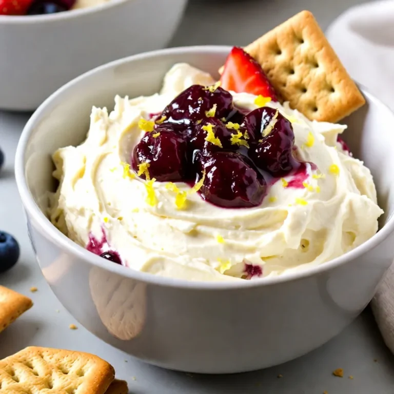 Um einen köstlichen Kirschen-Cheesecake-Dip zu machen, brauchst du die folgenden Hauptzutaten: - 225 g Frischkäse, weich - 65 g Puderzucker - 1 Teelöffel Vanilleextrakt - 240 g saure Sahne - 240 g Kirschkompott - 1/2 Teelöffel Zitronenschale, frisch gerieben - Graham-Cracker oder frisches Obst zum Dippen Diese Zutaten sind leicht zu finden. Der Frischkäse macht die Basis cremig. Der Puderzucker fügt die süße Note hinzu. Vanilleextrakt bringt einen feinen Geschmack. Saure Sahne sorgt für die richtige Textur. Kirschkompott gibt das fruchtige Aroma. Zitronenschale hebt die Aromen hervor. Du kannst auch einige optionale Zutaten verwenden, um den Dip zu verfeinern: - Eine Prise Zimt für Wärme - Schokoladenstückchen für Schokoladenliebhaber - Gehackte Nüsse für zusätzlichen Crunch Diese Zutaten sind nicht nötig, aber sie geben dem Dip eine interessante Wendung. Probier sie aus, wenn du Lust auf etwas Neues hast. Die Nährwertangaben pro Portion sind wichtig, um zu wissen, was du isst. Hier ist eine ungefähre Aufschlüsselung: - Kalorien: 150 - Fett: 10 g - Kohlenhydrate: 15 g - Zucker: 8 g - Eiweiß: 2 g Diese Werte können je nach Zutaten leicht variieren. Behalte das im Hinterkopf, wenn du den Dip genießt. {{ingredient_image_2}} Um den perfekten Frischkäse-Basis zu machen, fangen wir mit den Hauptzutaten an. Nimm eine große Rührschüssel. Füge 225 g weichen Frischkäse, 65 g Puderzucker und 1 Teelöffel Vanilleextrakt hinzu. Mixe alles mit einem elektrischen Mixer. Rühre auf mittlerer Geschwindigkeit, bis die Mischung cremig und klumpenfrei ist. Das ist der Schlüssel für einen glatten Dip! Jetzt ist es Zeit, die saure Sahne und die Zitronenschale hinzuzufügen. Gib 240 g saure Sahne in die Schüssel. Dann füge 1/2 Teelöffel frisch geriebene Zitronenschale hinzu. Mixe alles erneut gut durch. Dies verleiht dem Dip einen frischen und leichten Geschmack. Achte darauf, dass alles gut vermischt ist. Jetzt kommt der letzte Schritt! Hebe das Kirschkompott vorsichtig unter die Frischkäse-Mischung. Du solltest etwas Kirschkompott für die Garnierung aufbewahren. Gib den Dip in eine Servierschüssel und verteile ihn gleichmäßig. Träufle das reservierte Kirschkompott oben auf. Das sieht nicht nur schön aus, sondern schmeckt auch lecker! Stelle den Dip für mindestens 30 Minuten in den Kühlschrank. So können sich die Aromen gut entfalten. Serviere ihn mit Graham-Crackern oder frischen Früchten. Um die perfekte Konsistenz für deinen Kirschen-Cheesecake-Dip zu bekommen, ist es wichtig, den Frischkäse gut zu mixen. Beginne mit weichem Frischkäse. Das sorgt dafür, dass der Dip schön cremig wird. Wenn du ihn nicht weich genug hast, wird der Dip klumpig. Achte darauf, alles gut zu vermischen, bis die Mischung glatt ist. Wenn du magst, kannst du etwas mehr saure Sahne hinzufügen. So wird der Dip noch cremiger und leichter. Die Vorbereitungszeit für diesen Dip ist nur etwa 10 Minuten. Das ist schnell und einfach! Plane jedoch etwas Kühlzeit ein. Der Dip schmeckt besser, wenn er für 30 Minuten im Kühlschrank steht. Du kannst ihn auch am Vortag zubereiten. So hast du weniger Stress, wenn Gäste kommen. Halte alle Zutaten bereit, bevor du anfängst. So geht es noch schneller. Eine schöne Präsentation macht den Dip noch einladender. Verwende eine große Servierschüssel für den Dip. Träufle das reservierte Kirschkompott obenauf. Das sieht toll aus! Du kannst auch frische Früchte wie Erdbeeren oder Ananas rund um die Schüssel legen. Graham-Cracker sind eine tolle Ergänzung. Stelle sie in einem hübschen Gefäß neben den Dip. So haben deine Gäste viele Möglichkeiten zum Dippen. Pro Tipps Frischkäse temperieren: Lassen Sie den Frischkäse vor der Zubereitung auf Raumtemperatur kommen, um eine glatte und cremige Konsistenz zu erreichen. Variationen des Dips: Experimentieren Sie mit verschiedenen Früchten oder Marmeladen für den Dip, um neue Geschmackskombinationen zu entdecken. Kühlen für besten Geschmack: Lassen Sie den Dip mindestens 30 Minuten im Kühlschrank ruhen, damit die Aromen sich gut miteinander vermischen können. Serviervorschläge: Servieren Sie den Dip mit einer Auswahl an verschiedenen Crackern und frischen Früchten für ein attraktives und vielseitiges Snack-Erlebnis. {{image_4}} Du kannst diesen Dip ganz leicht verändern. Probiere statt Kirschkompott Erdbeeren oder Himbeeren. Diese Früchte geben dem Dip eine frische Note. Wenn du Schokolade magst, füge etwas Schokoladensirup hinzu. Das macht den Dip noch süßer und leckerer. Eine weitere Variante ist, etwas Karamell zu verwenden. Es passt gut zu dem Käse und macht alles noch besser. Die Garnierung macht den Dip besonders schön. Du kannst mehr Kirschkompott oben drauf geben. Oder streue ein paar zerbröselte Graham-Cracker darüber. Das gibt einen tollen Crunch. Frische Früchte sind auch eine gute Idee. Sie bringen Farbe und Frische. Wenn du Nüsse magst, füge gehackte Mandeln oder Walnüsse hinzu. Das gibt eine knusprige Textur. Wenn du gesündere Optionen suchst, gibt es viele Möglichkeiten. Verwende griechischen Joghurt anstelle von saurer Sahne. Das macht den Dip cremig und hat weniger Fett. Statt Puderzucker kannst du Honig oder Agavendicksaft nehmen. Diese Optionen sind natürlicher und haben weniger verarbeiteten Zucker. Für eine glutenfreie Version kannst du glutenfreie Kekse oder Obst zum Dippen verwenden. So bleibt der Genuss ohne schlechtes Gewissen. Um deinen Kirschen-Cheesecake-Dip frisch zu halten, ist die richtige Lagerung wichtig. Verwende einen luftdichten Behälter. Alternativ kannst du auch Frischhaltefolie verwenden, um den Dip abzudecken. Stelle sicher, dass der Dip gut verpackt ist. So verhinderst du, dass er Gerüche aus dem Kühlschrank aufnimmt. Im Kühlschrank hält der Dip etwa 3 bis 5 Tage. Achte darauf, ihn sofort nach dem Servieren wieder zu kühlen. Wenn du den Dip länger aufbewahren möchtest, solltest du ihn einfrieren. Das hilft, die Frische zu bewahren und die Aromen zu erhalten. Um den Dip einzufrieren, gib ihn in einen luftdichten Behälter. Du kannst auch Eiswürfelformen verwenden, um kleine Portionen zu machen. So hast du immer einen kleinen Snack bereit. Um den Dip aufzutauen, einfach über Nacht in den Kühlschrank stellen. Rühre ihn gut durch, bevor du ihn servierst. Du kannst den Kirschen-Cheesecake-Dip bis zu zwei Tage im Voraus machen. Das spart Zeit. Stelle sicher, dass du ihn gut abdeckst. So bleibt er frisch und lecker. Kühl ihn im Kühlschrank, bis du ihn servierst. Die Aromen werden sich sogar noch besser vermischen. Ja, du kannst frische Kirschen verwenden. Wasche und entsteine sie zuerst. Schneide sie dann in kleine Stücke. Mische die Kirschen unter die Frischkäse-Mischung. Das gibt einen frischen Geschmack. Achte darauf, dass die Kirschen reif sind für die beste Süße. Graham-Cracker sind ein Klassiker. Sie sind süß und passen perfekt. Frisches Obst ist auch eine tolle Wahl. Äpfel, Birnen oder Bananen passen gut dazu. Du kannst auch Kekse oder Pretzels probieren. Diese Snacks machen den Dip noch spannender und leckerer. Der Kirschen-Cheesecake-Dip ist einfach und lecker. Wir haben die Hauptzutaten, Tipps zur Zubereitung und Variationen behandelt. Denke an frische Zutaten für den besten Geschmack. Probiere neue Toppings aus und spiele mit verschiedenen Geschmäckern. Lagere ihn richtig, damit er frisch bleibt. Mit diesen Tipps wird dein Dip sicher ein Hit. Bereite ihn für dein nächstes Treffen vor und beeindrucke deine Freunde!