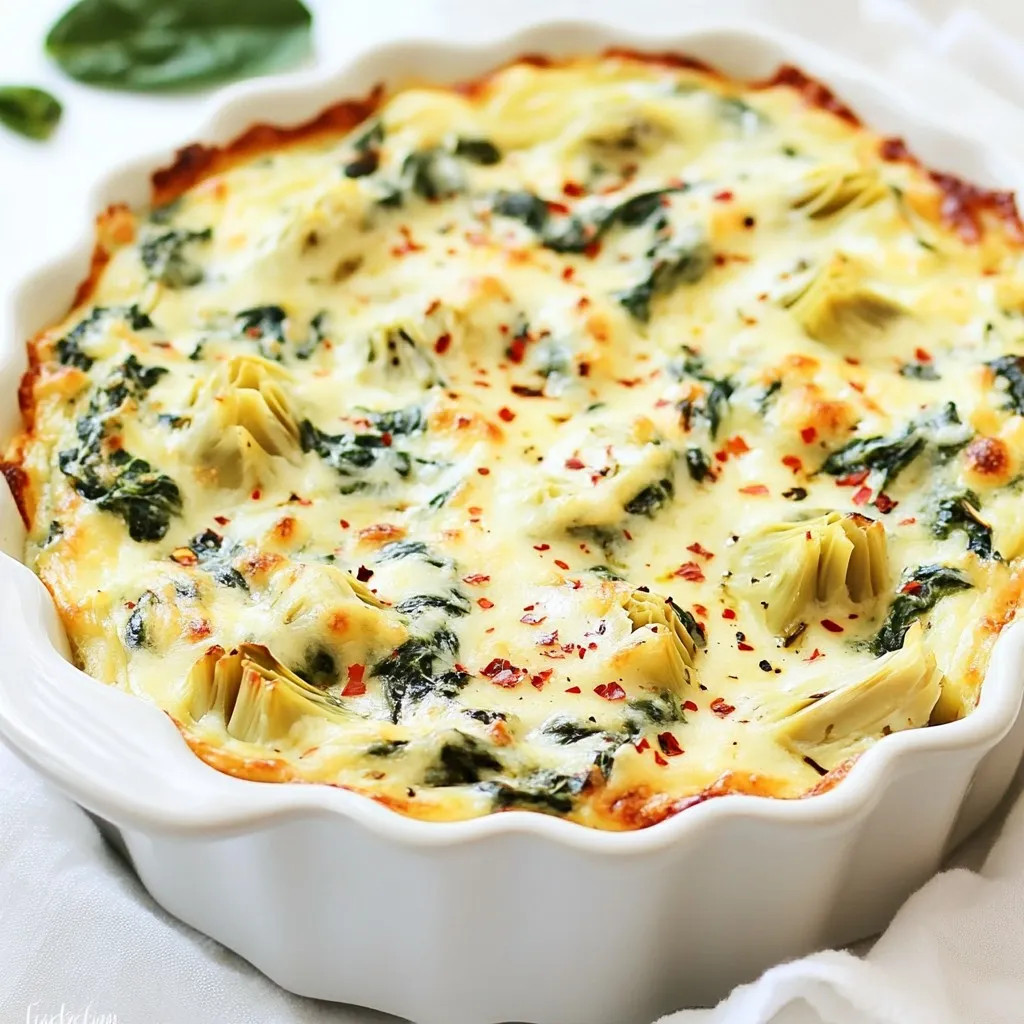 Für diesen köstlichen Dip benötigst du die folgenden Hauptzutaten: - 1 Tasse gefrorener Spinat, aufgetaut und gut abgetropft - 1 Tasse eingelegte Artischockenherzen, abgetropft und gehackt - 1 Tasse Frischkäse, weich gemacht - 1/2 Tasse saure Sahne - 1/2 Tasse Mayonnaise - 1 Tasse geriebener Mozzarella-Käse - 1/2 Tasse geriebener Parmesan-Käse Diese Zutaten verbinden sich zu einer cremigen, herzhaften Mischung. Der Spinat bringt eine schöne grüne Farbe. Die Artischocken fügen einen zarten, leicht nussigen Geschmack hinzu. Um deinem Dip mehr Geschmack zu verleihen, kannst du diese Gewürze hinzufügen: - 1 Teelöffel Knoblauchpulver - 1/2 Teelöffel Zwiebelpulver - Salz und Pfeffer nach Geschmack - Optional: rote Pfefferflocken für eine scharfe Note Du kannst auch verschiedene Käsesorten probieren. Feta oder Cheddar können interessante Alternativen sein. Achte bei deiner Auswahl auf frische oder hochwertige Produkte. Verwende gefrorenen Spinat, der gut abgetropft ist. So vermeidest du einen wässrigen Dip. Für die Artischocken sind eingelegte Herzen ideal. Diese bieten den besten Geschmack. Wenn du frischen Spinat nutzen möchtest, blanchiere ihn kurz. Das sorgt für eine tolle Textur. Denk daran, die Käsesorten nach deinem Geschmack zu wählen. Experimentiere und finde deine perfekte Mischung! {{ingredient_image_2}} Heize deinen Ofen auf 180 °C vor. Dies ist wichtig, damit der Dip gleichmäßig backt. Während der Ofen heiß wird, kannst du die anderen Zutaten vorbereiten. Achte darauf, dass du gefrorenen Spinat vorher auftauen lässt und gut abtropfst. So bleibt der Dip nicht wässrig. Nimm eine mittelgroße Schüssel. Gib den weichgemachten Frischkäse, die saure Sahne und die Mayonnaise hinein. Rühre alles gut mit einem Handmixer oder einem Löffel. Du willst eine glatte, cremige Mischung. Diese Basis gibt dem Dip seine leckere Konsistenz. Jetzt kommt der spaßige Teil! Füge die gehackten Artischocken und den gut abgetropften Spinat in die Schüssel. Rühre vorsichtig, damit alles gleichmäßig verteilt ist. Danach füge den geriebenen Mozzarella, den Parmesan, das Knoblauchpulver und das Zwiebelpulver hinzu. Vergiss nicht, mit Salz und Pfeffer zu würzen. Wenn du es schärfer magst, füge rote Pfefferflocken hinzu. Mische alles gut, bis die Zutaten schön vermengt sind. Übertrage die Mischung in eine gebutterte Auflaufform und verteile sie gleichmäßig. Um die perfekte Konsistenz zu erreichen, sollten Sie die Zutaten gut mischen. Verwenden Sie weichen Frischkäse. Dadurch wird der Dip schön cremig. Mischen Sie die saure Sahne und Mayonnaise gut unter. Achten Sie darauf, keine Klumpen zu lassen. Durch das Hinzufügen von geriebenem Käse erhält der Dip eine wunderbare Textur. Wässrige Dips sind nicht lecker. Um dies zu vermeiden, drücken Sie den Spinat gut aus. Entfernen Sie so viel Wasser wie möglich. Verwenden Sie auch gut abgetropfte Artischockenherzen. Zu viel Flüssigkeit macht den Dip dünn. Fügen Sie bei Bedarf mehr Käse hinzu, um die Konsistenz zu verbessern. Garnieren Sie den Dip mit frischer Petersilie. Diese bringt Farbe und Geschmack. Servieren Sie ihn heiß für das beste Erlebnis. Ein Spritzer Zitrone kann den Geschmack verstärken. Verwenden Sie knusprige Tortilla-Chips oder Baguette. Diese ergänzen den Dip perfekt. Ein wenig rote Pfefferflocken sorgt für einen tollen Kick! Pro Tipps Frischkäse richtig vorbereiten: Stellen Sie sicher, dass der Frischkäse Raumtemperatur hat, bevor Sie ihn mit den anderen Zutaten vermischen. Das macht die Mischung cremiger und einfacher zu verarbeiten. Variationen ausprobieren: Fügen Sie nach Belieben zusätzliches Gemüse wie Paprika oder Zwiebeln hinzu, um mehr Geschmack und Textur in den Dip zu bringen. Perfekte Backzeit: Beobachten Sie den Dip während des Backens genau. Jeder Ofen ist anders, und eine goldbraune Oberfläche ist ein Zeichen dafür, dass er fertig ist. Serviervorschläge: Neben Tortilla-Chips können auch frisches Gemüse oder Pita-Brot als Dippmöglichkeiten dienen, um eine gesündere Option anzubieten. {{image_4}} Sie können diesen Dip leicht anpassen. Um eine vegetarische Version zu machen, verwenden Sie Pflanzenmilch und vegane Mayonnaise. Für den Käse nehmen Sie veganen Käse. Diese Alternativen geben Ihnen den gleichen tollen Geschmack. Wenn Sie es noch gesünder wollen, verwenden Sie frischen Spinat anstelle von gefrorenem Spinat. Fügen Sie etwas Farbe und Geschmack hinzu! Tomaten und Jalapeños bringen Frische und Schärfe. Hacken Sie die Tomaten klein und mischen Sie sie vor dem Backen in den Dip. Für einen extra Kick fügen Sie frische oder eingelegte Jalapeños hinzu. Diese Zutaten machen den Dip noch spannender und leckerer. Der Käse ist der Star dieses Dips. Neben Mozzarella und Parmesan können Sie andere Käsesorten ausprobieren. Cheddar-Käse gibt einen würzigen Geschmack. Auch Gouda oder Feta sind großartige Alternativen. Mischen Sie verschiedene Käsesorten, um neue Aromen zu entdecken. Das macht den Dip noch interessanter und leckerer. Um den Käse-Spinat-Artischocken Dip frisch zu halten, lege ihn in einen luftdichten Behälter. Du kannst ihn bis zu drei Tage im Kühlschrank aufbewahren. Achte darauf, dass der Behälter gut verschlossen ist, um den Geschmack zu bewahren. Falls du mehr Dip gemacht hast, kannst du ihn auch einfrieren. Fülle den Dip in einen gefrierfesten Behälter. Achte darauf, etwas Platz zu lassen, da sich der Dip beim Einfrieren ausdehnt. Er bleibt bis zu drei Monate haltbar. Um den Dip aufzuwärmen, nimm ihn aus dem Kühlschrank oder Gefrierfach. Wenn er gefroren ist, lasse ihn über Nacht im Kühlschrank auftauen. Erhitze ihn dann in der Mikrowelle oder im Ofen. Wenn du ihn im Ofen erhitzt, stelle ihn auf 180 °C und backe ihn bis er blubbert. So bleibt er cremig und lecker. Dieser Dip bleibt im Kühlschrank bis zu fünf Tage frisch. Lagern Sie ihn in einem luftdichten Behälter. Achten Sie darauf, dass der Dip gut abgedeckt ist. So bleibt er lecker und cremig. Wenn Sie ihn einfrieren, kann er bis zu drei Monate halten. Ja, frischer Spinat ist eine tolle Option! Nutzen Sie etwa 250 Gramm frischen Spinat. Kochen Sie ihn kurz, bis er zusammenfällt. Lassen Sie ihn abkühlen und gut abtropfen. So vermeiden Sie, dass der Dip wässrig wird. Frischer Spinat gibt dem Dip einen tollen Geschmack und eine schöne Farbe. Für diesen Dip sind Tortilla-Chips die beste Wahl. Sie sind knusprig und passen perfekt. Baguette-Scheiben sind auch lecker. Sie nehmen die cremige Mischung gut auf. Gemüsesticks wie Karotten oder Paprika sind ebenfalls gesund und frisch. Dieser Artikel hat die wichtigsten Zutaten für Käse-Spinat-Artischocken-Dip sowie eine Schritt-für-Schritt-Anleitung behandelt. Ich habe Tipps gegeben, um den Dip perfekt zu machen und Variationen vorgestellt. Vergessen Sie nicht, auch beim Dips die richtigen Zutaten auszuwählen und verschiedene Käse zu probieren. Der richtige Dip macht jede Party besser. Experimentieren Sie, genießen Sie den Geschmack und teilen Sie die Freude mit anderen!