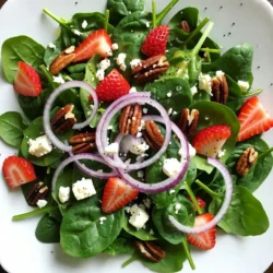 - 4 Tassen frischer Spinat - 2 Tassen Erdbeeren - 1/2 Tasse geröstete Pekannüsse - 1/4 Tasse rote Zwiebel - 1/4 Tasse Feta - 1/4 Tasse Mohnsamen - 1/4 Tasse Olivenöl - 2 Esslöffel Apfelessig - 2 Esslöffel Honig - Salz und Pfeffer Wenn ich an diesen Salat denke, freue ich mich über die frischen Zutaten. Der Spinat ist knackig und gesund. Erdbeeren bringen eine süße Note. Die Pekannüsse fügen einen tollen Biss hinzu. Rote Zwiebel gibt einen scharfen Geschmack, der gut zu den süßen Erdbeeren passt. Feta sorgt für eine cremige Textur. Mohnsamen sind das i-Tüpfelchen. Sie geben den letzten Crunch und einen nussigen Geschmack. Für das Dressing ist es einfach. Olivenöl sorgt für gesunde Fette. Apfelessig fügt einen säuerlichen Kick hinzu. Honig macht das Dressing süß und balanciert die Aromen. Salz und Pfeffer runden alles ab. Diese Zutaten sind leicht zu finden und machen den Salat frisch und lecker. {{ingredient_image_2}} Um das Dressing zu machen, mische zuerst die Zutaten. Du benötigst Olivenöl, Apfelessig und Honig. Gib auch eine Prise Salz und Pfeffer dazu. Verwende einen Schneebesen, um alles gut zu verrühren. Achte darauf, dass das Dressing glatt und gleichmäßig ist. Jetzt ist es Zeit für die Salatzutaten. Wasche den frischen Spinat gründlich. Danach reißt du ihn in mundgerechte Stücke. Entferne das Grün von den Erdbeeren und schneide sie in dünne Scheiben. Stelle sicher, dass die Erdbeeren frisch und saftig sind. In einer großen Schüssel vermenge den Spinat, die Erdbeeren, die gehackten Pekannüsse, die rote Zwiebel und den zerbröckelten Feta. Gieße das Dressing gleichmäßig über die Zutaten und mische alles vorsichtig. Streue die Mohnsamen darüber, um extra Knusprigkeit hinzuzufügen. Serviere den Salat sofort für die beste Frische. Um den besten Erdbeer-Spinat-Salat zu machen, wähle frische Zutaten. Achte auf Spinat mit leuchtend grünen Blättern. Vermeide welke oder gelbe Blätter. Die Erdbeeren sollten rot und fest sein. Drücke leicht darauf; sie sollten nicht matschig sein. Frische Zutaten machen den Salat schmackhaft und gesund. Das Dressing ist der Schlüssel zu einem großartigen Salat. Du kannst es leicht anpassen. Füge mehr Honig hinzu, wenn du es süßer magst. Möchtest du mehr Säure? Nutze mehr Apfelessig. Du kannst auch Senf oder Joghurt für einen cremigen Geschmack verwenden. Probiere verschiedene Öle wie Avocadoöl für einen neuen Twist. Dieser Salat ist perfekt für viele Anlässe. Er passt gut zu Grillpartys oder als leichtes Mittagessen. Du kannst ihn auch als Beilage zu gegrilltem Hähnchen servieren. Für ein Picknick ist er ideal, da er frisch schmeckt. Denke daran, den Salat kurz vor dem Servieren zu mischen, um die Frische zu bewahren. Pro Tipps Frische Zutaten wählen: Achten Sie darauf, frischen Spinat und reife Erdbeeren zu verwenden, um den besten Geschmack und die beste Textur zu erzielen. Pekannüsse rösten: Rösten Sie die Pekannüsse leicht in einer Pfanne, um ihren nussigen Geschmack zu intensivieren und eine knusprige Textur zu erhalten. Dressing im Voraus zubereiten: Bereiten Sie das Dressing im Voraus zu, damit die Aromen Zeit haben, sich zu entfalten, und es beim Servieren gut gekühlt ist. Variationen ausprobieren: Experimentieren Sie mit anderen Obstsorten wie Himbeeren oder Blaubeeren und verschiedenen Käsesorten für abwechslungsreiche Geschmäcker. {{image_4}} Um deinen Erdbeer-Spinat-Mohnsalat noch besser zu machen, kannst du zusätzliche Zutaten hinzufügen. Avocado ist eine tolle Wahl. Sie bringt Cremigkeit und gesunde Fette. Hühnchen ist eine weitere Option. Gegrilltes Hühnchen gibt dem Salat mehr Protein. Auch Feta kann durch Ziegenkäse ersetzt werden. Das gibt einen anderen Geschmack. Wenn du den Salat vegan zubereiten möchtest, kannst du den Feta weglassen oder durch einen veganen Käse ersetzen. Anstelle von Honig kannst du Agavendicksaft verwenden. So bleibt der Salat süß und lecker. Achte darauf, dass alle Zutaten vegan sind. So kannst du den Salat ganz einfach anpassen. Dieser Salat ist flexibel und kann saisonal angepasst werden. Im Sommer kannst du frische Pfirsiche oder Nektarinen hinzufügen. Im Herbst sind Äpfel eine gute Wahl. Auch Walnüsse passen gut dazu. Im Winter kannst du Granatapfelkerne verwenden. So bleibt der Salat das ganze Jahr über frisch und interessant. Um übrig gebliebenen Erdbeer-Spinat-Mohnsalat frisch zu halten, folge diesen Tipps: - Lagere den Salat in einem luftdichten Behälter. - Vermeide es, das Dressing vor der Lagerung hinzuzufügen. - Füge das Dressing erst kurz vor dem Servieren hinzu. So bleibt der Salat knackig und frisch. Der Salat kann bis zu drei Tage im Kühlschrank aufbewahrt werden. Achte darauf, dass die Zutaten frisch sind. Erdbeeren verlieren schnell ihre Qualität, daher schau sie dir gut an. Um Zeit zu sparen, bereite die Zutaten im Voraus vor: - Wasche den Spinat und reisse ihn in Stücke. - Schneide die Erdbeeren und bewahre sie in einem Behälter auf. - Hacke die Pekannüsse und die Zwiebel. - Bereite das Dressing vor und bewahre es getrennt auf. So bist du bereit, den Salat schnell zusammenzustellen, wenn der Hunger kommt. Erdbeer-Spinat-Salat ist sehr gesund. Spinat ist reich an Vitaminen und Mineralstoffen. Er enthält viel Eisen, das wichtig für Blut und Energie ist. Erdbeeren sind voll von Antioxidantien. Diese schützen unseren Körper vor Schäden. Pekannüsse liefern gesunde Fette, die gut für das Herz sind. Feta bringt Protein und Calcium. Mohnsamen geben dem Salat einen nussigen Geschmack und Ballaststoffe. Zusammen sind die Zutaten ein Nährstoff-Paket. Ja, du kannst andere Nüsse nutzen. Mandeln sind eine gute Wahl. Sie sind crunchy und lecker. Walnüsse passen auch gut und bieten einen anderen Geschmack. Cashewkerne bringen eine mildere Note. Probiere verschiedene Nüsse aus, um deinen Lieblingsgeschmack zu finden. Achte darauf, sie vorher zu rösten. Das bringt mehr Aroma. Dieser Salat passt zu vielen Gerichten. Er ist ein toller Begleiter zu gegrilltem Hähnchen oder Fisch. Auch zu Sandwiches und Wraps macht er sich gut. Du kannst ihn als leichtes Mittagessen genießen. Für ein Picknick ist er ebenfalls perfekt. Serviere ihn mit einem frischen Brot oder Brötchen. So wird die Mahlzeit noch besser. In diesem Artikel haben wir die leckeren Zutaten für unseren Erdbeer-Spinat-Salat erkundet. Wir haben gelernt, wie man das Dressing zubereitet und die Salatzutaten richtig vorbereitet. Außerdem gab es nützliche Tipps für frische Zutaten und Variationen. Denke daran, dass dieser Salat nicht nur gut aussieht, sondern auch gesund ist. Probiere ihn mit deinen Lieblingszutaten aus. So machst du ihn ganz nach deinem Geschmack!