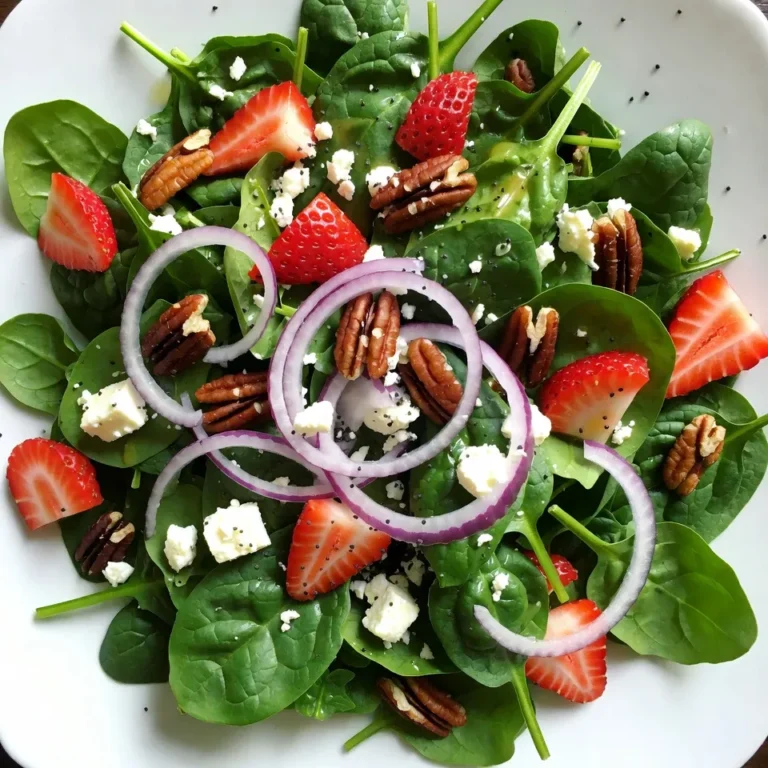 - 4 Tassen frischer Spinat - 2 Tassen Erdbeeren - 1/2 Tasse geröstete Pekannüsse - 1/4 Tasse rote Zwiebel - 1/4 Tasse Feta - 1/4 Tasse Mohnsamen - 1/4 Tasse Olivenöl - 2 Esslöffel Apfelessig - 2 Esslöffel Honig - Salz und Pfeffer Wenn ich an diesen Salat denke, freue ich mich über die frischen Zutaten. Der Spinat ist knackig und gesund. Erdbeeren bringen eine süße Note. Die Pekannüsse fügen einen tollen Biss hinzu. Rote Zwiebel gibt einen scharfen Geschmack, der gut zu den süßen Erdbeeren passt. Feta sorgt für eine cremige Textur. Mohnsamen sind das i-Tüpfelchen. Sie geben den letzten Crunch und einen nussigen Geschmack. Für das Dressing ist es einfach. Olivenöl sorgt für gesunde Fette. Apfelessig fügt einen säuerlichen Kick hinzu. Honig macht das Dressing süß und balanciert die Aromen. Salz und Pfeffer runden alles ab. Diese Zutaten sind leicht zu finden und machen den Salat frisch und lecker. {{ingredient_image_2}} Um das Dressing zu machen, mische zuerst die Zutaten. Du benötigst Olivenöl, Apfelessig und Honig. Gib auch eine Prise Salz und Pfeffer dazu. Verwende einen Schneebesen, um alles gut zu verrühren. Achte darauf, dass das Dressing glatt und gleichmäßig ist. Jetzt ist es Zeit für die Salatzutaten. Wasche den frischen Spinat gründlich. Danach reißt du ihn in mundgerechte Stücke. Entferne das Grün von den Erdbeeren und schneide sie in dünne Scheiben. Stelle sicher, dass die Erdbeeren frisch und saftig sind. In einer großen Schüssel vermenge den Spinat, die Erdbeeren, die gehackten Pekannüsse, die rote Zwiebel und den zerbröckelten Feta. Gieße das Dressing gleichmäßig über die Zutaten und mische alles vorsichtig. Streue die Mohnsamen darüber, um extra Knusprigkeit hinzuzufügen. Serviere den Salat sofort für die beste Frische. Um den besten Erdbeer-Spinat-Salat zu machen, wähle frische Zutaten. Achte auf Spinat mit leuchtend grünen Blättern. Vermeide welke oder gelbe Blätter. Die Erdbeeren sollten rot und fest sein. Drücke leicht darauf; sie sollten nicht matschig sein. Frische Zutaten machen den Salat schmackhaft und gesund. Das Dressing ist der Schlüssel zu einem großartigen Salat. Du kannst es leicht anpassen. Füge mehr Honig hinzu, wenn du es süßer magst. Möchtest du mehr Säure? Nutze mehr Apfelessig. Du kannst auch Senf oder Joghurt für einen cremigen Geschmack verwenden. Probiere verschiedene Öle wie Avocadoöl für einen neuen Twist. Dieser Salat ist perfekt für viele Anlässe. Er passt gut zu Grillpartys oder als leichtes Mittagessen. Du kannst ihn auch als Beilage zu gegrilltem Hähnchen servieren. Für ein Picknick ist er ideal, da er frisch schmeckt. Denke daran, den Salat kurz vor dem Servieren zu mischen, um die Frische zu bewahren. Pro Tipps Frische Zutaten wählen: Achten Sie darauf, frischen Spinat und reife Erdbeeren zu verwenden, um den besten Geschmack und die beste Textur zu erzielen. Pekannüsse rösten: Rösten Sie die Pekannüsse leicht in einer Pfanne, um ihren nussigen Geschmack zu intensivieren und eine knusprige Textur zu erhalten. Dressing im Voraus zubereiten: Bereiten Sie das Dressing im Voraus zu, damit die Aromen Zeit haben, sich zu entfalten, und es beim Servieren gut gekühlt ist. Variationen ausprobieren: Experimentieren Sie mit anderen Obstsorten wie Himbeeren oder Blaubeeren und verschiedenen Käsesorten für abwechslungsreiche Geschmäcker. {{image_4}} Um deinen Erdbeer-Spinat-Mohnsalat noch besser zu machen, kannst du zusätzliche Zutaten hinzufügen. Avocado ist eine tolle Wahl. Sie bringt Cremigkeit und gesunde Fette. Hühnchen ist eine weitere Option. Gegrilltes Hühnchen gibt dem Salat mehr Protein. Auch Feta kann durch Ziegenkäse ersetzt werden. Das gibt einen anderen Geschmack. Wenn du den Salat vegan zubereiten möchtest, kannst du den Feta weglassen oder durch einen veganen Käse ersetzen. Anstelle von Honig kannst du Agavendicksaft verwenden. So bleibt der Salat süß und lecker. Achte darauf, dass alle Zutaten vegan sind. So kannst du den Salat ganz einfach anpassen. Dieser Salat ist flexibel und kann saisonal angepasst werden. Im Sommer kannst du frische Pfirsiche oder Nektarinen hinzufügen. Im Herbst sind Äpfel eine gute Wahl. Auch Walnüsse passen gut dazu. Im Winter kannst du Granatapfelkerne verwenden. So bleibt der Salat das ganze Jahr über frisch und interessant. Um übrig gebliebenen Erdbeer-Spinat-Mohnsalat frisch zu halten, folge diesen Tipps: - Lagere den Salat in einem luftdichten Behälter. - Vermeide es, das Dressing vor der Lagerung hinzuzufügen. - Füge das Dressing erst kurz vor dem Servieren hinzu. So bleibt der Salat knackig und frisch. Der Salat kann bis zu drei Tage im Kühlschrank aufbewahrt werden. Achte darauf, dass die Zutaten frisch sind. Erdbeeren verlieren schnell ihre Qualität, daher schau sie dir gut an. Um Zeit zu sparen, bereite die Zutaten im Voraus vor: - Wasche den Spinat und reisse ihn in Stücke. - Schneide die Erdbeeren und bewahre sie in einem Behälter auf. - Hacke die Pekannüsse und die Zwiebel. - Bereite das Dressing vor und bewahre es getrennt auf. So bist du bereit, den Salat schnell zusammenzustellen, wenn der Hunger kommt. Erdbeer-Spinat-Salat ist sehr gesund. Spinat ist reich an Vitaminen und Mineralstoffen. Er enthält viel Eisen, das wichtig für Blut und Energie ist. Erdbeeren sind voll von Antioxidantien. Diese schützen unseren Körper vor Schäden. Pekannüsse liefern gesunde Fette, die gut für das Herz sind. Feta bringt Protein und Calcium. Mohnsamen geben dem Salat einen nussigen Geschmack und Ballaststoffe. Zusammen sind die Zutaten ein Nährstoff-Paket. Ja, du kannst andere Nüsse nutzen. Mandeln sind eine gute Wahl. Sie sind crunchy und lecker. Walnüsse passen auch gut und bieten einen anderen Geschmack. Cashewkerne bringen eine mildere Note. Probiere verschiedene Nüsse aus, um deinen Lieblingsgeschmack zu finden. Achte darauf, sie vorher zu rösten. Das bringt mehr Aroma. Dieser Salat passt zu vielen Gerichten. Er ist ein toller Begleiter zu gegrilltem Hähnchen oder Fisch. Auch zu Sandwiches und Wraps macht er sich gut. Du kannst ihn als leichtes Mittagessen genießen. Für ein Picknick ist er ebenfalls perfekt. Serviere ihn mit einem frischen Brot oder Brötchen. So wird die Mahlzeit noch besser. In diesem Artikel haben wir die leckeren Zutaten für unseren Erdbeer-Spinat-Salat erkundet. Wir haben gelernt, wie man das Dressing zubereitet und die Salatzutaten richtig vorbereitet. Außerdem gab es nützliche Tipps für frische Zutaten und Variationen. Denke daran, dass dieser Salat nicht nur gut aussieht, sondern auch gesund ist. Probiere ihn mit deinen Lieblingszutaten aus. So machst du ihn ganz nach deinem Geschmack!