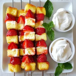 Für die Erdbeer-Shortcake-Kabobs benötigen Sie: - 2 Tassen frische Erdbeeren, entkelcht - 1 Tasse Butterkuchen, in 2,5 cm große Würfel geschnitten - 1 Tasse Schlagsahne (gekauft oder selbstgemacht) - 2 Esslöffel Honig (optional) - 1 Teelöffel Vanilleextrakt - ½ Tasse Schokoladenstückchen (zum Drizzlen, optional) - Frische Minzblätter zur Dekoration (optional) Wählen Sie Erdbeeren, die fest und rot sind. Achten Sie darauf, dass sie keine grünen Stellen haben. Frische Erdbeeren duften süß und sind saftig. Wenn Sie im Supermarkt einkaufen, sehen Sie nach, ob die Erdbeeren gut verpackt sind. Vermeiden Sie beschädigte oder matschige Erdbeeren. Lokale Erdbeeren sind oft besser, da sie frisch sind. Wenn Sie keinen Butterkuchen haben, können Sie auch andere Kuchen verwenden. Ein einfacher Vanillekuchen passt sehr gut. Auch Biskuitkuchen oder sogar Kekse können eine gute Wahl sein. Diese Alternativen bringen einen neuen Geschmack in die Kabobs. Experimentieren Sie mit verschiedenen Sorten, um Ihre Lieblingskombination zu finden. {{ingredient_image_2}} Zuerst waschen Sie die Erdbeeren gründlich. Entfernen Sie die grünen Blätter. Dann schneiden Sie den Butterkuchen in gleich große Würfel. Achten Sie darauf, dass die Würfel etwa 2,5 cm groß sind. Für die Schlagsahne, falls Sie sie selbst machen, schlagen Sie die Sahne mit Vanilleextrakt und Honig. So erhalten Sie eine süße und luftige Mischung. Nehmen Sie einen Schaschlikspieß. Beginnen Sie mit einer Erdbeere. Fügen Sie dann einen Würfel Butterkuchen hinzu. Danach kommt eine weitere Erdbeere. Wechseln Sie die Zutaten ab, bis der Spieß voll ist. Achten Sie darauf, an den Enden Platz zu lassen. So können Sie die Kabobs leichter halten. Wiederholen Sie diesen Prozess für alle Spieße. Wenn Sie gerne Schokolade hinzufügen möchten, schmelzen Sie die Schokoladenstückchen. Benutzen Sie dazu einen kleinen Topf bei niedriger Hitze. Rühren Sie die Schokolade, bis sie glatt ist. Danach träufeln Sie die geschmolzene Schokolade über die Kabobs. Dies bringt einen leckeren, dekadenten Geschmack. Servieren Sie die Kabobs direkt nach dem Dekorieren. Um die perfekte Schlagsahne zu machen, brauchen Sie kalte Sahne. Kalte Sahne schlägt besser. Verwenden Sie eine große Schüssel. Eine große Schüssel hilft, die Sahne gut zu schlagen. Fügen Sie 1 Teelöffel Vanilleextrakt hinzu. Der Vanilleextrakt gibt einen tollen Geschmack. Wenn Sie süße Sahne wollen, fügen Sie 2 Esslöffel Honig hinzu. Schlagen Sie die Sahne, bis weiche Spitzen entstehen. Das dauert etwa 2 bis 4 Minuten. Sehen Sie gut zu, dass Sie die Sahne nicht übermixen. Übermixen macht die Sahne klumpig und butterartig. Um die Erdbeer-Shortcake-Kabobs frisch zu halten, lagern Sie sie im Kühlschrank. Legen Sie sie in einen luftdichten Behälter. So bleiben die Kabobs saftig und lecker. Wenn Sie Schokoladensoße verwendet haben, bewahren Sie die Kabobs getrennt auf. Schokoladensoße kann die Kabobs weich machen. Essen Sie die Kabobs innerhalb von 1 bis 2 Tagen. So sind sie am besten im Geschmack. Die Präsentation macht viel aus! Stellen Sie die Kabobs auf einem schönen Teller an. Sie können sie in einer Reihe oder im Kreis anordnen. Für einen besonderen Touch, garnieren Sie die Kabobs mit frischen Minzblättern. Minze gibt einen schönen Farbkontrast. Ein Klecks Schlagsahne auf der Seite sieht auch toll aus. So haben Ihre Gäste eine Möglichkeit zum Dippen. Wenn Sie die Kabobs für eine Feier machen, verwenden Sie bunte Spieße. Bunte Spieße ziehen die Blicke an und machen Spaß! Pro Tipps Frische Erdbeeren: Wählen Sie reife, süße Erdbeeren für den besten Geschmack. Achten Sie darauf, sie gut zu waschen und zu entkelchen. Butterkuchen-Variationen: Experimentieren Sie mit verschiedenen Kuchenarten, wie Biskuit oder sogar Schokoladenkuchen, um interessante Geschmackskombinationen zu erzielen. Schlagsahne-Optionen: Für eine leichtere Variante können Sie griechischen Joghurt anstelle von Schlagsahne verwenden. Fügen Sie etwas Zucker und Vanille hinzu, um den Geschmack zu verbessern. Präsentation: Richten Sie die Kabobs auf einer schönen Platte an und garnieren Sie sie mit frischen Minzblättern, um einen ansprechenden Look zu erzielen. {{image_4}} Erdbeeren sind toll, aber viele Früchte passen auch gut. Du kannst zum Beispiel Himbeeren oder Blaubeeren verwenden. Auch Stücke von Pfirsichen oder Ananas bringen einen frischen Geschmack. Jedes Obst hat seinen eigenen Charme. So kannst du die Kabobs nach deinem Geschmack anpassen. Wenn du glutenfrei essen musst, gibt es viele Möglichkeiten. Du kannst glutenfreies Brot für die Kabobs nutzen. Viele Bäckereien bieten solche Brote an. Auch für die Schlagsahne gibt es Alternativen. Du kannst Kokoscreme oder pflanzliche Sahne verwenden. Diese Optionen sind lecker und gesund. Die Jahreszeiten bieten viele tolle Früchte. Im Sommer sind Erdbeeren perfekt, aber im Herbst kannst du Äpfel und Birnen verwenden. Im Winter sind Mandarinen und Granatäpfel eine schöne Wahl. Du kannst die Kabobs kreativ anrichten. Stelle sie auf einem schönen Teller dar und garniere sie mit frischen Kräutern. Um Erdbeer-Shortcake-Kabobs frisch zu halten, lege sie in eine luftdichte Box. Benutze Frischhaltefolie, wenn du keine Box hast. So vermeidest du, dass sie austrocknen oder ihren Geschmack verlieren. Stelle sicher, dass die Kabobs nicht direkt mit der Luft in Kontakt kommen. Lagere sie im Kühlschrank, um die Frische zu bewahren. Du kannst die Kabobs bis zu zwei Stunden vor dem Servieren vorbereiten. Bereite die Zutaten vor, aber stelle die Kabobs erst kurz vor dem Servieren zusammen. So bleiben die Erdbeeren frisch und saftig. Wenn du die Schlagsahne selbst machst, bewahre sie in einem separaten Behälter auf, um die Frische zu garantieren. Erdbeer-Shortcake-Kabobs sind im Kühlschrank etwa zwei Tage haltbar. Nach dieser Zeit können die Erdbeeren weich werden. Wenn du sie länger aufbewahren möchtest, lagere die Zutaten getrennt. So kannst du die Kabobs frisch zubereiten, wann immer du Lust darauf hast. Um Schlagsahne selbst zu machen, brauchen Sie nur ein paar Zutaten. Nehmen Sie eine Tasse frische Sahne. Gießen Sie diese in eine große Schüssel. Fügen Sie einen Teelöffel Vanilleextrakt hinzu. Wenn Sie es süßer mögen, geben Sie auch zwei Esslöffel Honig hinein. Schlagen Sie die Mischung mit einem Handmixer oder Schneebesen, bis sie weiche Spitzen bildet. Achten Sie darauf, die Sahne nicht zu lange zu schlagen, sonst wird sie butterig. Ja, Sie können die Kabobs im Voraus zubereiten. Stellen Sie sie einfach bis zu zwei Stunden vor dem Servieren zusammen. Lagern Sie die Kabobs im Kühlschrank. Bedecken Sie sie mit Frischhaltefolie, damit sie frisch bleiben. Wenn Sie die Kabobs länger aufbewahren möchten, bereiten Sie die Zutaten vor und stellen Sie die Kabobs erst kurz vor dem Servieren zusammen. Für Allergien gibt es viele gute Ersatzzutaten. Wenn jemand gegen Milch allergisch ist, können Sie Kokoscreme anstelle von Schlagsahne verwenden. Für glutenfreie Kabobs nutzen Sie glutenfreies Brot anstelle von Butterkuchen. Wenn Sie keinen Honig verwenden können, nehmen Sie Agavensirup oder einen anderen Süßstoff. Achten Sie darauf, die Zutaten stets zu prüfen, um allergieauslösende Stoffe zu vermeiden. Erdbeer-Shortcake-Kabobs sind einfach und lecker. Wir haben die besten Zutaten und Anleitungen besprochen. Eine gute Schlagsahne macht den Unterschied. Auch die Lagerung ist wichtig für frischen Genuss. Denke an Variationen, um deine Kabobs zu verändern. Probiere verschiedene Früchte und diätfreundliche Zutaten. So bleibt alles spannend. Mach deine Kabobs zu einem echten Hit. Viel Spaß beim Ausprobieren und Genießen!