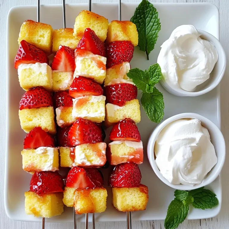 Für die Erdbeer-Shortcake-Kabobs benötigen Sie: - 2 Tassen frische Erdbeeren, entkelcht - 1 Tasse Butterkuchen, in 2,5 cm große Würfel geschnitten - 1 Tasse Schlagsahne (gekauft oder selbstgemacht) - 2 Esslöffel Honig (optional) - 1 Teelöffel Vanilleextrakt - ½ Tasse Schokoladenstückchen (zum Drizzlen, optional) - Frische Minzblätter zur Dekoration (optional) Wählen Sie Erdbeeren, die fest und rot sind. Achten Sie darauf, dass sie keine grünen Stellen haben. Frische Erdbeeren duften süß und sind saftig. Wenn Sie im Supermarkt einkaufen, sehen Sie nach, ob die Erdbeeren gut verpackt sind. Vermeiden Sie beschädigte oder matschige Erdbeeren. Lokale Erdbeeren sind oft besser, da sie frisch sind. Wenn Sie keinen Butterkuchen haben, können Sie auch andere Kuchen verwenden. Ein einfacher Vanillekuchen passt sehr gut. Auch Biskuitkuchen oder sogar Kekse können eine gute Wahl sein. Diese Alternativen bringen einen neuen Geschmack in die Kabobs. Experimentieren Sie mit verschiedenen Sorten, um Ihre Lieblingskombination zu finden. {{ingredient_image_2}} Zuerst waschen Sie die Erdbeeren gründlich. Entfernen Sie die grünen Blätter. Dann schneiden Sie den Butterkuchen in gleich große Würfel. Achten Sie darauf, dass die Würfel etwa 2,5 cm groß sind. Für die Schlagsahne, falls Sie sie selbst machen, schlagen Sie die Sahne mit Vanilleextrakt und Honig. So erhalten Sie eine süße und luftige Mischung. Nehmen Sie einen Schaschlikspieß. Beginnen Sie mit einer Erdbeere. Fügen Sie dann einen Würfel Butterkuchen hinzu. Danach kommt eine weitere Erdbeere. Wechseln Sie die Zutaten ab, bis der Spieß voll ist. Achten Sie darauf, an den Enden Platz zu lassen. So können Sie die Kabobs leichter halten. Wiederholen Sie diesen Prozess für alle Spieße. Wenn Sie gerne Schokolade hinzufügen möchten, schmelzen Sie die Schokoladenstückchen. Benutzen Sie dazu einen kleinen Topf bei niedriger Hitze. Rühren Sie die Schokolade, bis sie glatt ist. Danach träufeln Sie die geschmolzene Schokolade über die Kabobs. Dies bringt einen leckeren, dekadenten Geschmack. Servieren Sie die Kabobs direkt nach dem Dekorieren. Um die perfekte Schlagsahne zu machen, brauchen Sie kalte Sahne. Kalte Sahne schlägt besser. Verwenden Sie eine große Schüssel. Eine große Schüssel hilft, die Sahne gut zu schlagen. Fügen Sie 1 Teelöffel Vanilleextrakt hinzu. Der Vanilleextrakt gibt einen tollen Geschmack. Wenn Sie süße Sahne wollen, fügen Sie 2 Esslöffel Honig hinzu. Schlagen Sie die Sahne, bis weiche Spitzen entstehen. Das dauert etwa 2 bis 4 Minuten. Sehen Sie gut zu, dass Sie die Sahne nicht übermixen. Übermixen macht die Sahne klumpig und butterartig. Um die Erdbeer-Shortcake-Kabobs frisch zu halten, lagern Sie sie im Kühlschrank. Legen Sie sie in einen luftdichten Behälter. So bleiben die Kabobs saftig und lecker. Wenn Sie Schokoladensoße verwendet haben, bewahren Sie die Kabobs getrennt auf. Schokoladensoße kann die Kabobs weich machen. Essen Sie die Kabobs innerhalb von 1 bis 2 Tagen. So sind sie am besten im Geschmack. Die Präsentation macht viel aus! Stellen Sie die Kabobs auf einem schönen Teller an. Sie können sie in einer Reihe oder im Kreis anordnen. Für einen besonderen Touch, garnieren Sie die Kabobs mit frischen Minzblättern. Minze gibt einen schönen Farbkontrast. Ein Klecks Schlagsahne auf der Seite sieht auch toll aus. So haben Ihre Gäste eine Möglichkeit zum Dippen. Wenn Sie die Kabobs für eine Feier machen, verwenden Sie bunte Spieße. Bunte Spieße ziehen die Blicke an und machen Spaß! Pro Tipps Frische Erdbeeren: Wählen Sie reife, süße Erdbeeren für den besten Geschmack. Achten Sie darauf, sie gut zu waschen und zu entkelchen. Butterkuchen-Variationen: Experimentieren Sie mit verschiedenen Kuchenarten, wie Biskuit oder sogar Schokoladenkuchen, um interessante Geschmackskombinationen zu erzielen. Schlagsahne-Optionen: Für eine leichtere Variante können Sie griechischen Joghurt anstelle von Schlagsahne verwenden. Fügen Sie etwas Zucker und Vanille hinzu, um den Geschmack zu verbessern. Präsentation: Richten Sie die Kabobs auf einer schönen Platte an und garnieren Sie sie mit frischen Minzblättern, um einen ansprechenden Look zu erzielen. {{image_4}} Erdbeeren sind toll, aber viele Früchte passen auch gut. Du kannst zum Beispiel Himbeeren oder Blaubeeren verwenden. Auch Stücke von Pfirsichen oder Ananas bringen einen frischen Geschmack. Jedes Obst hat seinen eigenen Charme. So kannst du die Kabobs nach deinem Geschmack anpassen. Wenn du glutenfrei essen musst, gibt es viele Möglichkeiten. Du kannst glutenfreies Brot für die Kabobs nutzen. Viele Bäckereien bieten solche Brote an. Auch für die Schlagsahne gibt es Alternativen. Du kannst Kokoscreme oder pflanzliche Sahne verwenden. Diese Optionen sind lecker und gesund. Die Jahreszeiten bieten viele tolle Früchte. Im Sommer sind Erdbeeren perfekt, aber im Herbst kannst du Äpfel und Birnen verwenden. Im Winter sind Mandarinen und Granatäpfel eine schöne Wahl. Du kannst die Kabobs kreativ anrichten. Stelle sie auf einem schönen Teller dar und garniere sie mit frischen Kräutern. Um Erdbeer-Shortcake-Kabobs frisch zu halten, lege sie in eine luftdichte Box. Benutze Frischhaltefolie, wenn du keine Box hast. So vermeidest du, dass sie austrocknen oder ihren Geschmack verlieren. Stelle sicher, dass die Kabobs nicht direkt mit der Luft in Kontakt kommen. Lagere sie im Kühlschrank, um die Frische zu bewahren. Du kannst die Kabobs bis zu zwei Stunden vor dem Servieren vorbereiten. Bereite die Zutaten vor, aber stelle die Kabobs erst kurz vor dem Servieren zusammen. So bleiben die Erdbeeren frisch und saftig. Wenn du die Schlagsahne selbst machst, bewahre sie in einem separaten Behälter auf, um die Frische zu garantieren. Erdbeer-Shortcake-Kabobs sind im Kühlschrank etwa zwei Tage haltbar. Nach dieser Zeit können die Erdbeeren weich werden. Wenn du sie länger aufbewahren möchtest, lagere die Zutaten getrennt. So kannst du die Kabobs frisch zubereiten, wann immer du Lust darauf hast. Um Schlagsahne selbst zu machen, brauchen Sie nur ein paar Zutaten. Nehmen Sie eine Tasse frische Sahne. Gießen Sie diese in eine große Schüssel. Fügen Sie einen Teelöffel Vanilleextrakt hinzu. Wenn Sie es süßer mögen, geben Sie auch zwei Esslöffel Honig hinein. Schlagen Sie die Mischung mit einem Handmixer oder Schneebesen, bis sie weiche Spitzen bildet. Achten Sie darauf, die Sahne nicht zu lange zu schlagen, sonst wird sie butterig. Ja, Sie können die Kabobs im Voraus zubereiten. Stellen Sie sie einfach bis zu zwei Stunden vor dem Servieren zusammen. Lagern Sie die Kabobs im Kühlschrank. Bedecken Sie sie mit Frischhaltefolie, damit sie frisch bleiben. Wenn Sie die Kabobs länger aufbewahren möchten, bereiten Sie die Zutaten vor und stellen Sie die Kabobs erst kurz vor dem Servieren zusammen. Für Allergien gibt es viele gute Ersatzzutaten. Wenn jemand gegen Milch allergisch ist, können Sie Kokoscreme anstelle von Schlagsahne verwenden. Für glutenfreie Kabobs nutzen Sie glutenfreies Brot anstelle von Butterkuchen. Wenn Sie keinen Honig verwenden können, nehmen Sie Agavensirup oder einen anderen Süßstoff. Achten Sie darauf, die Zutaten stets zu prüfen, um allergieauslösende Stoffe zu vermeiden. Erdbeer-Shortcake-Kabobs sind einfach und lecker. Wir haben die besten Zutaten und Anleitungen besprochen. Eine gute Schlagsahne macht den Unterschied. Auch die Lagerung ist wichtig für frischen Genuss. Denke an Variationen, um deine Kabobs zu verändern. Probiere verschiedene Früchte und diätfreundliche Zutaten. So bleibt alles spannend. Mach deine Kabobs zu einem echten Hit. Viel Spaß beim Ausprobieren und Genießen!